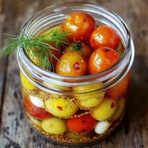 - 1 pint cherry tomatoes, rinsed and stems removed - 1 cup water - 1 cup apple cider vinegar - 2 tablespoons sea salt - 2 tablespoons sugar - 1 teaspoon mustard seeds - 1 teaspoon coriander seeds - 1 teaspoon red pepper flakes - 2 garlic cloves, smashed - 1 sprig fresh dill (or 1 teaspoon dried dill) To make pickled cherry tomatoes, you need fresh, ripe cherry tomatoes. They should be firm and bright in color. Rinse them well and remove the stems. The key to flavor lies in the brine. You will mix water with apple cider vinegar for a tangy kick. Adding sea salt and sugar balances the sourness and adds sweetness. Mustard seeds and coriander seeds give a nice crunch and flavor. Red pepper flakes add heat, but you can adjust this to your taste. Smashed garlic cloves add depth to the brine. Fresh dill gives a fragrant touch, and dried dill works well if fresh isn’t available. This list keeps it simple and gives you all the flavors you need for a delicious snack. Remember, the quality of ingredients matters a lot. Fresh, high-quality items make the best pickles. For the full recipe, check out the instructions that follow. To start, you need to sterilize your glass jar. This step is very important to keep your pickles safe. You can wash the jar in hot soapy water and rinse it well. If you prefer, you can run it through the dishwasher. Clean jars help prevent bacteria from ruining your pickles. Next, we will make the brine for the pickles. In a medium saucepan, mix together one cup of water, one cup of apple cider vinegar, two tablespoons of sea salt, and two tablespoons of sugar. Heat the mixture on medium heat. Stir until both the salt and sugar dissolve completely. Once done, take it off the heat and let it cool a bit. This cooling process is key for the brine to blend well. Now, it's time to pack the jar with cherry tomatoes. Take your rinsed cherry tomatoes and gently pack them into the sterilized jar. Leave some space at the top for the brine. After that, add in the flavor! Toss in the mustard seeds, coriander seeds, red pepper flakes, and smashed garlic cloves. Don’t forget to add the fresh dill or dried dill too. These spices will give your pickles a wonderful taste. Finally, pour the cooled brine over the tomatoes. Make sure the tomatoes are fully submerged. Leave about half an inch of space at the top. Seal the jar tightly with a lid. Let it cool to room temperature. After it cools, place the jar in the fridge. Wait at least 24 hours before you enjoy your pickled cherry tomatoes. The flavors will get better the longer you wait. Enjoy the taste of summer, even in the cold months! For the full recipe, click here. When you pick cherry tomatoes, go for the sweet, round ones. The best types for pickling are the small, firm varieties. Look for colors that shine, like bright red, yellow, or even orange. To check ripeness, squeeze the tomato gently. It should feel firm but not hard. Good quality tomatoes have no blemishes or spots. Fresh tomatoes taste better and give your pickles a great flavor. You can make your pickled tomatoes unique by adding spices. Consider using dill, garlic, or mustard seeds for a punch. If you like heat, add more red pepper flakes. You can also adjust the sweetness. Use more sugar for a sweeter taste or less for a tangy bite. This way, you create pickles that fit your taste perfectly. For the best taste, let your tomatoes pickle for at least 24 hours. The longer they sit, the more flavor they soak up. I recommend waiting a week if you can. To enhance flavor infusion, make sure the brine covers all tomatoes. When you pack them tightly, they mix better with the spices. A little extra time can transform simple tomatoes into a tasty treat. Try the Full Recipe for a delightful experience! {{image_2}} You can pickled all sorts of veggies! Here are some tasty options: - Cucumbers - Carrots - Bell peppers - Cauliflower - Radishes Quick pickling is fast and easy. You prepare the brine, then soak the veggies for a short time. Traditional pickling takes longer but gives deeper flavors. It often involves canning and sealing jars for storage. Pickled cherry tomatoes add a burst of flavor to many dishes. Try these ideas to use them: - Toss them into salads for a zesty kick. - Add them to sandwiches for extra crunch. - Use them as a topping on tacos or nachos. You can also mix them into unique recipes, like: - Pasta salad with pickled tomatoes, basil, and mozzarella. - Risotto topped with pickled tomatoes for a tangy twist. - A simple bruschetta with pickled tomatoes, garlic, and olive oil. These ideas can elevate your meals and impress your guests. Check the Full Recipe for more details on pickling! To store your pickled cherry tomatoes, keep them in the fridge. This keeps them fresh and tasty. Use a clean, airtight jar. Ensure the tomatoes are submerged in the brine. This helps prevent spoilage. Homemade pickles last about 2 to 3 weeks in the fridge. Once opened, consume them within a week for the best taste. If you want to store them longer, try canning. However, this requires more steps and careful sealing. Check your pickled tomatoes for signs of spoilage. Look for any changes in color or texture. If the tomatoes feel mushy or slimy, it’s time to toss them. Also, smell the jar. If it has an off or bad smell, do not eat them. Always trust your senses. If you have doubts about their safety, it's best to throw them out. Safety first! Enjoy your pickled cherry tomatoes while they are fresh and safe to eat. Pickled cherry tomatoes can last up to two months in the fridge. Make sure to keep them in a sealed jar. Always check for any off smells or signs of spoilage before eating. Yes, you can use regular tomatoes. However, they will not have the same bite. Cherry tomatoes are sweeter and more flavorful. They also hold their shape better during pickling. Yes, pickled cherry tomatoes are healthy. They are low in calories and packed with vitamins. They contain antioxidants, which help fight free radicals. The brine can also provide probiotics if not heated too much. You can find pickled cherry tomatoes at many grocery stores. Look in the condiment aisle or at specialty shops. Local farmers' markets may also have them fresh and homemade. You can enjoy pickled cherry tomatoes in many ways. Serve them on a charcuterie board with cheese and crackers. They also make a great salad topping or sandwich garnish. For a unique dish, try them in pasta or rice salads. For the full recipe, check out the details above! You now know how to pickle cherry tomatoes step by step. We covered ingredients, jar preparation, and brine-making. Remember, cleanliness is key for safe pickling. You can customize flavors and even pickle other veggies. Store your jars well and watch for signs of spoilage. Enjoying these pickles adds a tasty twist to many dishes. Try your hand at making them, and you'll delight your taste buds! Happy pickling!