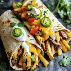 To make the Steak & Cheese Dirty Fry Burritos, you need a few key ingredients. Here's a complete list: - 1 lb flank steak, thinly sliced - 2 tablespoons olive oil - Seasoning requirements: garlic powder, onion powder, smoked paprika, salt, and pepper - 2 cups frozen French fries - 1 cup shredded cheddar cheese - 4 large flour tortillas - Optional toppings: sour cream, diced tomatoes, sliced jalapeños, and fresh cilantro With these ingredients ready, you can create a tasty meal. The flank steak gives a rich flavor. The spices add a nice kick. The fries give a crunchy texture, making the burrito stand out. You can customize your burrito with the optional toppings. Sour cream adds creaminess. Diced tomatoes bring freshness. Jalapeños give a spicy touch. Fresh cilantro brightens up the dish. Gather all these items before you start cooking. It makes the process smoother and more fun. If you want all the steps to make these delicious burritos, check out the Full Recipe. To cook the flank steak, start by heating 2 tablespoons of olive oil in your skillet over medium-high heat. This will help give your steak a nice sear. Next, season the steak with 1 teaspoon of garlic powder, 1 teaspoon of onion powder, 1 teaspoon of smoked paprika, and salt and pepper to taste. Cook the steak for about 5-7 minutes until it is browned and cooked to your liking. After cooking, remove it from heat and let it rest for a few minutes. This helps the juices stay in the meat. While you cook the steak, it’s time to prepare the fries. Bake 2 cups of frozen French fries according to the package instructions. This will ensure they turn out crispy and tasty. You want them nice and golden for the burrito! Next, warm your flour tortillas. You can do this in two ways. Use a dry skillet over medium heat for about 30 seconds on each side. Or, wrap them in foil and place them in the oven for a few minutes. This makes the tortillas soft and easy to fold. Now it’s time to build your burrito! Lay each tortilla flat on your counter. In the center, place about 1/2 cup of those crispy fries. Then add a portion of your cooked steak. Top it off with shredded cheddar cheese, diced tomatoes, and sliced jalapeños if you like some heat. Once your burrito is assembled, fold the sides of the tortilla over the filling. Roll it tightly from the bottom to the top. Place the wrapped burrito seam side down in the same skillet you used for the steak. Grill each side for 2-3 minutes until it is golden brown, and the cheese has melted. This gives the burrito a nice crunch! After grilling, cut the burrito in half for easy eating. Drizzle some sour cream on top and garnish with fresh cilantro. This adds a burst of color and flavor. Enjoy your Steak & Cheese Dirty Fry Burritos! For the complete recipe, check out the Full Recipe section. To get the best flavor from your steak, aim for medium-rare. This means cooking it until it reaches an internal temperature of 130-135°F. Use a meat thermometer for accuracy. Season with salt and pepper before cooking. Don’t skip the garlic powder and smoked paprika. They add depth to the flavor. You can try adding a pinch of cayenne for heat or some cumin for a warm spice. If you love herbs, fresh thyme or rosemary works great too. Mix and match spices to find your perfect blend. Don't be afraid to get creative! To keep your burrito closed, fold in the sides first. Then, roll it tightly from the bottom up. This method helps hold everything inside. You can also use a bit of cheese in the wrap to help seal it. Make sure the seam side is down when you grill it. This keeps it closed while cooking. {{image_2}} You can easily make a tasty vegetarian version of the Steak & Cheese Dirty Fry Burritos. Instead of steak, try using grilled veggies or beans. Grilled bell peppers, zucchini, and onions add great flavor. You can also use black beans or pinto beans for protein. They give the burritos a hearty feel without meat. Just season them the same way as the steak. This keeps the dish exciting and satisfying. Cheddar cheese is a classic choice, but feel free to mix it up. Try pepper jack for a spicy kick. Monterey Jack melts beautifully and adds creaminess. Even a blend of different cheeses can enhance the flavor. You could use feta for a tangy twist or mozzarella for a mild taste. Experiment with what you love most. Different cheeses can change the whole vibe of your burrito. Don't forget about toppings! Avocado adds a creamy texture and fresh flavor. You can also try salsa for a zesty kick or guacamole for extra richness. Chopped green onions can give a nice crunch. If you love heat, add some sliced jalapeños or hot sauce. Don't hold back on garnishing. Each topping adds personality to your burrito, making it even more delicious. For more ideas, check out the Full Recipe for inspiration. To store Steak & Cheese Dirty Fry Burritos, let them cool down first. Wrap each burrito in plastic wrap or foil. Place the wrapped burritos in an airtight container. This helps keep them fresh and tasty. You can refrigerate them for up to three days. For longer storage, freeze them. Just make sure to wrap them well. They can last in the freezer for up to three months. To reheat your burritos, you want to keep that great texture. Start by unwrapping the burrito. Place it in a skillet over medium heat. Cook for about 5-7 minutes on each side. This will help it get crispy again. You can also use an oven. Preheat it to 350°F (175°C) and bake for about 15 minutes. This way, your burrito warms up nicely without getting soggy. How long can you safely eat leftovers? If stored in the fridge, aim to eat them within three days. If you've frozen them, they are safe for about three months. After that, the taste and quality may drop. Always check for any signs of spoilage before eating. If it smells off or looks weird, toss it out to stay safe. For the full recipe, check out the main article. To start, gather the basic ingredients. You need flank steak, olive oil, and spices. Cook the steak in olive oil and season it well. Then, bake frozen French fries until crispy. Warm large flour tortillas in a skillet. For each tortilla, add fries, steak, and cheese. Wrap it up tightly and grill until golden. That's it! You can find the full recipe here. Yes, you can! Try using sirloin, ribeye, or skirt steak. Each cut has its own flavor and texture. Sirloin is leaner, while ribeye has more fat for richness. Skirt steak is great for a quick cook and adds a nice chew. Just remember to slice against the grain for tenderness. These burritos pair well with a fresh salad or some chips and salsa. You could also serve them with guacamole or a side of refried beans. A simple corn salad adds brightness and crunch. Choose sides that balance the richness of the burrito. One common mistake is overcooking the steak. It should be browned but still juicy. Another pitfall is not warming the tortillas. Cold tortillas can crack and break. Finally, don’t overfill the burrito. It makes wrapping tough. Keep it simple for the best results. You now have a tasty recipe for Steak & Cheese Dirty Fry Burritos. From selecting ingredients to grilling, each step makes a difference. Remember to try different cheeses or toppings for fun twists. If you have leftovers, store them right for later enjoyment. Enjoy making this dish and impress your friends. Cooking can be simple and rewarding, and now you’re ready to create a burrito bursting with flavor. Dive in and savor your creation!