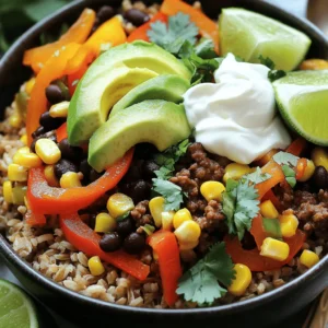 - 1 lb ground beef - 1 tablespoon olive oil - 1 small onion, diced - 2 cloves garlic, minced - 1 bell pepper (any color), diced - 1 cup uncooked brown rice - 2 cups beef broth or water - 1 can (15 oz) black beans, drained and rinsed - 1 cup corn (canned or frozen) - 1 teaspoon cumin - 1 teaspoon chili powder - ½ teaspoon smoked paprika - Salt and pepper to taste - 1 cup diced tomatoes (fresh or canned) - ½ cup shredded cheese (cheddar or Monterey Jack) - ½ cup sour cream or Greek yogurt - 1 avocado, sliced - Fresh cilantro for garnish - Lime wedges for serving Common spices like cumin, chili powder, and smoked paprika bring great flavor. You can change the spices to fit your taste. For a spicy kick, try adding cayenne or crushed red pepper. For a milder bowl, use just salt and pepper. Each spice adds its own twist to the dish, so feel free to experiment. You can even try herbs like oregano or thyme for a fresh touch. Start by prepping your ingredients. Gather everything you need. You will need: - 1 lb ground beef - 1 tablespoon olive oil - 1 small onion, diced - 2 cloves garlic, minced - 1 bell pepper, diced - 1 cup uncooked brown rice - 2 cups beef broth or water - 1 can black beans, drained - 1 cup corn - 1 teaspoon cumin - 1 teaspoon chili powder - ½ teaspoon smoked paprika - Salt and pepper to taste - 1 cup diced tomatoes - ½ cup shredded cheese - ½ cup sour cream or Greek yogurt - 1 avocado, sliced - Fresh cilantro for garnish - Lime wedges for serving Next, cook the rice. Bring the beef broth or water to a boil in a pot. Add the brown rice. Cover and reduce the heat to low. Let it simmer for about 45 minutes. The rice should absorb all the liquid and be nice and fluffy. Now let’s cook the beef. Heat olive oil in a large skillet over medium heat. Add the diced onion and cook until it turns translucent, about 3 to 4 minutes. Then, add minced garlic and diced bell pepper. Cook for another 2 to 3 minutes until the peppers soften. Turn the heat to medium-high and add the ground beef. Cook it for 6 to 8 minutes, breaking it apart with a spoon. You want it browned and fully cooked. Stir in the cumin, chili powder, smoked paprika, salt, and pepper. This will give the beef great flavor. Now it’s time to assemble your burrito bowl. Start with a base of the seasoned brown rice. Spoon the beef mixture on top. Make it look nice! Next, sprinkle on the shredded cheese. Add a dollop of sour cream or Greek yogurt. Then, top it off with avocado slices. For the final touch, garnish with fresh cilantro and serve with lime wedges on the side. A squeeze of lime adds a bright flavor. Enjoy your flavorful and filling beefy fiesta burrito bowl! For detailed cooking steps, refer to the Full Recipe. To avoid dry beef, use medium-high heat. This cooks the beef quickly, keeping it juicy. Break it apart while cooking, so it browns evenly. Adding onion and bell pepper gives moisture and flavor. Spice it up with cumin, chili powder, and smoked paprika. These spices add warmth and depth to your dish. For a fun look, serve in deep bowls. Start with a colorful layer of rice. Add the beef mixture on top, then sprinkle cheese. A dollop of sour cream and slices of avocado add creaminess. Finish with fresh cilantro and a lime wedge. This not only tastes great but looks amazing too! Meal prepping works wonders for busy nights. Cook a big batch of the beef mixture and rice ahead of time. Store them in the fridge for quick reheating. Also, consider using instant rice. It cooks faster and saves time. This way, you can enjoy a delicious burrito bowl without the wait. {{image_2}} You can swap ground beef for lean ground turkey or chicken. This keeps the bowl lower in fat. For a plant-based option, try lentils or black beans. These options add protein and fiber, making your meal filling and nutritious. To change things up, try adding spices from other cuisines. For a Mediterranean twist, mix in oregano and lemon juice. For an Asian flair, use soy sauce and sesame oil. Experiment with sauces like salsa verde or chipotle for a kick. These can elevate your bowl and surprise your taste buds. You can create a Southwest burrito bowl by adding roasted sweet potatoes and corn salsa. This version feels bright and fresh. For a Tex-Mex twist, use spicy chorizo instead of ground beef. Top it off with jalapeños to bring heat. Each style offers new flavors and experiences, making your burrito bowl unique every time. For the full recipe, check out the Beefy Fiesta Burrito Bowl . To store leftovers, place the burrito bowl in an airtight container. Let it cool before sealing. Use it within three days for the best taste. Always check if it smells or looks off before eating. To keep it fresh, separate the toppings. Store cheese, sour cream, and avocado in small containers. You can freeze the beef and rice mixture. Place it in a freezer-safe bag. Squeeze out the air and seal tightly. For best taste, use it within three months. When reheating, thaw it in the fridge overnight. Heat in a skillet or microwave until hot. Ensure it reaches 165°F for safety. To know if it’s gone bad, check for any off smell or mold. If the texture feels slimy, it’s time to toss it. The burrito bowl lasts about three days in the fridge. For frozen meals, aim to eat them within three months for best quality. Always trust your senses; they guide you well! To make a burrito bowl, start by cooking the beef. Heat olive oil in a skillet. Add diced onion and cook until soft. Then, add minced garlic and diced bell pepper. Once they soften, add the ground beef. Cook until browned. Next, stir in spices like cumin and chili powder. Cook rice separately with beef broth. Once done, mix it with beans and corn. Finally, layer everything in a bowl. Yes, you can use other meats. Ground turkey, chicken, or pork work well. If using turkey or chicken, reduce cooking time slightly. For pork, you might want to cook it longer to ensure it is tender. Toppings can really boost the flavor. Here are some popular choices: - Shredded cheese (like cheddar) - Sour cream or Greek yogurt - Fresh avocado slices - Diced tomatoes - Fresh cilantro - Salsa or guacamole To make it healthier, consider these tips: - Use leaner ground beef or turkey. - Replace sour cream with Greek yogurt. - Add more veggies like spinach or zucchini. - Use brown rice for more fiber. - Watch portion sizes to control calories. Here are some great side dishes: - Fresh salad with lime dressing - Tortilla chips with salsa - Grilled veggies like peppers and zucchini - Corn on the cob - A light soup, like tortilla soup Discover the full recipe to create your own Ground Beef Burrito Bowl! In this article, we explored how to create a great burrito bowl. We covered the key ingredients like ground beef, rice alternatives, and tasty toppings. You learned step-by-step instructions for prepping, cooking, and assembling your bowl. I shared tips to keep your beef moist and ideas for a nice presentation. You can also swap ingredients for variety and store leftovers properly. Enjoy experimenting with flavors and find the best combinations. Now, go make your burrito bowl and savor every bite!