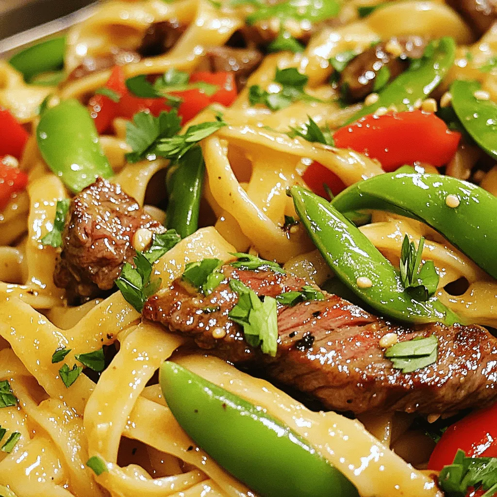 To make Sweet and Spicy Garlic Steak Pasta, gather simple yet bold ingredients. This dish balances sweet, spicy, and savory flavors. The full recipe includes ingredients that make each bite a delight. - 8 oz spaghetti or fettuccine: This is your pasta base. Choose your favorite type. - 1 lb sirloin steak: Slice it into thin strips. This gives you tender bites. - 4 cloves garlic: Minced garlic adds a strong and fragrant flavor. - 1 tablespoon honey: This brings sweetness and helps caramelize the steak. - 2 tablespoons soy sauce: This adds saltiness and umami depth to the dish. - 1 teaspoon red pepper flakes: Adjust to taste for that spicy kick. - 1 tablespoon olive oil: This is used to cook the steak and vegetables. - 1 bell pepper: Slice it thin for color and crunch. Red or yellow works best. - 1 cup snap peas or green beans: These add sweetness and crunch. - Salt and pepper to taste: Essential for seasoning. - 2 green onions: Chopped for garnish. They add freshness. - Fresh cilantro or parsley: Optional for garnish. They enhance the dish’s color. Feel free to customize your dish. Add toppings like sliced avocado or a sprinkle of sesame seeds. You can also include more veggies like mushrooms or carrots. Each addition can change the flavor and texture. Enjoy experimenting! First, fill a large pot with water. Add salt to the water. Bring it to a boil. Once boiling, add 8 ounces of spaghetti or fettuccine. Cook the pasta according to the package instructions. You want it to be al dente. This means it should be firm to the bite. After cooking, drain the pasta. Save half a cup of the pasta water. Set the pasta aside for now. Next, we’ll marinate the steak. Take 1 pound of sirloin steak and slice it into thin strips. In a bowl, combine the steak with 4 cloves of minced garlic, 1 tablespoon of honey, 2 tablespoons of soy sauce, and 1 teaspoon of red pepper flakes. Mix well. Cover the bowl and let it sit. You can marinate it for at least 15 minutes, or up to 1 hour. This step adds flavor to the meat. Now it’s time to cook the steak. Heat 1 tablespoon of olive oil in a large skillet over medium-high heat. Once hot, add the marinated steak strips to the skillet. Cook until browned, about 3 to 4 minutes. Make sure to stir them often for even cooking. When done, remove the steak from the skillet. Set it aside on a plate. In the same skillet, add 1 sliced bell pepper and 1 cup of snap peas or green beans. Sauté these vegetables for about 2 to 3 minutes. You want them tender but still crisp. It’s time to bring everything together! Return the cooked steak to the skillet with the sautéed vegetables. Now, add the reserved pasta and the half cup of saved pasta water. Toss everything together gently. This helps mix the flavors well. Let it cook for about 2 minutes. Taste and adjust seasoning with salt and pepper if it needs it. Finally, garnish with chopped green onions and fresh cilantro or parsley if you like. This dish is ready to enjoy! For the full recipe, check the detailed instructions above. To cook steak well, start with good quality meat. I recommend using sirloin for this dish. Slice it thinly against the grain. This keeps it tender. Marinate your steak for at least 15 minutes. This helps it soak up the flavors. Use high heat when searing. This creates a nice crust. Cook for about 3-4 minutes. Remove it when it’s browned but still juicy. To cook pasta right, use a large pot. Fill it with water and add salt. Bring it to a boil before adding the pasta. Follow the package time for cooking. You want it al dente, or firm to the bite. Reserve some pasta water before draining. This starchy water helps the sauce stick and adds creaminess. For spice, start with one teaspoon of red pepper flakes. If you want more heat, add more. You can also use fresh chili peppers for a kick. Always taste as you go. If it gets too spicy, balance it with honey or more soy sauce. This will calm the heat and keep flavors bright. {{image_2}} If you want to change the protein in this dish, you have options. Chicken breast is a great choice. It cooks quickly and absorbs flavors well. Shrimp adds a nice twist. It cooks fast, too. You can also try tofu for a plant-based meal. Just be sure to press it to remove excess water. This way, it soaks up the sauce better. Feel free to mix up the vegetables in your pasta. Broccoli works well if you want extra crunch. Carrots add sweetness and color. Zucchini is another good choice. Slice it thinly and add it to the skillet. You can even use frozen mixed vegetables if you are in a hurry. Just throw them in during the sauté step. If you need gluten-free pasta, there are many brands available. Look for rice or chickpea pasta for a tasty option. You can also use spiralized veggies like zucchini or carrots. They add great flavor and are low in carbs. This way, you can enjoy the sweet and spicy garlic steak pasta without worry. For the complete recipe, check out the Full Recipe link. To keep your sweet and spicy garlic steak pasta fresh, place it in an airtight container. Make sure to let it cool down to room temperature first. Then, store it in the fridge. It will stay good for about three to four days. If you notice any moisture, add a paper towel to absorb it. When you’re ready to enjoy leftovers, reheat gently. You can use a microwave or a skillet. If using a microwave, cover the dish to keep moisture in. Heat in short bursts to avoid overcooking. Stir occasionally to ensure even heating. If it seems dry, add a splash of water or broth. If you want to save your pasta for later, freezing is a great option. First, let it cool completely. Then, divide it into portions and place them in freezer-safe bags. Remove as much air as possible before sealing. This helps prevent freezer burn. It can last up to three months. When ready to eat, thaw in the fridge overnight and reheat as mentioned above. For the full recipe, refer to the earlier sections. If you need a soy sauce substitute, you have options. You can use tamari, which is a gluten-free option. Coconut aminos also works well, adding a sweet taste. If you want something quick, mix water with a bit of salt. This mix will give you a similar flavor, but it’s lighter. Remember, the key is to keep the salty flavor in your dish. You can marinate the steak for at least 15 minutes. This time allows the flavors to soak in. For a stronger taste, try marinating it for up to 1 hour. This longer time helps the steak become tender and flavorful. Just don’t go overboard; more than 1 hour can make it mushy. Yes, you can make this dish in advance. It’s great for meal prep! Cook the pasta and steak, then store them separately. When you’re ready to eat, just heat them up. The flavors blend well after sitting for a bit. This way, you save time on busy days. Just follow the Full Recipe for best results. This blog post covered all you need to create a great pasta dish. You learned about the key ingredients and how to cook them step by step. I shared tips for perfect steak and pasta too. You can even try different proteins and vegetables to mix things up. Don’t forget how to store and reheat leftovers. Now, with this guide, you're ready to impress your friends and family with your cooking skills. Enjoy your meal!