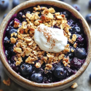 - 2 cups fresh blueberries - 1 tablespoon honey or maple syrup - 1 teaspoon vanilla extract - 1 cup rolled oats - 1/2 cup almond flour - 1/4 cup coconut oil, melted - 1/4 cup chopped nuts (almonds or walnuts) - 1 teaspoon cinnamon - A pinch of salt - 1 tablespoon chia seeds (optional) Fresh blueberries are packed with vitamins and antioxidants. They help support heart health. Honey or maple syrup adds natural sweetness without refined sugar. Vanilla extract gives a warm flavor that enhances the dish. Rolled oats provide fiber, keeping you full longer. Almond flour offers healthy fats and protein. Coconut oil gives moisture and a light coconut taste. Chopped nuts add crunch and extra nutrients. Cinnamon boosts the flavor and helps regulate blood sugar. Chia seeds add fiber and omega-3s, making the dish even healthier. If you need a gluten-free option, swap rolled oats for certified gluten-free oats. You can use agave syrup instead of honey for a vegan choice. If you're nut-free, replace almond flour with oat flour or sunflower seed flour. For a lower-fat option, use applesauce instead of coconut oil. Each swap keeps the dessert tasty and healthy while fitting your needs. You can find the Full Recipe for step-by-step guidance on making this crumble. Start by washing the blueberries gently. You want them clean but not squished. Next, place them in a medium bowl. Add one tablespoon of honey or maple syrup. This gives the berries a sweet touch. Then, add one teaspoon of vanilla extract for flavor. Stir carefully to coat the blueberries. Once mixed, pour them into a lightly greased 9-inch baking dish. Spread them out evenly for the best results. In another bowl, mix one cup of rolled oats and half a cup of almond flour. This will form the base of your crumble. Then, add a quarter cup of melted coconut oil to the mix. It helps bind everything together. Next, toss in a quarter cup of chopped nuts, like almonds or walnuts. They add crunch and flavor. Sprinkle in one teaspoon of cinnamon and a pinch of salt. If you want, add one tablespoon of chia seeds for extra nutrients. Stir until everything is well combined and crumbly. Now, sprinkle the crumble mixture evenly over the blueberries. Press down lightly so it sticks together. Place the dish in the preheated oven at 350°F (175°C). Bake for about 25 to 30 minutes. You want the top to turn golden brown and the blueberries to bubble. Once done, remove it from the oven. Let it cool for ten minutes before serving. Enjoy this tasty dessert warm! For the full recipe, check out the detailed instructions above. To make the perfect crumble, focus on the right balance of ingredients. Use rolled oats and almond flour for a great base. Mix in melted coconut oil to bind everything. This helps create that crunchy texture you want. Don't overmix the crumble topping. You want it to stay a bit chunky. This adds to the crunch you will enjoy. Serve your blueberry crumble warm. It tastes best fresh from the oven. Try adding a dollop of Greek yogurt on top. It adds creaminess and a nice tang. You can also use low-carb vanilla ice cream for a sweet touch. For a pretty plate, sprinkle cinnamon or add a few fresh blueberries on top. This makes your dessert look even tastier. If you have any leftovers, store them in an airtight container. Keep it in the fridge for up to three days. To reheat, pop it in the oven at 350°F (175°C) for about 10 minutes. This will warm it up nicely and keep it crispy. You can also freeze leftovers for up to three months. Just remember to cover it well. When you want to eat it, thaw overnight in the fridge before reheating. Enjoy your healthy blueberry crumble again! {{image_2}} To make a gluten-free version of this crumble, use certified gluten-free oats. They are safe for those with gluten sensitivity. You can also swap almond flour for gluten-free flour blends. These options keep the texture nice without gluten. You can add other fruits to the blueberry crumble for more flavor. Try sliced strawberries, raspberries, or chopped apples. Each fruit brings its own taste and texture. Mix them in with the blueberries before baking. This can make your crumble even more delightful. If you prefer a sugar-free dessert, use stevia or monk fruit sweetener. These options work well in place of honey or maple syrup. Adjust the amount based on your taste. This way, you can enjoy a sweet treat without added sugar. For the full recipe, check out The Ultimate Healthy Blueberry Crumble. After you bake the crumble, let it cool. Cover it with plastic wrap or foil. This keeps it fresh for about three days in the fridge. When you want to enjoy it, just take it out. You can eat it cold or warm it up. If you want to save it longer, freezing is a great option. Cut the crumble into portions. Wrap each piece tightly in plastic wrap and then in foil. This helps avoid freezer burn. It can last up to three months in the freezer. When you are ready to enjoy it, let it thaw in the fridge overnight. To reheat, you can use the oven or microwave. For the oven, preheat it to 350°F (175°C). Place the crumble in an oven-safe dish. Cover it with foil to keep it moist. Heat for about 10-15 minutes or until warm. If using a microwave, place a portion on a plate. Heat it for 30 seconds to 1 minute. Keep an eye on it to avoid overheating. Enjoy your warm crumble! To make this crumble vegan, swap honey for maple syrup. Use coconut oil, as it is plant-based. Ensure your nuts are raw and unsalted for the best flavor. You can also use almond milk instead of dairy if you want a creaminess with your dessert. Vegan versions keep the taste great without any animal products. Yes! You can use many fruits in this crumble. Try blackberries, raspberries, or strawberries for a twist. You can even mix different fruits together. Just keep the same amount for the best results. Each fruit will add its own flavor and texture, making it fun to explore. Your crumble is ready when the top is golden brown. You should see the blueberries bubbling around the edges. A good bake time is about 25-30 minutes at 350°F (175°C). If you want a crunchier top, let it bake a few minutes longer, but watch it closely. Enjoy this dessert warm for the best taste! This blog post covered various aspects of creating a delicious crumble. We explored key ingredients, their benefits, and alternatives for dietary needs. I detailed each step of preparation and baking to ensure success. Tips helped you achieve the right texture and served up great ideas for storing leftovers. Variations enabled you to customize your dish, while the FAQs answered common concerns. Whether you're cooking for yourself or sharing with friends, this crumble recipe offers fun and flexibility in the kitchen. Enjoy your baking adventure!