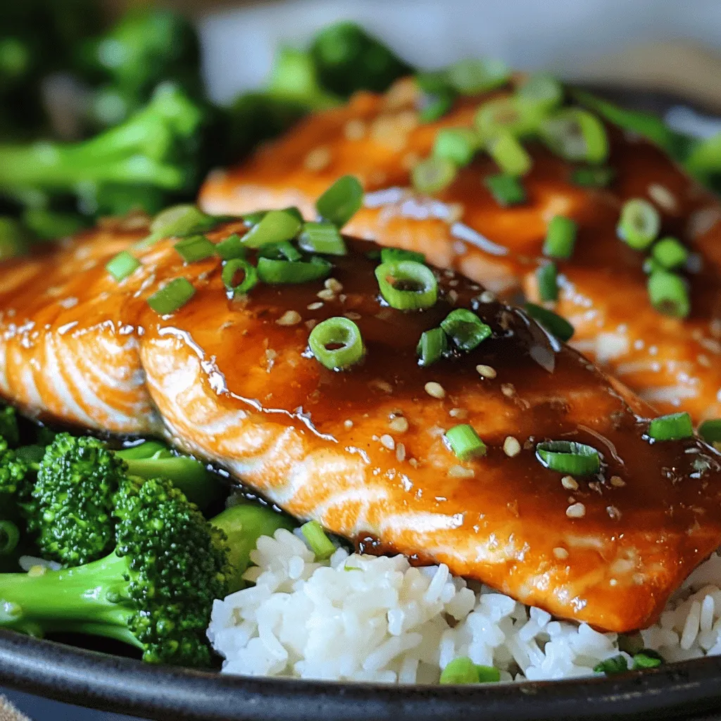 - 4 salmon fillets (6 ounces each) - 1/4 cup brown sugar - 2 tablespoons soy sauce - 2 tablespoons Dijon mustard - 1 tablespoon olive oil - 1 teaspoon garlic powder - 1/2 teaspoon black pepper - 1/4 teaspoon salt - 1 tablespoon fresh lemon juice - 2 green onions, finely sliced (for garnish) - Baking sheet - Parchment paper - Mixing bowl - Brush for glaze Gathering the right ingredients is key to making brown sugar glazed salmon. Fresh salmon makes a big difference in taste. The brown sugar gives it a sweet, caramelized flavor. Soy sauce adds depth, while Dijon mustard brings a tangy kick. Olive oil helps everything stick together. Garlic powder, black pepper, and salt enhance the overall flavor. A splash of lemon juice brightens up the dish. Finally, green onions add a fresh touch when you serve the salmon. Make sure you have all the tools ready. A baking sheet lined with parchment paper makes cleanup easy. A mixing bowl is perfect for combining your glaze. A brush helps you spread the glaze evenly over the salmon. With these ingredients and tools, you're set to create a tasty dish! For the complete cooking steps, check out the Full Recipe. - Preheat the oven to 400°F (200°C). - Line the baking sheet with parchment paper. This makes cleanup easy. - Mix together the brown sugar, soy sauce, Dijon mustard, olive oil, garlic powder, black pepper, salt, and lemon juice. - Brush this glaze over the salmon fillets. Make sure to coat them well. - Bake the salmon for 12-15 minutes. It should be cooked through and flake easily. - If you want a crispy finish, broil the salmon for 2 minutes. Watch closely to avoid burning. Enjoy your delicious brown sugar glazed salmon! For the full recipe, check out the complete cooking process and extra tips. Make sure your salmon is at room temperature before cooking. This helps it cook evenly. Use a meat thermometer to check for doneness. The salmon should reach 145°F or 63°C. This ensures it is safe to eat and perfectly cooked. I love to pair brown sugar glazed salmon with steamed rice or quinoa. Both sides soak up the yummy glaze. Add sautéed vegetables for a balanced plate. Broccoli, bell peppers, or snap peas work well and add color. You can enhance the flavor by marinating the salmon for 30 minutes before baking. This allows the fish to soak up all the tasty goodness. Feel free to adjust the glaze's sweetness or saltiness to fit your taste. You can add more brown sugar for sweetness or extra soy sauce for saltiness. {{image_2}} You can change the glaze to fit your taste. Swap brown sugar for honey or maple syrup. Honey gives a floral note, while maple syrup adds warmth. For some heat, try adding ginger or chili flakes. This brings a spicy kick that contrasts well with the sweet glaze. If you want variety, substitute salmon with trout or tilapia. These fish have a mild flavor and cook well. For a different protein, use chicken breasts. They absorb flavors nicely and are easy to cook. You can make some easy changes for dietary needs. Use tamari sauce instead of soy sauce for a gluten-free option. If you want to cut sugar, consider sugar substitutes. You can use stevia or monk fruit for a low-sugar glaze. Adjust the sweetness to your liking for a healthy twist. You can store leftover salmon in the fridge. Use an airtight container to keep it fresh. It will last for up to three days. While leftovers are tasty, this dish is best enjoyed fresh. If you want to reheat, do so gently for the best taste. If you want to save salmon for later, freezing works well. Wrap each salmon fillet tightly in plastic wrap. Then, cover it with foil to prevent freezer burn. This method helps keep the flavor. When you're ready to eat, thaw the salmon in the fridge overnight before reheating. To reheat the salmon, use the oven. Set it to a low temperature, around 275°F (135°C). This way, the salmon stays moist and delicious. Avoid microwaving, as it can dry out the fish. Enjoy your meal just like the first time! The salmon should flake easily with a fork and reach an internal temperature of 145°F (63°C). I check the thickest part of the fillet. Use a fork to test if it breaks apart. If it does, it's ready. If not, give it a few more minutes in the oven. Yes, the glaze can be prepared and stored in the refrigerator for up to a week. I often make extra glaze for future meals. Just store it in an airtight container. When you’re ready to use it, just give it a quick stir. Consider serving with steamed rice, quinoa, or a fresh salad for a complete meal. I love pairing it with some sautéed veggies, too. This adds color and nutrition to your plate. You can also drizzle any leftover glaze on the sides for extra flavor. For the complete cooking process and additional tips, see the Full Recipe on our website. This blog post provides a simple recipe for brown sugar glazed salmon. You learned about the ingredients, tools, and step-by-step instructions needed for a tasty meal. Tips on storage, serving suggestions, and variations were also shared. Baking salmon at home can be easy and fun. You can customize flavors and choose your sides. With practice, you’ll impress friends and family with your cooking skills. Enjoy the process and happy cooking!