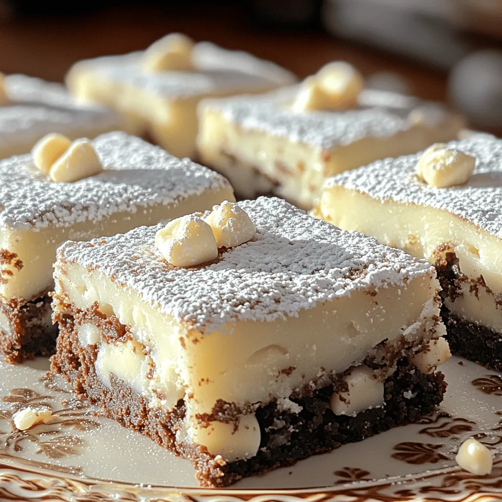When making white chocolate brownies, using the right ingredients is key to a great taste. Here is what you need: - 1 cup unsalted butter - 1 cup granulated sugar - 2 large eggs - 1 teaspoon vanilla extract - 1 cup all-purpose flour - 1/2 teaspoon baking powder - 1/4 teaspoon salt - 1 cup white chocolate chips - Optional: 1/2 cup chopped macadamia nuts Each ingredient plays an important role. The unsalted butter gives richness and moisture. Granulated sugar adds sweetness and helps create a crispy top. The eggs bind everything together, while vanilla adds a warm flavor. Flour provides structure. Baking powder helps the brownies rise, making them light and fluffy. Salt balances the sweetness, and white chocolate chips offer bursts of creamy flavor. If you want a crunchy texture, add macadamia nuts. For the full recipe, check the [Full Recipe]. This list ensures that your white chocolate brownies are rich, sweet, and utterly delicious. 1. Preheat oven and prepare the baking pan: Start by preheating your oven to 350°F (175°C). Grab an 8x8-inch baking pan. Grease it lightly and line it with parchment paper. Leave some paper hanging over the sides. This will help you lift the brownies out later. 2. Melt butter and combine with sugar: In a medium saucepan, melt 1 cup of unsalted butter over low heat. Once melted, take it off the heat. Stir in 1 cup of granulated sugar. Mix well until you have a smooth, shiny mixture. 3. Add eggs and vanilla to the butter mixture: Next, add 2 large eggs to the butter and sugar mix. Add them one at a time. Stir well after each egg. Then, pour in 1 teaspoon of vanilla extract. This gives your brownies a lovely flavor. 4. Combine dry and wet ingredients: In another bowl, whisk together 1 cup of all-purpose flour, 1/2 teaspoon of baking powder, and 1/4 teaspoon of salt. Gradually fold this dry mix into your wet ingredients. Mix until just combined to keep your brownies soft. 5. Pour batter into the pan and bake: Gently fold in 1 cup of white chocolate chips. If you like, add 1/2 cup of chopped macadamia nuts for extra flavor. Pour the batter into your prepared pan. Spread it evenly with a spatula. 6. Cooling and slicing instructions: Bake in your preheated oven for about 25-30 minutes. Check if they are done by inserting a toothpick. It should come out with a few moist crumbs. Once baked, let the brownies cool in the pan for 15 minutes. Use the parchment paper to lift them out and cool completely on a wire rack. After cooling, cut them into squares and serve. For the full recipe, refer back to the ingredients list. Enjoy making these sweet treats! To make the best white chocolate brownies, focus on two key points: avoiding overmixing and checking doneness. - Avoiding overmixing: When you mix the batter, do it gently. Overmixing leads to tough brownies. Mix until you see no dry flour. This is the sweet spot for soft, gooey brownies. - Checking doneness: Use a toothpick to test if your brownies are done. Insert it into the center. If it comes out with a few moist crumbs, they are ready. If it’s wet with batter, bake a bit longer. If it’s clean, you may have overbaked. Now that your brownies are baked, let’s make them look as good as they taste. - Dusting with powdered sugar: Before serving, sprinkle powdered sugar on top. This adds a nice touch and makes them look fancy. Use a fine sieve for an even layer. - Garnishing suggestions: For an extra flair, place a white chocolate chip or a macadamia nut on each brownie. This makes your treats pop. You can also add fresh berries for color. These small details can turn your simple brownies into a show-stopping dessert. Check out the Full Recipe for more details! {{image_2}} You can make your white chocolate brownies even better! Adding nuts or dried fruits gives a nice twist. I love using macadamia nuts. They add a creamy crunch that pairs well with the sweet chocolate. You can also try walnuts or pecans for a different flavor. Dried fruits, like cranberries or cherries, work great too. They add a burst of tartness. Just fold them in gently with the white chocolate chips. This adds more texture and taste to your treats. Another fun idea is swapping white chocolate for dark chocolate. Dark chocolate brings a rich flavor that many enjoy. If you choose this, adjust the sugar. Dark chocolate is less sweet. You might want to cut back a bit on the sugar to balance the taste. If you need gluten-free brownies, it’s easy to make a switch. Use a gluten-free flour blend instead of all-purpose flour. Many blends work well in baking and keep the brownies soft. For a vegan option, swap the butter with coconut oil or a vegan butter. Replace the eggs with flaxseed meal or applesauce. Use a dairy-free white chocolate for a tasty treat. These substitutions allow everyone to enjoy these brownies without worry. With these variations, you can create a treat that suits your taste and needs. For more details, check out the Full Recipe. To keep your white chocolate brownies fresh, use an airtight container. This method locks in moisture. Place a piece of parchment paper between layers if you stack them. If you want to store brownies for longer, try refrigeration. Wrap them tightly in plastic wrap first, then place them in a container. This method helps keep them moist. You can also freeze brownies. Wrap each piece in plastic wrap and then in foil. Store them in a freezer bag, and they will stay good for up to three months. How long do they last? When stored well, brownies can last about a week at room temperature. If you refrigerate them, they can last up to two weeks. In the freezer, they stay fresh for about three months. What are the signs of spoilage? Look for a change in color or texture. If they smell sour or have mold, it is best to throw them away. Always trust your senses when checking if your treats are still good! What is the best white chocolate for baking? The best white chocolate for baking has a high cocoa butter content. Look for brands like Callebaut or Guittard. They melt well and give a rich flavor. Avoid low-quality chocolates as they may not melt nicely. Can I substitute ingredients? Yes, you can substitute some ingredients. For example, use coconut oil for butter. You can also replace white chocolate chips with dark chocolate for a twist. If you need a gluten-free option, use almond flour instead of all-purpose flour. How to fix dry brownies? If your brownies turn out dry, try adding a bit of milk. A tablespoon or two can help bring moisture back. You can also serve them with ice cream or a drizzle of cream to add richness and flavor. How can I tell when brownies are done? To check if brownies are done, insert a toothpick in the center. If it comes out with a few moist crumbs, they are ready. If it comes out clean, they may be overbaked. Keep an eye on the time and adjust as needed. Best beverages to pair with brownies Brownies pair well with milk or coffee. A rich espresso brings out the sweetness. You can also enjoy them with a glass of cold vanilla almond milk for a tasty match. Ideal occasions for serving Serve white chocolate brownies at parties, family gatherings, or casual get-togethers. They are great for birthdays or holiday treats. You can even pack them for picnics or bake sales. They always please a crowd! For the [Full Recipe](#), check the ingredients and instructions to make these delicious brownies! You now know how to make delicious white chocolate brownies. We covered the ingredients, step-by-step instructions, and tips to make them perfect. Remember to enjoy the mixing and baking process. You can also try fun variations based on your taste. Store your brownies well to keep them fresh. With these skills, you can impress friends and family at any occasion. Enjoy your baking journey and happy eating!