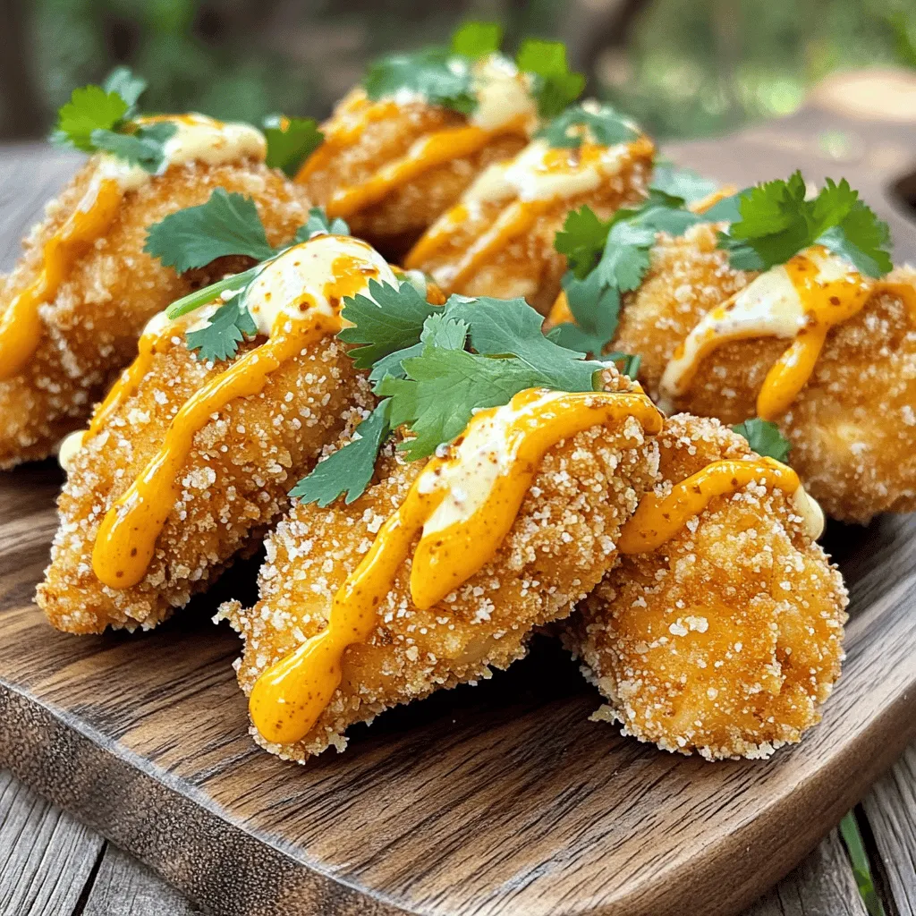 - Chicken breast and seasoning - 1 pound chicken breast, cut into bite-sized pieces - 1 teaspoon garlic powder - 1 teaspoon paprika - 1 teaspoon salt - 1/2 teaspoon black pepper - Breading components - 1 cup all-purpose flour - 2 large eggs - 1 cup panko breadcrumbs - Bang Bang sauce ingredients - 1 cup mayonnaise - 2 tablespoons sweet chili sauce - 1 tablespoon sriracha (adjust to taste) - 1 tablespoon honey - 1 teaspoon lime juice - Fresh cilantro, chopped (for garnish) These ingredients make Crispy Bang Bang Chicken a tasty meal. The seasoning blends perfectly with the chicken. The panko breadcrumbs give a great crunch. The Bang Bang sauce adds a sweet and spicy kick. You can easily find these ingredients at any grocery store. Let’s get cooking! Marinating the chicken Start with one pound of chicken breast. Cut it into bite-sized pieces. In a large bowl, mix the chicken with salt, black pepper, garlic powder, and paprika. This gives the chicken great flavor. Let it sit for about 15 minutes. This step helps the chicken absorb the spices. Setting up the breading station Now, prepare your breading station. You will need three bowls. In the first bowl, add one cup of all-purpose flour. Season it with a pinch of salt. In the second bowl, beat two large eggs. In the third bowl, place one cup of panko breadcrumbs. This setup makes breading easy and fun. Frying the chicken Next, heat about half an inch of oil in a large pan over medium-high heat. Once the oil is hot, carefully add the chicken pieces in batches. Make sure not to overcrowd the pan. Fry the chicken for about 4 to 5 minutes on each side. You want them golden brown and crispy. When done, remove the chicken and drain it on paper towels. Combining sauce ingredients In a mixing bowl, whisk together one cup of mayonnaise, two tablespoons of sweet chili sauce, one tablespoon of sriracha, one tablespoon of honey, and one teaspoon of lime juice. This mix creates a creamy and spicy sauce. Achieving the right consistency Keep whisking until the sauce is smooth and creamy. You can adjust the sriracha to your taste. If you like it spicier, add more. Tossing chicken with sauce Once the chicken is crispy, take a large bowl. Toss the chicken pieces with the Bang Bang sauce. Make sure every piece is well coated. This is where the magic happens! Garnishing before serving Plate the chicken on a serving platter. For the final touch, garnish with fresh chopped cilantro. This adds a nice color and fresh flavor. Enjoy your Crispy Bang Bang Chicken! You can find the full recipe in the [Full Recipe]. For the best crispiness, I recommend frying in hot oil. Use a medium-high heat and make sure the oil is about 350°F (175°C). This temperature helps the coating cook fast, keeping it crisp. To prevent a soggy coating, do not overcrowd the pan. Fry the chicken in small batches. This allows steam to escape and keeps the outside crunchy. After frying, let the chicken rest on paper towels. This will soak up any extra oil. Adjusting spice levels can make a big difference. If you like heat, add more sriracha to the sauce. For a milder flavor, reduce the sriracha. You can also add crushed red pepper flakes to the chicken mix for a kick. If you're out of ingredients, don’t worry! You can swap mayonnaise for Greek yogurt for a lighter sauce. You can also use lemon juice instead of lime juice. These small changes can give your Bang Bang Chicken a new twist. For the full recipe, check out the [Full Recipe]. {{image_2}} If you want a healthier meal, try baking instead of frying. Preheat your oven to 400°F. Place the breaded chicken on a baking sheet. Spray lightly with cooking oil for a crispy finish. Bake for about 20-25 minutes, flipping halfway. For gluten-free options, swap regular flour with almond flour or a gluten-free blend. You can use gluten-free breadcrumbs too. This way, you can enjoy the same great taste without gluten. Crispy Bang Bang Chicken pairs well with many sides. Try it with jasmine rice or a fresh salad. The rice soaks up the sauce, while the salad adds crunch. For drinks, a light beer or a sweet tea complements the dish nicely. You might also enjoy a fruity mocktail for a refreshing twist. These sides and drinks enhance the meal's flavor and make it more fun! To keep your Crispy Bang Bang Chicken fresh, use airtight containers. Glass or plastic containers work well. Make sure they are sealed tightly to prevent moisture loss. You can store the chicken in the refrigerator for up to three days. If you want to keep it longer, consider freezing it. Frozen chicken can last for up to three months. Just remember to thaw it in the fridge before reheating. When it’s time to enjoy your leftovers, the best methods are the oven or air fryer. Preheat your oven to 375°F (190°C). Place the chicken on a baking sheet and heat for about 10-15 minutes. This method helps keep the coating crispy. If you use an air fryer, set it to 350°F (175°C) and cook for about 5-7 minutes. This also keeps the chicken crunchy. Avoid using the microwave, as it makes the coating soggy. For the best results, always check that the chicken is heated through before serving. Can I make this recipe in advance? Yes, you can prepare the chicken and sauce ahead of time. Marinate the chicken and store it in the fridge. Make the sauce and keep it in an airtight container. When ready to eat, bread and fry the chicken fresh for the best crunch. What is the origin of Bang Bang Chicken? Bang Bang Chicken comes from Chinese cuisine. It is known for its spicy, creamy sauce. The name "Bang Bang" refers to the sound made by a wooden stick. This stick is used to pound the chicken to make it tender and flavorful. How to tell if the chicken is cooked through? Use a meat thermometer to check the chicken. It should read 165°F (75°C). If you don’t have a thermometer, cut a piece open. The meat should be white, with no pink inside. Can I use other proteins instead of chicken? Yes, you can use shrimp, tofu, or even pork. Adjust cooking times as needed. Shrimp cooks faster than chicken, so watch it closely. What goes well with Crispy Bang Bang Chicken? Serve it with rice or salad for a balanced meal. Steamed veggies like broccoli or snow peas add color and nutrients. You can also pair it with a refreshing drink like iced tea. Is it suitable for meal prep? Absolutely! Crispy Bang Bang Chicken packs well for lunch or dinner. Store the chicken and sauce separately to keep everything fresh. When ready to eat, just combine and enjoy! This blog post covers how to make Crispy Bang Bang Chicken. We explored the key ingredients, steps for preparation, and tips for achieving perfect flavor and texture. Remember, marinating and the right frying technique are crucial. Don't forget to try ingredient swaps for healthier options. In the end, you can enjoy this dish in many ways, and it is easy to store and reheat. Whether for yourself or a gathering, Bang Bang Chicken can impress everyone. Enjoy making and sharing this delicious recipe!