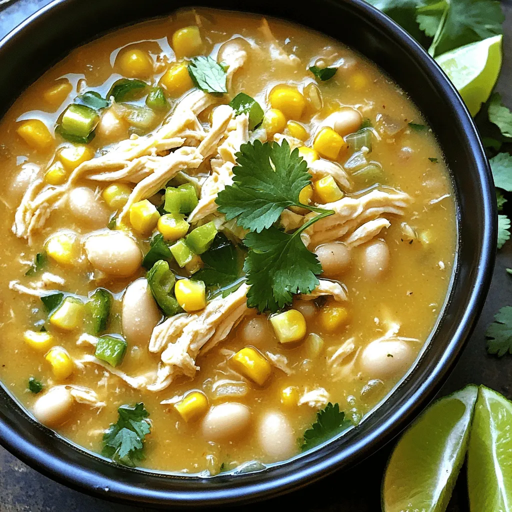 To make this easy white chicken chili, you will need: - 1 pound cooked chicken breast, shredded - 1 can (15 oz) white beans, drained and rinsed - 1 can (4 oz) diced green chilies - 1 medium onion, diced - 2 cloves garlic, minced - 4 cups chicken broth - 1 teaspoon ground cumin - 1 teaspoon chili powder - ½ teaspoon oregano - 1 cup heavy cream (or coconut milk for a lighter version) - 1 cup corn (fresh or frozen) - Salt and pepper to taste - Fresh cilantro, chopped (for garnish) - Lime wedges (for serving) When making chili, feel free to swap some ingredients. - Chicken: You can use rotisserie chicken for added flavor and ease. - Beans: Great Northern beans or navy beans work well if you can't find white beans. - Green chilies: If you want a milder chili, use less or skip them. - Cream: For a lighter dish, coconut milk gives a nice touch without dairy. - Corn: Fresh corn adds sweetness, but frozen corn is just as good. Choosing fresh ingredients makes your chili taste better. Here are some tips: - Chicken: Look for pink, moist chicken without any strange odors. - Beans: Choose cans with no dents or rust, and check the expiry date. - Onion and Garlic: Pick firm onions and garlic bulbs with tight skins. - Corn: If using fresh corn, select ears with bright green husks. These tips set you up for a tasty and satisfying white chicken chili. For the full recipe, you can check out the details above. First, gather all your ingredients. You will need: - 1 pound cooked chicken breast, shredded - 1 can (15 oz) white beans, drained and rinsed - 1 can (4 oz) diced green chilies - 1 medium onion, diced - 2 cloves garlic, minced - 4 cups chicken broth - 1 teaspoon ground cumin - 1 teaspoon chili powder - ½ teaspoon oregano - 1 cup heavy cream (or coconut milk for a lighter version) - 1 cup corn (fresh or frozen) - Salt and pepper to taste - Fresh cilantro, chopped (for garnish) - Lime wedges (for serving) Next, chop the onion and mince the garlic. This will add great flavor to your chili. 1. In a large pot, heat a splash of olive oil over medium heat. Add the diced onions and sauté them until they turn translucent. This takes about 5 minutes. 2. Stir in the minced garlic and cook for an extra minute. You want it to smell great! 3. Add the shredded chicken, white beans, green chilies, corn, chicken broth, cumin, chili powder, and oregano to the pot. Stir everything together. 4. Bring the mixture to a simmer. Let it cook for about 20 minutes. This helps all the flavors mix well. 5. Reduce the heat to low, then stir in the heavy cream. Heat it through for about 5 minutes, but do not let it boil. 6. Season with salt and pepper. Taste it and adjust if needed. 7. Serve hot. Garnish with chopped cilantro and lime wedges for a fresh touch. To check if your chili is ready, look for a thick and creamy texture. The chicken should be heated through and the vegetables tender. You can taste it to make sure the flavors are just right. If you want more spice, you can add extra chili powder. Enjoy your easy white chicken chili! For a detailed recipe, check the Full Recipe. To make the best white chicken chili, start with the right pot. A large pot helps the ingredients cook evenly. Heat a splash of olive oil over medium heat. Sauté the onions until they turn soft and clear. Then, add garlic for a warm flavor. Mixing in the chicken and beans gives a great base. Let it simmer gently. This helps all the flavors blend well together. One common mistake is cooking on too high heat. This can burn your garlic and ruin the taste. Another error is not seasoning enough. Always taste your chili as you cook. Adjust the salt and pepper to make it just right. Lastly, don’t skip the heavy cream. It adds a creamy texture that makes the chili rich and satisfying. To boost the flavor, try adding lime juice just before serving. It brightens the dish. Fresh cilantro on top adds a nice touch, too. If you like some heat, sprinkle in some cayenne pepper or hot sauce. For a different texture, toss in some fresh corn or diced bell peppers. These additions make the chili pop! For the full recipe, check out the [Full Recipe]. {{image_2}} If you love heat, try adding jalapeños. Fresh or pickled jalapeños bring a zesty kick. You can also use hotter peppers like serranos or habaneros. Just adjust the amount based on your taste. Another option is to add a splash of hot sauce. This adds flavor and extra spice. To make a vegetarian version, swap the chicken for more beans. Use black beans or kidney beans for added texture. You can also add veggies like zucchini or bell peppers. For a vegan option, replace heavy cream with coconut milk. This keeps the chili creamy while making it plant-based. Feel free to get creative with your chili. You can add corn for sweetness and crunch. Roasted garlic gives a rich flavor that enhances every bite. For a smoky taste, add smoked paprika. Fresh herbs like oregano or thyme can elevate the flavor too. Don't hesitate to mix in different beans or even quinoa for added protein. For a complete guide, check the Full Recipe. After you enjoy your white chicken chili, let it cool first. Store it in an airtight container. This keeps flavors fresh and helps prevent spills. You can keep it in the fridge for up to three days. Make sure to label the container with the date. This way, you know when it was made. When you want to warm up your chili, take it out of the fridge. Pour it into a pot. Heat it on medium until it is hot all the way through. Stir it often to avoid sticking. You can also use a microwave. Place it in a microwave-safe bowl and cover it. Heat in short bursts, stirring in between, until hot. If you want to keep your chili longer, freezing is a great option. Make sure it cools completely before freezing. Use freezer-safe containers or bags. Leave some space at the top, as liquids expand when frozen. Your chili can last for up to three months in the freezer. When you're ready to eat it, thaw it overnight in the fridge before reheating. Check out the Full Recipe for more details on this delicious dish! You can use cooked turkey for a tasty swap. If you want a vegetarian option, try using mushrooms or jackfruit. Both options will add a nice texture and flavor to your chili. Yes, you can! For a slow cooker, cook on low for 6 to 8 hours. For an Instant Pot, set it to high pressure for 10 minutes. Both methods will give you a warm and hearty meal. White chicken chili lasts about 3 to 4 days in the fridge. Store it in a sealed container to keep it fresh. Always check for any off smells before eating. I love adding fresh cilantro, diced avocado, and lime wedges. You can also sprinkle some cheese or crushed tortilla chips for added crunch. These toppings bring extra flavor and make the dish even better. Yes, this recipe is gluten-free! All the ingredients listed, like chicken broth and spices, are safe for gluten-free diets. Always check labels to be sure your products are gluten-free. You can enjoy this chili worry-free! For the complete recipe, check the Full Recipe section to get started on your delicious dish. You learned about making easy white chicken chili. We covered key ingredients, cooking steps, and helpful tips. You now know how to enhance flavors, avoid common mistakes, and explore variations like spicy or vegetarian options. Plus, you have storage tips to keep your chili fresh. Enjoy this warm dish and make it your own. Whether you share it or keep it all, it’s sure to please!