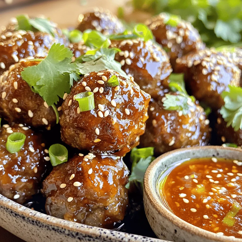 To make tasty Korean BBQ meatballs, you need some simple ingredients. Here’s the complete list of ingredients: - 1 pound ground beef or ground turkey - 1/2 cup breadcrumbs - 1/4 cup green onions, finely chopped - 1/4 cup sesame seeds - 2 cloves garlic, minced - 1-inch piece ginger, grated - 1/4 cup soy sauce - 2 tablespoons brown sugar - 1 tablespoon gochujang (Korean chili paste) - 1 tablespoon rice vinegar - 1 teaspoon sesame oil - Salt and pepper to taste - Fresh cilantro for garnish Each ingredient plays a special role. The ground beef or turkey is your meat base. Breadcrumbs help give the meatballs a nice texture. Green onions add a fresh taste, while sesame seeds give a nice crunch. Garlic and ginger add warmth and depth. Soy sauce brings umami flavor, while brown sugar balances the saltiness. Gochujang is key for that spicy kick, and rice vinegar adds a touch of acidity. Sesame oil adds a nutty flavor, and salt and pepper enhance everything. Finally, fresh cilantro makes a great garnish. Feel free to explore variations with these ingredients. You can find the full recipe [Full Recipe]. 1. First, preheat the oven to 400°F (200°C). This helps the meatballs cook evenly. 2. Next, prepare a baking sheet by lining it with parchment paper. This makes cleanup easy. 1. In a large bowl, combine the following ingredients: - 1 pound ground beef or ground turkey - 1/2 cup breadcrumbs - 1/4 cup green onions, finely chopped - 1/4 cup sesame seeds - 2 cloves garlic, minced - 1-inch piece ginger, grated - 1/4 cup soy sauce - 2 tablespoons brown sugar - 1 tablespoon gochujang - 1 tablespoon rice vinegar - 1 teaspoon sesame oil - Salt and pepper to taste 2. Mix all the ingredients together well. Use your hands to ensure everything is combined. 1. Shape the mixture into small meatballs, about 1 inch in diameter. Place them on the baking sheet. 2. Bake the meatballs in the preheated oven for 20 to 25 minutes. They should be cooked through and have a nice caramelized look. For more details, check the Full Recipe. To make great meatballs, use the right ingredient ratios. A mix of meat, breadcrumbs, and seasonings gives the best texture. Too many breadcrumbs can make them dry. Too little makes them fall apart. Always remember to mix gently. Over-mixing can lead to tough meatballs. Want to kick up the flavor? Add a bit of chopped cilantro or extra ginger. You can also try different sauces. A sweet chili sauce or teriyaki can give a fun twist. Experiment with your favorite ingredients to find what you love. Serve your meatballs with some rice or noodles for a complete meal. Steamed veggies make a nice side, too. For a fun touch, use a large platter. Arrange the meatballs in a circle and add your dipping sauce in the center. This looks great and makes sharing easy. If you want to impress guests, garnish with sesame seeds and fresh cilantro. {{image_2}} You can switch meats in this recipe. Try chicken or pork for a lighter taste. Both options offer a different texture. Ground turkey works well too. For a vegetarian or vegan version, use lentils or chickpeas. You can mash them and mix with breadcrumbs. This keeps the meatball shape while adding flavor and nutrition. Feel free to add spices for more kick. You might try chili powder or black pepper. They enhance the meatballs with a nice warmth. Adding vegetables like finely chopped carrots or bell peppers will also boost nutrition. They add color and crunch to each bite. You can pan-fry these meatballs for a crispy outside. Heat oil in a pan and cook until browned. Baking works great too, as it cooks evenly. If you want smoky flavor, grill your meatballs. The grill adds a unique taste and makes them extra juicy. For the best results, choose the method that you enjoy most! To keep your Korean BBQ meatballs fresh, store them in the fridge. Place them in an airtight container. This helps prevent moisture loss. You can store leftovers for up to three days. When reheating, gentle heat keeps them juicy and tasty. Freezing is a great option for future meals. First, let the cooked meatballs cool completely. Then, place them in a freezer bag. Remove as much air as possible to avoid freezer burn. Freeze them for up to three months. To reheat, simply thaw in the fridge overnight. Then, warm them in the oven or microwave until hot. Understanding how long your meatballs last is key. In the fridge, they stay good for about three days. In the freezer, they last up to three months. Always check for odd smells or changes in color before eating. Storing them right helps you enjoy these tasty bites longer. For the complete recipe, check out the Full Recipe link. Korean BBQ meatballs blend many flavors in Korean cooking. They reflect street food culture in Korea. These meatballs often use ingredients like soy sauce and gochujang. These flavors make them rich and savory. Korean food emphasizes balance, combining sweet, salty, and spicy notes. This dish showcases the creativity found in Korean kitchens. Eating these meatballs connects people to traditions that span generations. Yes, you can prepare these meatballs in advance. Make the meatball mixture and shape them. Store them in the fridge for up to 24 hours. You can also freeze them for longer storage. Just remember to thaw them overnight in the fridge before baking. This saves time on a busy day and makes meal prep easy. Korean BBQ meatballs pair well with many sides. Here are some great options: - Steamed rice - Kimchi - Roasted vegetables - Asian slaw - Noodles These sides add texture and flavor. They complement the savory taste of the meatballs, creating a full meal. To ensure meatballs are fully cooked, check their internal temperature. They should reach 160°F (71°C) for beef and turkey. Use a meat thermometer for accuracy. If you don’t have one, cut one meatball in half. The inside should be no longer pink and juices should run clear. This ensures safety and the best texture. Yes, ground turkey is a great substitute for beef. It is leaner, which can make meatballs lighter. The taste is slightly different, but still delicious. You can also add more seasoning to enhance flavor. Ground turkey absorbs sauces well, making it perfect for Korean BBQ. This swap keeps the dish healthy without losing taste. For the full recipe, check out the link. This post covered everything you need to make Korean BBQ meatballs. You learned the ingredients, prep steps, and baking instructions. I shared tips to enhance flavor and texture, along with storage methods. Try different meats and flavor variations to find your favorite. Use this guide to create delicious meals. Enjoy your cooking experimentation and serve up those tasty meatballs!