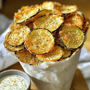 - 2 medium zucchinis - 1 cup breadcrumbs (panko preferred for extra crunch) - 1/2 cup grated Parmesan cheese - 1 teaspoon garlic powder - 1 teaspoon onion powder - 1/2 teaspoon smoked paprika - 1/2 teaspoon salt - 1/4 teaspoon black pepper - 2 large eggs - Olive oil spray To make crispy baked zucchini chips, gather these ingredients. The zucchinis become the star of this snack. I love using medium zucchinis because they have the right amount of water and flavor. The panko breadcrumbs give a delightful crunch. Parmesan cheese adds a rich taste that makes the chips irresistible. For seasoning, I use garlic and onion powder. They bring out the natural sweetness of the zucchini. Smoked paprika adds a nice touch of warmth. Salt and black pepper enhance the flavors, making each chip pop. You will also need eggs. They help the breadcrumbs stick to the zucchini slices. Finally, olive oil spray gives the chips that golden color and crispiness. This simple list of ingredients makes it easy to create a healthy snack delight. Check out the Full Recipe for detailed steps on how to bring these chips to life! 1. Preheat your oven to 225°F (110°C). This low heat helps the chips crisp up nicely. 2. Line two baking sheets with parchment paper. This makes for easy cleanup and prevents sticking. 3. Wash and dry the zucchinis. Slice them thinly, about 1/8 inch thick. A mandoline works great for even slices. 1. In a mixing bowl, whisk the two large eggs until they are well beaten. 2. In another bowl, mix the breadcrumbs, grated Parmesan cheese, garlic powder, onion powder, smoked paprika, salt, and black pepper. This blend adds great flavor to the chips. 1. Dip each zucchini slice into the beaten eggs. Let the excess egg drip off before moving to the next step. 2. Coat the zucchini slices with the breadcrumb mixture. Press gently to make sure the crumbs stick well. 3. Place the coated zucchini slices in a single layer on the baking sheets. Avoid overlapping them for even baking. 4. Spray the slices lightly with olive oil spray. This helps them achieve a golden, crispy finish. 5. Bake in the preheated oven for about 2 hours. Flip them halfway through to ensure they cook evenly. Keep a close eye on them towards the end to prevent burning. These steps create a delightful, healthy snack that is fun to make and even better to eat. For the complete recipe, refer to the Full Recipe section. To get your zucchini chips super crispy, slice them evenly. Thin slices, about 1/8 inch thick, cook better. A mandoline or sharp knife works great for this. I prefer using panko breadcrumbs. They add that extra crunch that makes these chips special. The texture difference is noticeable and very enjoyable. One common mistake is overcrowding the baking sheets. When you place too many chips close together, they steam instead of crisp. Give them space! Another mistake is not flipping the chips halfway through baking. Flipping helps both sides cook evenly. Remember to check them often, especially towards the end. You can get creative with how you serve your zucchini chips. Try placing them in a cone made from parchment paper. This adds a fun touch! Pair them with dips like homemade ranch or marinara sauce. The right dip can enhance the flavor and make each bite even better. Enjoy your crispy snack! {{image_2}} You can make your crispy baked zucchini chips even more tasty. Try adding herbs. Italian seasoning or oregano works well. These herbs add nice flavors that brighten up the chips. You can also experiment with different cheese types. Instead of Parmesan, use cheddar or mozzarella for a unique twist. Each cheese gives a different taste, which keeps things fun. If you need a gluten-free option, I have a great tip. Substitute the breadcrumbs with almond flour. Almond flour gives a nice crunch and works well with zucchini. Plus, it keeps the chips gluten-free. Just make sure to adjust the seasoning to match your taste. You can cook these chips in an air fryer too. It saves time and can make them even crispier. To adapt the recipe for an air fryer, set it to 375°F (190°C). Place the zucchini slices in a single layer in the basket. Cook them for about 15-20 minutes. Shake the basket halfway through to ensure they cook evenly. This method gives you a quick and delicious snack! For the full recipe, check out the entire article. To keep your chips crispy, store them in an airtight container. Avoid using plastic bags. The air can make them soft. Instead, use a glass jar or a metal tin. Place a paper towel in the bottom to absorb moisture. This helps keep your zucchini chips fresh. You can store them for up to five days. To re-crisp your zucchini chips, preheat your oven to 350°F (175°C). Spread the chips on a baking sheet in a single layer. Bake for about 5 to 10 minutes. This will bring back their crunch. You can also use an air fryer for a quicker option. Set it to 350°F (175°C) and heat for about 3 to 5 minutes. To freeze your zucchini chips, first let them cool completely. Then, arrange them in a single layer on a baking sheet. Place the sheet in the freezer for about an hour. After they’re frozen, transfer the chips to a freezer-safe bag. Remove as much air as possible before sealing. They can last up to three months. To thaw, just leave them at room temperature for a bit before reheating. To make crispy baked zucchini chips, start by preheating your oven to 225°F (110°C). Line two baking sheets with parchment paper. Wash and dry two medium zucchinis, then slice them thinly, about 1/8 inch thick. In one bowl, whisk two large eggs. In another bowl, mix 1 cup of breadcrumbs, 1/2 cup of grated Parmesan cheese, 1 teaspoon of garlic powder, 1 teaspoon of onion powder, 1/2 teaspoon of smoked paprika, 1/2 teaspoon of salt, and 1/4 teaspoon of black pepper. Dip each zucchini slice into the beaten eggs, letting the excess drip off, then coat with the breadcrumb mix. Place them in a single layer on the baking sheets. Spray lightly with olive oil spray. Bake for about 2 hours, flipping halfway through until golden and crispy. Yes, you can use other vegetables! Sweet potatoes, carrots, and beets work well. Cut them into thin slices, just like the zucchini. Adjust cooking time as needed, since some veggies may take longer to crisp up. Experiment with different flavors and textures to find your favorite combinations. Baked zucchini chips usually last about 3 to 4 days when stored in an airtight container. Keep them at room temperature to maintain their crunch. If you notice them getting soft, you can re-crisp them in the oven for a few minutes. Avoid storing them in the fridge, as moisture will make them soggy. Baked zucchini chips are a great healthy snack! They are lower in calories than regular chips and rich in vitamins. One medium zucchini has about 33 calories and lots of fiber, which helps keep you full. With the addition of whole ingredients like breadcrumbs and cheese, you get some protein too. Enjoy these chips guilt-free! Crispy baked zucchini chips are easy to make and fun to eat. We covered the key ingredients, simple steps, and tips for the best crunch. Remember, even slicing and panko breadcrumbs are key. Experiment with flavors and serve with tasty dips. You can store leftovers for later, too. Enjoy your healthy snack!