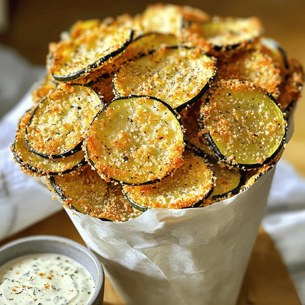 - 2 medium zucchinis - 1 cup breadcrumbs (panko preferred for extra crunch) - 1/2 cup grated Parmesan cheese - 1 teaspoon garlic powder - 1 teaspoon onion powder - 1/2 teaspoon smoked paprika - 1/2 teaspoon salt - 1/4 teaspoon black pepper - 2 large eggs - Olive oil spray To make crispy baked zucchini chips, gather these ingredients. The zucchinis become the star of this snack. I love using medium zucchinis because they have the right amount of water and flavor. The panko breadcrumbs give a delightful crunch. Parmesan cheese adds a rich taste that makes the chips irresistible. For seasoning, I use garlic and onion powder. They bring out the natural sweetness of the zucchini. Smoked paprika adds a nice touch of warmth. Salt and black pepper enhance the flavors, making each chip pop. You will also need eggs. They help the breadcrumbs stick to the zucchini slices. Finally, olive oil spray gives the chips that golden color and crispiness. This simple list of ingredients makes it easy to create a healthy snack delight. Check out the Full Recipe for detailed steps on how to bring these chips to life! 1. Preheat your oven to 225°F (110°C). This low heat helps the chips crisp up nicely. 2. Line two baking sheets with parchment paper. This makes for easy cleanup and prevents sticking. 3. Wash and dry the zucchinis. Slice them thinly, about 1/8 inch thick. A mandoline works great for even slices. 1. In a mixing bowl, whisk the two large eggs until they are well beaten. 2. In another bowl, mix the breadcrumbs, grated Parmesan cheese, garlic powder, onion powder, smoked paprika, salt, and black pepper. This blend adds great flavor to the chips. 1. Dip each zucchini slice into the beaten eggs. Let the excess egg drip off before moving to the next step. 2. Coat the zucchini slices with the breadcrumb mixture. Press gently to make sure the crumbs stick well. 3. Place the coated zucchini slices in a single layer on the baking sheets. Avoid overlapping them for even baking. 4. Spray the slices lightly with olive oil spray. This helps them achieve a golden, crispy finish. 5. Bake in the preheated oven for about 2 hours. Flip them halfway through to ensure they cook evenly. Keep a close eye on them towards the end to prevent burning. These steps create a delightful, healthy snack that is fun to make and even better to eat. For the complete recipe, refer to the Full Recipe section. To get your zucchini chips super crispy, slice them evenly. Thin slices, about 1/8 inch thick, cook better. A mandoline or sharp knife works great for this. I prefer using panko breadcrumbs. They add that extra crunch that makes these chips special. The texture difference is noticeable and very enjoyable. One common mistake is overcrowding the baking sheets. When you place too many chips close together, they steam instead of crisp. Give them space! Another mistake is not flipping the chips halfway through baking. Flipping helps both sides cook evenly. Remember to check them often, especially towards the end. You can get creative with how you serve your zucchini chips. Try placing them in a cone made from parchment paper. This adds a fun touch! Pair them with dips like homemade ranch or marinara sauce. The right dip can enhance the flavor and make each bite even better. Enjoy your crispy snack! {{image_2}} You can make your crispy baked zucchini chips even more tasty. Try adding herbs. Italian seasoning or oregano works well. These herbs add nice flavors that brighten up the chips. You can also experiment with different cheese types. Instead of Parmesan, use cheddar or mozzarella for a unique twist. Each cheese gives a different taste, which keeps things fun. If you need a gluten-free option, I have a great tip. Substitute the breadcrumbs with almond flour. Almond flour gives a nice crunch and works well with zucchini. Plus, it keeps the chips gluten-free. Just make sure to adjust the seasoning to match your taste. You can cook these chips in an air fryer too. It saves time and can make them even crispier. To adapt the recipe for an air fryer, set it to 375°F (190°C). Place the zucchini slices in a single layer in the basket. Cook them for about 15-20 minutes. Shake the basket halfway through to ensure they cook evenly. This method gives you a quick and delicious snack! For the full recipe, check out the entire article. To keep your chips crispy, store them in an airtight container. Avoid using plastic bags. The air can make them soft. Instead, use a glass jar or a metal tin. Place a paper towel in the bottom to absorb moisture. This helps keep your zucchini chips fresh. You can store them for up to five days. To re-crisp your zucchini chips, preheat your oven to 350°F (175°C). Spread the chips on a baking sheet in a single layer. Bake for about 5 to 10 minutes. This will bring back their crunch. You can also use an air fryer for a quicker option. Set it to 350°F (175°C) and heat for about 3 to 5 minutes. To freeze your zucchini chips, first let them cool completely. Then, arrange them in a single layer on a baking sheet. Place the sheet in the freezer for about an hour. After they’re frozen, transfer the chips to a freezer-safe bag. Remove as much air as possible before sealing. They can last up to three months. To thaw, just leave them at room temperature for a bit before reheating. To make crispy baked zucchini chips, start by preheating your oven to 225°F (110°C). Line two baking sheets with parchment paper. Wash and dry two medium zucchinis, then slice them thinly, about 1/8 inch thick. In one bowl, whisk two large eggs. In another bowl, mix 1 cup of breadcrumbs, 1/2 cup of grated Parmesan cheese, 1 teaspoon of garlic powder, 1 teaspoon of onion powder, 1/2 teaspoon of smoked paprika, 1/2 teaspoon of salt, and 1/4 teaspoon of black pepper. Dip each zucchini slice into the beaten eggs, letting the excess drip off, then coat with the breadcrumb mix. Place them in a single layer on the baking sheets. Spray lightly with olive oil spray. Bake for about 2 hours, flipping halfway through until golden and crispy. Yes, you can use other vegetables! Sweet potatoes, carrots, and beets work well. Cut them into thin slices, just like the zucchini. Adjust cooking time as needed, since some veggies may take longer to crisp up. Experiment with different flavors and textures to find your favorite combinations. Baked zucchini chips usually last about 3 to 4 days when stored in an airtight container. Keep them at room temperature to maintain their crunch. If you notice them getting soft, you can re-crisp them in the oven for a few minutes. Avoid storing them in the fridge, as moisture will make them soggy. Baked zucchini chips are a great healthy snack! They are lower in calories than regular chips and rich in vitamins. One medium zucchini has about 33 calories and lots of fiber, which helps keep you full. With the addition of whole ingredients like breadcrumbs and cheese, you get some protein too. Enjoy these chips guilt-free! Crispy baked zucchini chips are easy to make and fun to eat. We covered the key ingredients, simple steps, and tips for the best crunch. Remember, even slicing and panko breadcrumbs are key. Experiment with flavors and serve with tasty dips. You can store leftovers for later, too. Enjoy your healthy snack!