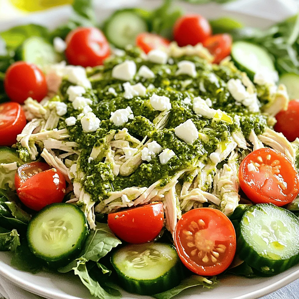 To make a delicious Healthy Pesto Chicken Salad, gather these simple ingredients: - 2 cups cooked chicken breast, shredded - 1/2 cup basil pesto (store-bought or homemade) - 1 cup cherry tomatoes, halved - 1 cucumber, diced - 1/4 cup red onion, finely chopped - 1/4 cup feta cheese, crumbled - 2 cups mixed greens or spinach - 1 tablespoon lemon juice - Salt and pepper to taste This salad is more than tasty. It is packed with nutrition: - Cooked chicken breast: This is a great source of lean protein. It helps build and repair muscles. - Basil pesto: Made from fresh basil, it has healthy fats from olive oil and nuts. This helps with heart health. - Cherry tomatoes: These are rich in vitamins A and C. They also contain antioxidants that support skin health. - Cucumber: High in water, cucumber keeps you hydrated. It also adds crunch and fiber to the salad. - Red onion: This adds flavor and is rich in antioxidants. It can help lower blood pressure and improve heart health. - Feta cheese: This cheese adds a creamy texture. It is lower in fat than many cheeses, making it a good choice. - Mixed greens or spinach: These leafy greens are full of vitamins and minerals. They support overall health and digestion. If you have dietary restrictions or preferences, you can swap some ingredients: - Chicken: Try using turkey or tofu for a vegetarian option. - Pesto: Use a nut-free pesto if you have nut allergies. You can also make a spinach or arugula pesto. - Feta cheese: Substitute with goat cheese or leave it out for a dairy-free option. - Mixed greens: If you dislike mixed greens, use kale or arugula for a different taste. - Lemon juice: If you prefer, vinegar can replace lemon juice for a tangy kick. Feel free to mix and match these options to fit your needs! For the full recipe, check out the earlier section. To make the Healthy & Easy Pesto Chicken Salad, start with the chicken. Use 2 cups of cooked chicken breast. Shred it into bite-sized pieces. Then, grab a large mixing bowl. Add the shredded chicken and 1/2 cup of basil pesto. Mix them well. Make sure the chicken gets fully coated in pesto. Next, prepare the veggies. Cut 1 cup of cherry tomatoes in half. Dice 1 cucumber into small pieces. Chop 1/4 cup of red onion finely. Add these veggies to the bowl with chicken. Gently fold them in. Be careful not to mash the tomatoes. Finally, crumble 1/4 cup of feta cheese on top. Add 1 tablespoon of lemon juice for a fresh taste. Season with salt and pepper to your liking. Mix everything well, and your salad is almost ready! When mixing, use a spatula or a large spoon. These tools help prevent breaking the chicken or veggies. Start by mixing the chicken and pesto. Once they are combined, gently add the vegetables. This way, you keep the salad looking nice. If you find your salad too thick, add a splash of olive oil. This can help make it creamy. Be sure to taste as you go. Adjust the salt, pepper, and lemon juice to suit your taste buds. To serve, lay down a bed of mixed greens or spinach on each plate. Use about 2 cups of greens. Then, top each plate with the pesto chicken salad mixture. Make sure to pile it high for a nice look. If you want to impress, drizzle a little extra pesto or olive oil on top. A sprig of fresh basil can also add a pop of color. This makes it not just tasty but also beautiful. Enjoy your Healthy & Easy Pesto Chicken Salad! For the complete recipe, check out the Full Recipe. When cooking chicken for this salad, I recommend using boneless chicken breasts. They cook evenly and shred easily. Here’s how I do it: - Boil: Place the chicken in a pot of boiling water. Cook for about 15-20 minutes until it’s no longer pink. - Cool: Let the chicken cool for a few minutes before shredding. This helps keep it juicy. - Shred: Use two forks to pull apart the chicken. It should come apart easily. Leftover pesto chicken salad can last in the fridge for three days. Store it in an airtight container. Here’s how to keep it fresh: - Keep it cold: Place it in the fridge right after serving. - Avoid moisture: If you add extra ingredients, do so just before eating. This keeps everything crisp. - Check before eating: Always smell and look at the salad before serving leftovers. To make your pesto chicken salad even better, consider these tips: - Add nuts: Chopped walnuts or pine nuts give a nice crunch. - Try different cheeses: Swap feta for goat cheese for a creamier texture. - Mix in fruits: Sliced apples or grapes can add sweetness. - Use fresh herbs: Basil or parsley can brighten up the dish. Feel free to explore these options to make your pesto chicken salad unique! For the full recipe, check out the details above. {{image_2}} You can switch up the protein in this salad. Try using turkey instead of chicken. Turkey has a great flavor and is lean. If you want a plant-based option, use tofu. Press the tofu to remove water, then cube it. Sauté it with some olive oil and a little salt for more taste. Pesto is tasty, but you can mix it up. Use a yogurt-based dressing for a creamy twist. A balsamic vinaigrette adds a nice zing. You can also blend in some lemon juice or garlic for extra flavor. These options help keep things fun and fresh. Adding seasonal veggies can boost the salad's taste and color. In spring, toss in some asparagus or radishes. Summer is great for sweet corn and bell peppers. In fall, try roasted squash or beets. Lastly, winter greens like kale or Brussels sprouts add crunch. These fresh veggies make your salad even more delicious. For the full recipe, check out the Healthy & Easy Pesto Chicken Salad. To store leftover pesto chicken salad, place it in an airtight container. This keeps the salad fresh and prevents strong smells from other foods. You should eat the salad within three days for the best taste. If you notice any change in color or smell, throw it away. Freezing chicken salad is not the best option. The texture of the chicken and veggies may change when thawed. If you must freeze, use a freezer-safe container. Keep it for up to a month. When you’re ready to eat it, thaw it in the fridge overnight. Choose containers made of glass or BPA-free plastic. Glass containers are easy to clean and do not stain. Plastic containers are lightweight and portable. Make sure they have tight lids to keep air out. This helps your salad stay fresh longer. For the best results, store the salad in the fridge right after you make it. For full details on making the salad, check the Full Recipe. Healthy Pesto Chicken Salad can last up to three days in the fridge. Make sure to keep it in an airtight container. The flavors may deepen over time, but the salad is best enjoyed fresh. If you see any signs of spoilage, it’s best to toss it. Yes, you can make this salad ahead of time. I recommend preparing the chicken and pesto mixture, then storing it separately from the greens. This way, the greens stay crisp. When you’re ready to eat, combine them for a fresh taste. You can serve Pesto Chicken Salad in many ways. Here are a few ideas: - On a bed of greens: This keeps it light and fresh. - In a wrap: Use a tortilla for a tasty lunch option. - As a sandwich: Spread it between slices of bread for a hearty meal. - With crackers: Serve it as a dip for a fun snack. These ideas help make your meal exciting and enjoyable. For the complete recipe, check out the [Full Recipe]. You now know how to make a tasty and healthy pesto chicken salad. We’ve covered key ingredients, their benefits, and suggested swaps for diets. You have step-by-step instructions to make the process easy. I shared tips to cook and store your salad well. You can vary the recipe with different proteins and dressings. Use this knowledge to create a bright, fresh dish. Enjoy your meals and share them with friends!