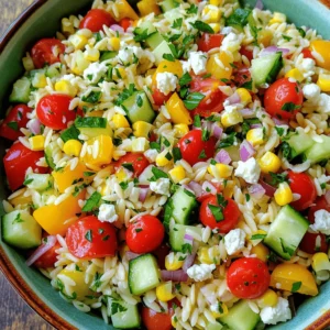 - 1 cup orzo pasta - 1 cup cherry tomatoes, halved - 1 cup cucumber, diced - 1 bell pepper (red or yellow), diced - 1 cup corn kernels (fresh or frozen) - 1/2 red onion, finely chopped - 1/2 cup feta cheese, crumbled - 1/4 cup fresh parsley, chopped - 1/4 cup olive oil - 3 tablespoons lemon juice - Salt and pepper to taste To make a great Rainbow Orzo Salad, you need orzo pasta as the base. It gives the salad a nice texture. Fresh vegetables add bright flavors and colors. I love using cherry tomatoes, cucumbers, bell peppers, corn, and red onion. Each bite bursts with taste and crunch. Feta cheese brings a salty, creamy element. The dressing of olive oil and lemon juice ties everything together. Don't forget a sprinkle of salt and pepper for balance. - Sliced black olives for garnish You can add more toppings to customize your salad. Sliced black olives are a tasty choice. They add a briny flavor that pairs well. You can also toss in some nuts or seeds for extra crunch. - Cooking pot - Mixing bowl - Whisk To prepare the salad, you'll need a few tools. A cooking pot is essential for boiling the orzo. A mixing bowl helps you combine all the ingredients easily. A whisk is useful for blending the dressing. Collect these items before you start cooking. For the Full Recipe, please refer to the earlier section. Cooking Method To start, bring a large pot of salted water to a boil. Add 1 cup of orzo pasta. Cook it for about 8 to 10 minutes. You want it to be al dente, which means it should be firm yet tender. Rinsing the Pasta Once the orzo is cooked, drain it in a colander. Rinse the pasta with cold water. This stops the cooking process and helps keep it from sticking together. Set it aside to cool while you chop the veggies. Necessary Preparation Techniques While the orzo cooks, it’s time to prepare the vegetables. Dice 1 cucumber and 1 bell pepper. Halve 1 cup of cherry tomatoes. Finely chop half a red onion. If you use frozen corn, thaw it under warm water for a few minutes. This ensures all your veggies are fresh and ready to mix. Best Practices for Freshness Using fresh vegetables makes a big difference in taste. Choose firm and colorful veggies for your salad. This not only adds flavor but also makes the dish bright and inviting. Mixing Ingredients Together In a large salad bowl, combine the cooled orzo with the chopped vegetables. Add 1 cup of corn and toss everything gently. This helps to mix the flavors without crushing the vegetables. Adding the Dressing In a small bowl, whisk together 1/4 cup of olive oil and 3 tablespoons of lemon juice. Season with salt and pepper to taste. Drizzle this dressing over the salad. Toss everything again to coat it well. For a delightful finish, fold in 1/2 cup of crumbled feta cheese and 1/4 cup of chopped parsley. For the full recipe, check the details above. Enjoy your vibrant and flavorful Rainbow Orzo Salad! Tips for Cooking Orzo To cook orzo perfectly, use plenty of salted water. This helps the pasta not stick together. Boil it for about 8-10 minutes until it's al dente. After cooking, drain it well and rinse under cold water. This stops the cooking and keeps it firm. Achieving Flavor Balance For a great flavor balance, focus on fresh ingredients. Use ripe cherry tomatoes, crisp cucumbers, and sweet bell peppers. The lemon juice adds brightness, while olive oil gives richness. Taste as you mix. Adjust salt and pepper to your liking. This helps the salad shine. Serving Suggestions When serving, choose a large bowl or individual plates. This makes it easy for guests to enjoy. Layer the salad for a colorful display. The bright colors make it look appetizing. Additional Garnishes Garnish with sliced black olives for a salty touch. Fresh parsley adds a pop of green and freshness. You can also sprinkle extra feta on top. This enhances both look and taste. Overcooking Ingredients Watch your cooking time. Overcooked orzo will become mushy. Keep an eye on your vegetables as well. They should stay crisp and vibrant. Skipping the Chill Time Chilling the salad is key for flavor. Let it sit in the fridge for at least 30 minutes. This allows the flavors to meld and become more delicious. Don't rush this step; it’s worth it! {{image_2}} Proteins to Include You can make this salad more filling by adding proteins. Try diced chicken, shrimp, or chickpeas. Each option adds taste and nutrition. I love using grilled chicken for its smoky flavor. Seasonal Vegetable Swaps Switch up the veggies based on the season. In summer, add zucchini or bell peppers. In fall, consider roasted butternut squash or Brussels sprouts. Seasonal swaps keep the salad fresh and exciting. Alternative Dressings If you want a different taste, try other dressings. A balsamic vinaigrette gives a sweet touch. A yogurt-based dressing adds creaminess without the heaviness. Experiment with what you like best. Adding Herbs and Spices Herbs and spices can elevate your salad. Fresh basil or mint adds a bright flavor. A sprinkle of chili flakes can give it a kick. Don't hesitate to mix and match until you find your favorite combo. Swapping Vegetables If your kids are picky, swap out the veggies. Try carrots, peas, or celery. You can even add sweet corn for a fun crunch. Letting kids choose makes them more excited to eat. Involving Children in Preparation Get kids involved in making the salad. Let them wash the veggies or mix the dressing. This makes cooking a fun family activity. Plus, kids are more likely to eat what they help make. For more details, check the Full Recipe for Rainbow Orzo Salad. To keep your Rainbow Orzo Salad fresh, use airtight containers. Glass or plastic containers work well. Fill them with the salad, leaving some space at the top. This helps avoid crushing the veggies. For safety, store the salad in the fridge. It stays good for about 3 to 5 days. If you notice any change in smell or color, it’s best to throw it away. Always check before eating! You can freeze Rainbow Orzo Salad, but some ingredients may change in texture. Here’s how to freeze it: 1. Prepare the Salad: Make the salad as usual but skip adding the feta cheese and dressing. 2. Portion It Out: Divide the salad into smaller portions. This makes it easy to thaw later. 3. Wrap It Up: Use freezer bags or containers. Remove as much air as possible before sealing. When you’re ready to eat, thaw the salad in the fridge overnight. To serve, mix in fresh feta and dressing. This keeps the flavors bright and tasty! If you want to serve the salad warm, here’s how to do it: 1. Microwave: Place the salad in a microwave-safe dish. Heat it in short bursts, stirring in between. Avoid overheating, as this can make the veggies mushy. 2. Stovetop: Heat a pan over low heat. Add the salad and stir gently until warm. Remember, you can enjoy the salad cold too! It’s great as a refreshing meal or side dish. Yes, you can make this salad ahead of time. I suggest preparing it at least a few hours before serving. This allows the flavors to blend well. For best results, chill it in the fridge for about 30 minutes. If you need to make it a day in advance, that works too! Just keep it covered in the fridge. If you can't find orzo, don't worry! You can use other small pasta types. Here are some good alternatives: - Ditalini - Acini di pepe - Couscous - Quinoa for a gluten-free option These choices will still give you that nice texture in your salad. Regular orzo is not gluten-free. However, you can easily make this salad gluten-free by using gluten-free pasta. Many brands offer gluten-free orzo made from rice or corn. Just check the label. This way, everyone can enjoy this tasty dish. Serve your Rainbow Orzo Salad in a large bowl or individual plates. For a nice touch, garnish it with sliced black olives or extra parsley. This adds color and makes it look fresh. You can pair it with grilled chicken or fish for a complete meal. Enjoy the vibrant flavors! In this blog post, we explored how to make a Rainbow Orzo Salad. We covered essential ingredients like orzo, fresh vegetables, and feta cheese. I shared step-by-step instructions for cooking and preparing the salad. Tips helped you perfect the dish, while variations added excitement. Lastly, we discussed storage to keep leftovers fresh. Remember, this salad is fun, bright, and enjoyable at any meal. With practice, you can make it a family favorite! Enjoy your cooking and get creative with your own twist!