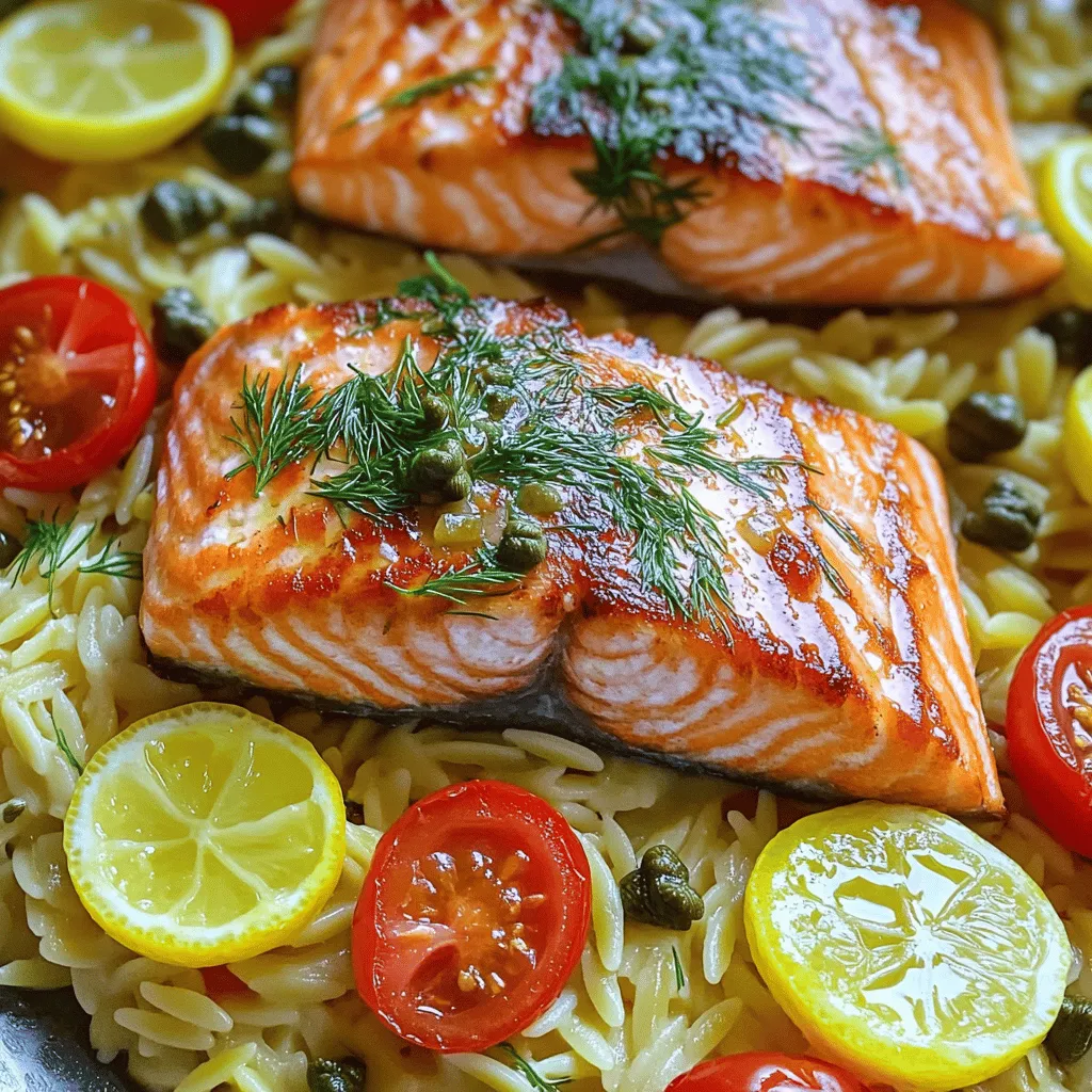 - 4 salmon fillets, skin on - Salt and pepper to taste - 2 tablespoons olive oil - 1 cup orzo pasta - 3 cups vegetable broth (or water) - Zest of 1 lemon - Juice of 1 lemon - 2 tablespoons fresh dill, chopped - ½ cup cherry tomatoes, halved - 2 tablespoons capers, rinsed and drained - 1 tablespoon butter - Fresh parsley for garnish To create this dish, start with fresh salmon fillets. The skin helps keep the fish moist and adds a nice crisp. Season the salmon well with salt and pepper. The right amount of seasoning enhances the dish's flavor. For the orzo, you’ll need to boil it in vegetable broth or water. I prefer broth for extra taste. Using lemon zest and juice gives the orzo a bright, fresh flavor that pairs perfectly with salmon. Fresh dill, cherry tomatoes, and capers add depth and texture. The dill gives an herbaceous note, while the tomatoes provide sweetness. Capers add a salty punch that balances the dish. Don't forget the butter; it makes the orzo creamy and rich. This recipe is simple yet full of flavor. You can find the Full Recipe to guide you through each step of making this delicious meal. To start, bring 3 cups of vegetable broth to a boil in a medium saucepan. Once boiling, add 1 cup of orzo pasta. Cook the orzo for about 8 to 10 minutes, or until it is al dente. This means it should be firm but not hard. When it's done, drain the orzo in a colander and set it aside. Next, grab a small bowl. In this bowl, mix together the zest and juice of 1 lemon, 2 tablespoons of fresh dill, ½ cup of halved cherry tomatoes, and 2 tablespoons of rinsed capers. Stir until everything is well combined. Let this mixture sit for a few minutes. This helps the flavors blend together nicely. Now, take your 4 salmon fillets and season them with salt and pepper on both sides. Heat 2 tablespoons of olive oil in a large skillet over medium-high heat. Once the oil is hot, carefully place the salmon fillets skin-side down into the skillet. Sear them for about 5 to 6 minutes until the skin is crispy. After that, gently flip the salmon fillets. Lower the heat to medium and cook for another 4 to 5 minutes. You want the salmon to be cooked through and flaky when you check it with a fork. Take the pot you used for the orzo and return it to low heat. Add 1 tablespoon of butter to the orzo and stir until it melts. Then, mix in the lemon mixture. Make sure everything is well combined, so the flavors spread throughout the orzo. To serve, spoon the lemon orzo onto each plate. Place a seared salmon fillet on top of the orzo. For extra flavor, drizzle the pan juices over the salmon. Finally, garnish with fresh parsley for a pop of color. Enjoy your meal! To get crispy skin on your salmon, start with dry fillets. Pat them with a paper towel. Heat your skillet until it’s hot, then add olive oil. Place the salmon skin-side down. Cook without moving it for about 5-6 minutes. The skin will crisp up nicely. For perfect doneness, cook the salmon until it flakes easily with a fork. Flip the fillets carefully and reduce the heat. Cook for another 4-5 minutes. This gives you a moist center without being overcooked. To avoid overcooked orzo, watch the cooking time closely. Follow the package instructions, usually around 8-10 minutes. You want it al dente, so check it a minute or two before the time is up. Flavor your broth for added depth. Using vegetable broth instead of water makes a big difference. You can even add herbs or a squeeze of lemon to the broth for extra taste. Garnish your dish for visual appeal. Chopped fresh parsley adds a nice pop of color. You can also sprinkle some lemon zest on top for flair. For meal pairings, serve the salmon with a fresh green salad or roasted vegetables. This adds color and balances the meal. If you want a heartier option, consider some crusty bread on the side. For the full recipe, check out the Zesty Seared Salmon with Lemon Orzo Delight. {{image_2}} You can change the protein in this dish. For a lighter option, try chicken or tofu. Both will absorb the tasty lemon flavor well. You can also add seasonal vegetables. Think asparagus in spring or zucchini in summer. These fresh veggies bring color and nutrients to your plate. Herbs and spices can change the dish's taste. Try adding basil or thyme for a twist. You can also use different citrus fruits. Lime or orange can give the orzo a fun spin. Just zest and juice them like you would with lemon. If you need a gluten-free option, look for gluten-free orzo. Many brands make good substitutes. For a low-sodium dish, use low-sodium broth. This keeps the flavor without too much salt. These swaps make the dish fit more diets while keeping it delicious. To store leftovers, cool the dish quickly. Place the salmon and orzo in airtight containers. Use glass or plastic containers with tight lids. This keeps the food fresh and safe. I recommend using shallow containers to cool faster. You can freeze both the salmon and the orzo. Wrap the salmon tightly in plastic wrap, then place it in a freezer bag. For orzo, put it in a separate, airtight container. When ready to eat, thaw overnight in the fridge. Reheat gently in a skillet or microwave. In the fridge, this dish lasts about three days. Look for changes in color or smell. If the salmon looks dull or the orzo smells sour, it is time to toss it. Always trust your senses to keep food safe. Yes, you can meal prep this dish. Start by cooking the orzo and salmon separately. Store the orzo in a sealed container in the fridge for up to three days. For the salmon, cook it fresh if possible. If you must store it, keep it in an airtight container. Reheat the orzo in a pot with a splash of water to keep it moist. Reheat the salmon gently in the oven to avoid drying it out. This way, you retain the flavors and textures. You can pair this dish with several great sides. Try a fresh green salad with lemon vinaigrette. Roasted asparagus or steamed broccoli also works well. You might enjoy some crusty bread to soak up the juices too. These sides balance the meal and add some color to your plate. To check if the salmon is done, look for the color and texture. The flesh should change from a translucent pink to a more opaque shade. You can also use a fork to test it. Gently press the salmon; it should flake easily. If it does, it’s ready to serve. Cooked salmon should have an internal temperature of 145°F, but visual checks work well too. For the complete details on how to make this dish, check out the Full Recipe: Zesty Seared Salmon with Lemon Orzo Delight. In this post, we explored how to make seared salmon with lemon orzo. We covered the main ingredients, cooking steps, and some handy tips. Remember, cooking salmon with crisp skin is key for a great dish. Pair it with fresh flavors from lemon and herbs for a burst of taste. You can even store leftovers or make modifications to fit your needs. This meal is not just easy but also delightful. Enjoy creating this vibrant dish and impressing your guests!