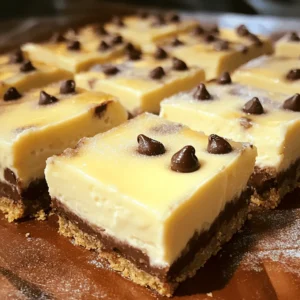 - 1 ½ cups graham cracker crumbs - ½ cup unsalted butter, melted - 2 (8 oz) packages cream cheese, softened To make these bars, start with a strong base. The graham cracker crumbs form a crunchy crust. The melted butter binds the crumbs, giving you a delicious foundation. Cream cheese adds that rich, creamy texture we love in cheesecake. - ¾ cup sugar - 2 large eggs - 1 teaspoon vanilla extract - 1 cup sour cream - 1 cup semi-sweet chocolate chips The sugar sweetens the filling, while eggs help it set. Vanilla extract adds a warm flavor, enhancing the dessert. Sour cream brings creaminess and a slight tang. The star ingredient? Chocolate chips. They add sweet pockets of chocolate in every bite. - Whipped cream - Chocolate sauce - Fresh fruit Toppings can elevate your bars. A dollop of whipped cream adds lightness. Drizzling chocolate sauce gives you that extra sweetness. Fresh fruit, like berries, can add a refreshing twist. Feel free to mix and match for your perfect finish. For the complete recipe, check the Full Recipe section. 1. First, preheat your oven to 325°F (160°C). Grease a 9x13 inch baking pan with cooking spray. You can also line it with parchment paper for easy removal later. 2. In a medium bowl, combine 1 ½ cups of graham cracker crumbs, ½ cup of melted unsalted butter, and 1 tablespoon of sugar. Mix these well until they form a sandy texture. 3. Press the crumb mixture firmly into the bottom of your prepared baking pan. Make sure it is even. Bake this crust for 10 minutes, then take it out and let it cool slightly. 1. In a large mixing bowl, beat 2 packages of softened cream cheese with an electric mixer. Mix it until creamy and smooth, about 2-3 minutes. 2. Now, add ¾ cup of sugar and mix until it blends well. Scrape down the bowl sides to catch any lumps. 3. Add 2 large eggs, one at a time. Mix well after each egg. Next, stir in 1 teaspoon of vanilla extract and 1 cup of sour cream. Make sure the mixture is smooth and creamy. 1. Gently fold in 1 cup of semi-sweet chocolate chips into the cheesecake filling. This adds a delightful chocolatey bite. 2. Pour the cheesecake mixture over the crust, spreading it evenly across the top. 3. Bake in the preheated oven for 30-35 minutes. The edges should set, while the center remains slightly jiggly. 4. After baking, turn off the oven and crack the door open. Let the cheesecake cool gradually in the oven for about 1 hour. 5. Once cooled, refrigerate your cheesecake bars for at least 4 hours, or even better, overnight for the best texture. To get the right texture for your cheesecake bars, focus on mixing. Always beat your cream cheese until it is creamy and smooth. This helps to avoid lumps in your filling. After adding eggs, mix each one in well. This step is key to a soft and smooth texture. Cracks can spoil the look of your cheesecake bars. To avoid cracks, cool the bars slowly. After baking, crack the oven door for one hour. This lets heat escape and cools the bars gently. Chilling them overnight also helps set the filling. A good mixer is vital for smooth filling. I recommend a stand mixer for ease and power. It blends the cream cheese well, saving you time. If you use a hand mixer, mix longer to ensure smoothness. For bakeware, a 9x13 inch pan works best. It ensures even cooking throughout the bars. Use a metal pan for the best heat distribution. If you want easy removal, line the pan with parchment paper. Chocolate chip cheesecake bars pair well with whipped cream. Add a drizzle of chocolate sauce for extra sweetness. Fresh fruit like strawberries or raspberries also brightens the dish. When slicing, use a warm knife for clean cuts. Dip your knife in hot water, then wipe it dry. This helps you cut through the creamy filling without tearing it. Aim for even squares for a nice presentation. For the full recipe, check out the details in the previous sections. {{image_2}} You can switch up the chocolate in your cheesecake bars. Try using dark chocolate or white chocolate chips. Both bring a new taste and richness. If you love fruit, add some raspberries or strawberries. Their tartness balances the sweet cheesecake. You can fold in the fruit or place it on top before serving. Each bite will burst with flavor. The crust can change the whole feel of the bars. Instead of graham crackers, use Oreo cookies for a chocolatey twist. You can also crush chocolate chip cookies for a fun, chewy base. If you need a gluten-free option, try almond flour or gluten-free cookies. These alternatives keep the bars tasty while meeting dietary needs. Toppings make your cheesecake bars even better. Drizzle caramel or fudge sauce on top for a sweet finish. You can also sprinkle nuts or crunchy toppings for a nice texture. Chopped almonds or pecans add a great crunch. If you love whipped cream, serve a dollop on the side. These simple touches make your bars look and taste special. For the full recipe, follow the instructions carefully to create a delicious treat. To keep your chocolate chip cheesecake bars fresh, store them in the fridge. Use an airtight container. This helps prevent them from drying out. Make sure they are completely cool before sealing. If you want to freeze them, wrap each bar in plastic wrap. Then, place them in a freezer bag. This extra layer protects them from freezer burn. In the fridge, these cheesecake bars last about five days. If you freeze them, they can stay good for up to three months. To know if they have gone bad, check for a sour smell or any mold. If you see any changes in color or texture, it’s best to toss them. If you froze your cheesecake bars, it’s easy to refresh them. Let them thaw in the fridge overnight. If you want to warm them up, preheat your oven to 300°F (150°C). Place the bars on a baking sheet and heat for about 10-15 minutes. This will make them soft and tasty again. Enjoy your delicious chocolate chip cheesecake bars! For the full recipe, check out the details above. Can I make these cheesecake bars ahead of time? Yes, you can make these cheesecake bars a day or two in advance. Just store them in the fridge. This allows the flavors to blend well together. How do I know when the cheesecake is done baking? The cheesecake is done when the edges are set, and the center is slightly jiggly. A toothpick inserted should come out clean but may have some creamy filling on it. Can I use low-fat cream cheese for this recipe? You can use low-fat cream cheese, but the texture may change a bit. Full-fat cream cheese gives a richer taste and creamier texture. Can I substitute the sour cream with Greek yogurt? Yes, Greek yogurt is a great substitute for sour cream. It adds a nice tang and keeps the bars creamy. What can I use if I don't have graham crackers? You can use crushed cookies like Oreos or any other cookie you prefer. Just make sure to adjust the sugar if necessary. What is the best way to serve cheesecake bars? Cut the cheesecake bars into squares and serve them chilled. They taste even better with a dollop of whipped cream on top. Can I decorate them before serving? Absolutely! You can drizzle chocolate sauce, add fresh fruit, or sprinkle some nuts on top. It makes the bars look and taste even better. For the full recipe, check out the instructions above. In this post, I shared how to make delicious chocolate chip cheesecake bars. We covered key ingredients, step-by-step instructions, and useful tips to get great results. Remember to play with flavor variations and toppings for a unique twist. Store these treats properly to enjoy them longer. Whether you're a baker or a dessert lover, I hope you find joy in making and sharing these bars. Happy baking!