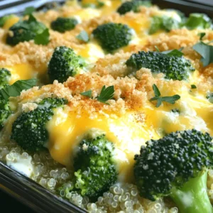- 4 cups fresh broccoli florets - 2 cups cooked quinoa - 1 cup shredded sharp cheddar cheese - 1 cup creamy Greek yogurt - 1/2 cup milk (or almond milk) - 1/2 teaspoon garlic powder - 1/2 teaspoon onion powder - Salt and pepper, to taste - 1/2 cup whole wheat breadcrumbs - 1 tablespoon olive oil - 1/2 teaspoon paprika - 1/4 cup grated Parmesan cheese (optional) To create a delicious Broccoli and Cheese Casserole, we need fresh and tasty ingredients. The fresh broccoli florets give this dish a bright color and crunch. They are also packed with vitamins. Using cooked quinoa adds protein and makes the dish hearty. Now, for the creamy part—sharp cheddar cheese gives a strong flavor. Greek yogurt keeps it rich and creamy without being too heavy. The milk, whether regular or almond, ties everything together. Next, we add the seasonings. Garlic powder and onion powder boost the flavor without making it too strong. You can add salt and pepper to fit your taste. For the topping, whole wheat breadcrumbs add a nice crunch. Olive oil helps them brown nicely. Paprika adds just a hint of spice, while Parmesan cheese gives an extra layer of flavor if you choose to use it. With these ingredients, you're on your way to making a cozy and comforting casserole. For the full recipe, check out the Cheesy Broccoli Bliss Casserole. - Preheat the oven to 350°F (175°C). - Steam broccoli florets until bright green, about 3-4 minutes. To steam the broccoli, fill a pot with water and bring it to a boil. Place a steamer basket over the pot. Make sure the water does not touch the broccoli. When the water is boiling, add the florets to the basket. Cover and let them steam until tender. This method keeps the broccoli crisp and bright. - Combine quinoa, cheese, yogurt, milk, and seasonings in a large bowl. - Fold in steamed broccoli gently. In this step, you mix cooked quinoa for added protein and texture. The cheese adds creaminess, while the yogurt makes it rich. Milk also helps to keep the dish moist. Use a spatula to fold in the broccoli gently. You want to keep the pieces whole for great texture. - Transfer to a baking dish and spread evenly. - Prepare breadcrumb topping and sprinkle over the casserole. - Bake for 25-30 minutes until golden brown. After mixing, pour the mixture into a greased baking dish. Spread it out so it cooks evenly. For the topping, mix breadcrumbs with olive oil and spices. This adds a nice crunch. Bake the casserole until the top is golden and bubbly. This will create a warm, comforting dish that shines at any meal. For the full recipe, check the details above. To get the best texture, use cooked quinoa. Quinoa adds a nice bite and protein. Make sure it is fluffy, not mushy. It helps hold the casserole together. Cheese variety matters too. Sharp cheddar gives a strong taste. You can mix it with mozzarella for creaminess. This blend keeps the dish rich and flavorful. Pair this casserole with a simple salad or roasted chicken. The fresh flavors balance the rich cheese. For a colorful touch, garnish with parsley or chives. It makes the dish pop on the plate. For a gluten-free option, switch to gluten-free breadcrumbs. They work just as well for the topping. If you want a vegetarian twist, skip the meat and focus on the veggies. You can add more broccoli or other greens for extra nutrients. {{image_2}} You can switch up the cheese in this dish. Gouda adds a smoky flavor. Mozzarella gives a nice stretch. Feel free to mix cheeses for a fun twist! You can make this casserole heartier by adding protein. Cooked chicken or beans work great. You can also add more veggies. Bell peppers or carrots add color and taste! If you're looking for lighter options, try low-fat cheese or dairy-free yogurt. You can also use whole grain breadcrumbs for more fiber. Quinoa is a great base for a healthier touch. For the full recipe, check out the ingredients above. To keep your broccoli and cheese casserole fresh, store leftovers in the fridge. Use an airtight container. This helps prevent any odors from the fridge getting into your dish. You can keep it there for about 3 to 5 days. If you want to save it for later, freezing is a great option. First, let the casserole cool completely. Then, wrap it tightly in plastic wrap or aluminum foil. You can also use a freezer-safe container. This way, it can last for about 2 to 3 months. When you're ready to eat, thaw it in the fridge overnight. To keep the texture right, reheating in the oven works best. Preheat your oven to 350°F (175°C). Place the casserole in a baking dish, cover it with foil, and heat for about 20 minutes. Remove the foil for the last 5 minutes to crisp the top. You can use a microwave if you're in a hurry, but it may make the casserole a bit soggy. Heat it in short bursts of about 1 minute. Check it often to avoid overcooking. Enjoy your cheesy broccoli bliss from the comfort of your kitchen! For the full recipe, check out the original instructions. If you want a gluten-free version, use gluten-free breadcrumbs instead of regular ones. You can also swap out quinoa for another gluten-free grain. Quinoa adds great protein and texture, making it a smart choice. Yes, you can make this casserole ahead of time. First, follow all the steps until you are ready to bake it. Then, cover it and store it in the fridge for up to 24 hours. When you are ready to eat, just bake it straight from the fridge. You may need to add an extra 5-10 minutes to the baking time. If you need a substitute for Greek yogurt, you have several options. You can use sour cream for a similar texture. For a dairy-free option, try using silken tofu blended smooth. Both choices keep the casserole creamy and tasty. This blog post outlined a tasty and healthy casserole recipe. We covered fresh ingredients, creamy elements, and seasonings that add flavor. I provided clear steps from preparation to baking, along with tips for perfecting the dish. You learned options for variations and dietary needs, plus storage advice. Now, you have the tools to make a delightful casserole that suits your taste. Enjoy creating this nutritious meal that can fit any table!