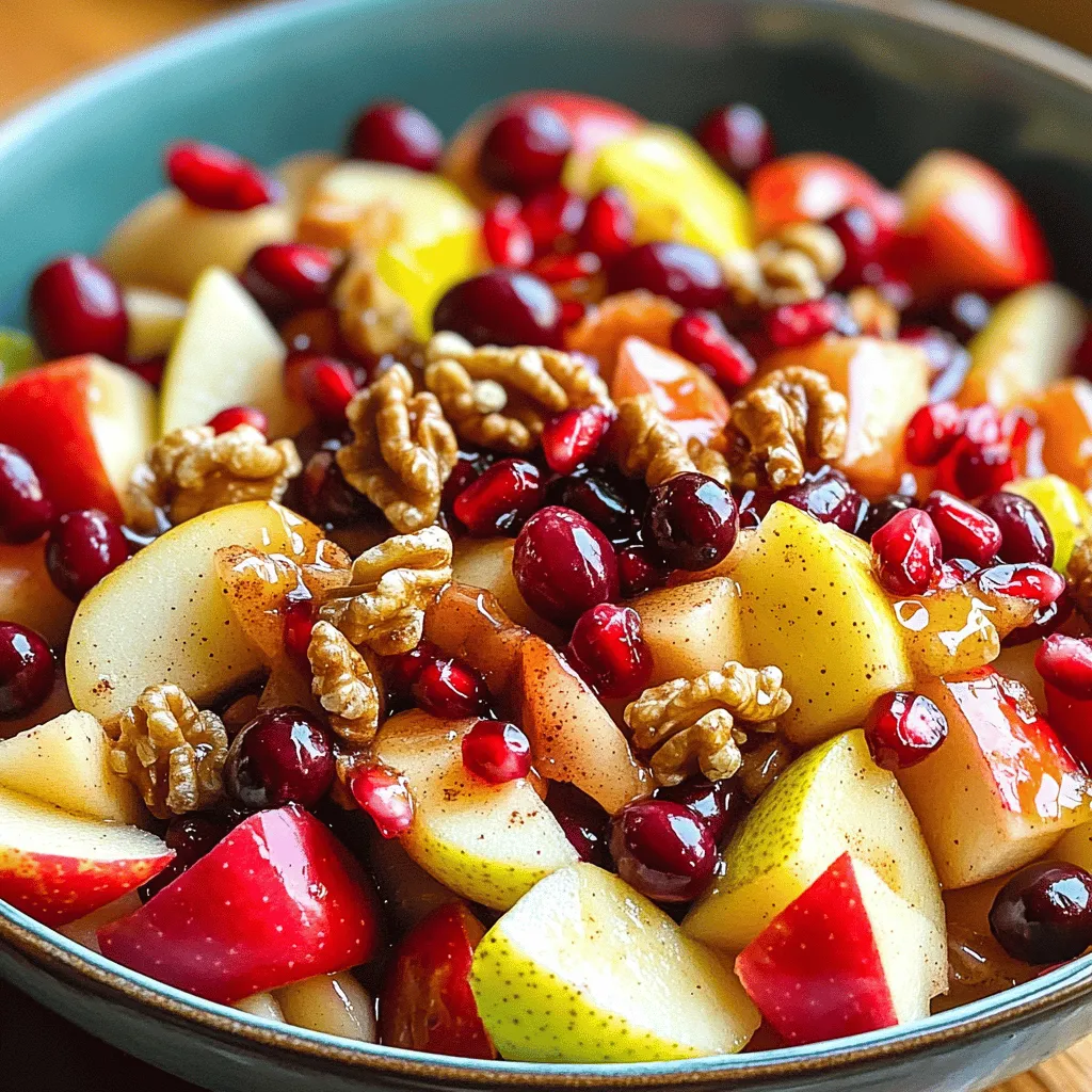 For a tasty fall fruit salad, you will need: - 2 crisp apples, diced (such as Honeycrisp or Fuji) - 1 cup fresh cranberries, rinsed - 1 cup ripe pears, diced - 1 cup grapes, halved - 1/2 cup pomegranate seeds These fruits create a lovely mix of sweet and tart. Apples and pears add crunch, while cranberries give a burst of flavor. Grapes are juicy and fun to eat. Pomegranate seeds add color and a bit of chew. You can make your fall fruit salad even better by adding: - 1/4 cup walnuts, chopped - 1/4 cup maple syrup - 1 tablespoon fresh lemon juice Chopped walnuts add a nice crunch. Maple syrup gives a sweet touch. A splash of lemon juice keeps the fruits bright and fresh. To dress your salad, you will need: - 1 teaspoon ground cinnamon - Pinch of salt Cinnamon brings warmth and spice to the salad. A pinch of salt balances the sweetness and enhances all the flavors. For the full recipe, check the details above. Start by washing all the fruits. Use two crisp apples and dice them into small pieces. I love Honeycrisp or Fuji apples for their sweetness. Next, rinse one cup of fresh cranberries. Cut one cup of ripe pears into small cubes. Halve one cup of grapes and toss them into a large mixing bowl. Lastly, gently fold in half a cup of pomegranate seeds. This adds a pop of color and flavor to your salad. In a small bowl, whisk together the dressing. Combine one-fourth cup of maple syrup with one tablespoon of fresh lemon juice. Add one teaspoon of ground cinnamon and a pinch of salt. Mix until all ingredients blend well. This sweet and tangy dressing will enhance your fruit salad. Drizzle the dressing over the fruit mixture in the large bowl. Toss gently to coat all the fruits evenly. Sprinkle one-fourth cup of chopped walnuts on top for a nice crunch. Give the salad one last gentle toss to mix everything together. Now, cover the bowl and chill it in the refrigerator for at least 30 minutes. This waiting time lets the flavors meld beautifully. Enjoy your fresh and flavorful treat! For the full recipe, click [Full Recipe]. Choose fruits that are in season for the best taste. For this salad, I love using crisp apples, ripe pears, and juicy grapes. Look for firm apples like Honeycrisp or Fuji. Select pears that yield slightly when pressed. Fresh cranberries should be bright and firm. When buying grapes, pick plump, unblemished ones. Seasonal fruits not only taste better but also add color. To boost the flavor, add a splash of fresh lemon juice. The citrus brightens the whole salad. A sprinkle of ground cinnamon adds warmth and spice. For presentation, use a festive bowl. Layer the fruits for a beautiful look. Top with extra pomegranate seeds for a pop of color. A sprinkle of chopped walnuts gives a nice crunch. You want your salad to be as tasty as it is pretty. Kids love fun shapes and colors. Use cookie cutters to create fun fruit shapes. Mix in some mini marshmallows for sweetness. You can even let kids help with mixing. They may be more excited to eat what they made. Consider serving the salad in fun, themed cups. This makes it feel special and more appealing. A colorful, fun fruit salad is a hit with kids. For more details on how to create this delicious dish, check out the Full Recipe. {{image_2}} You can change this salad to fit your taste. Try adding bananas or citrus fruits. Sliced strawberries add brightness too. For nuts, consider almonds or pecans. They give crunch and flavor. Each fruit or nut brings its own twist. Make it yours by mixing what you love. If you want a sweet treat, turn this salad into a dessert. Add a dollop of whipped cream or yogurt. Drizzle some chocolate sauce on top for extra sweetness. You can also sprinkle granola for a crunchy layer. This makes a fun dessert that kids will enjoy. While cinnamon is great, you can try other spices. Nutmeg or ginger adds warmth and depth. A splash of vanilla extract can also enhance the flavors. You might even mix in some fresh mint for a refreshing note. Experiment and find your favorite combinations. For the full recipe, check out the Autumn Harvest Fruit Salad. Store your fall fruit salad in an airtight container. This keeps the fruit fresh and prevents browning. You can use a glass or plastic container with a tight lid. If you have any nuts, keep them in a separate bag. Adding them right before serving helps keep them crunchy. When stored properly, your fall fruit salad lasts about three days in the fridge. After that, the fruit may start to lose its crispness. If you notice any browning or mushy spots, it’s best to toss it out. Always check for freshness before eating. Before serving leftovers, give the salad a gentle toss. This helps mix the flavors again. If the fruit looks a bit dry, you can add a splash of lemon juice or maple syrup. This will brighten the flavors and make it taste fresh. Enjoy your salad again with a new twist! This Fall Fruit Salad is packed with nutrients. Apples are great for your heart. Pears boost your digestion. Cranberries help fight infections. Grapes are full of antioxidants. Pomegranate seeds add vitamins and minerals. Walnuts provide healthy fats. Maple syrup gives a natural sweetness. Together, these fruits support overall health and taste great. Yes, you can make this salad ahead of time. Prepare the fruit and dressing separately. Mix them just before serving. Chilling the salad for 30 minutes helps the flavors blend. If you make it too early, the fruit may get mushy. Store leftovers in the fridge for up to three days. You can use many dressings for fruit salad. Try yogurt for a creamy option. Honey adds more sweetness without the syrup. Citrus dressings with orange or lime juice brighten the flavors. A simple balsamic glaze brings a unique twist. Experiment with your favorites to find what you love best. This blog post shared how to make a tasty Fall Fruit Salad. We covered key ingredients, from required fruits to dressings. You learned how to prepare, mix, and chill for maximum flavor. I shared tips on picking the best fruits and even making it kid-friendly. You can customize it with extras, like nuts or dessert elements. Remember, storing leftovers properly can keep your salad fresh. Enjoy creating your own unique salad this season!