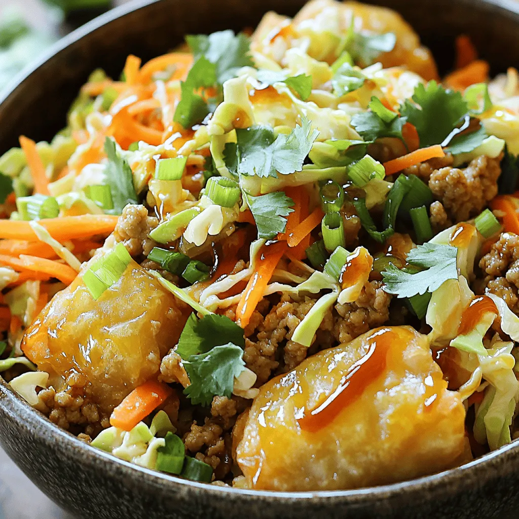 To make Egg Roll in a Bowl, you need simple ingredients that pack a punch of flavor. Here’s what you’ll need: - 1 pound ground chicken or turkey - 1 tablespoon sesame oil - 1 cup shredded carrots - 2 cups coleslaw mix (cabbage and carrots) - 3 green onions, chopped - 2 cloves garlic, minced - 1 teaspoon ginger, grated - 2 tablespoons soy sauce (or tamari for gluten-free) - 1 tablespoon rice vinegar - 1 tablespoon sriracha (optional for heat) - Salt and pepper to taste - Chopped cilantro for garnish Each serving of Egg Roll in a Bowl is delicious and nutritious. Here’s what you get per serving: - Calories: 320 - Protein: 25g - Carbohydrates: 15g - Dietary Fiber: 3g - Total Fat: 20g - Saturated Fat: 4g - Sodium: 600mg You can easily swap some ingredients for your needs or preferences: - Ground Chicken/Turkey: Use ground pork or tofu for a different flavor. - Sesame Oil: You can use olive oil if you don’t have sesame oil. - Coleslaw Mix: Swap with fresh cabbage or any mixed greens you like. - Soy Sauce: Use coconut aminos for a soy-free option. - Sriracha: Replace with chili flakes or omit for less heat. These substitutions can help you customize the dish while keeping it tasty! For the full recipe, check out the detailed instructions. To start, gather all your ingredients. This makes cooking smooth and fast. You will need: - 1 pound ground chicken or turkey - 1 tablespoon sesame oil - 1 cup shredded carrots - 2 cups coleslaw mix (cabbage and carrots) - 3 green onions, chopped - 2 cloves garlic, minced - 1 teaspoon ginger, grated - 2 tablespoons soy sauce (or tamari for gluten-free) - 1 tablespoon rice vinegar - 1 tablespoon sriracha (optional for heat) - Salt and pepper to taste - Chopped cilantro for garnish Next, chop your green onions and mince the garlic. Grate the ginger. Measure the soy sauce and rice vinegar. This prep saves time later. Heat the sesame oil in a large skillet over medium-high heat. This oil adds a nice nutty taste. Add the ground chicken or turkey, breaking it apart with a spatula. Cook until it turns brown, about 5-7 minutes. This step is key for flavor. Once the meat cooks, stir in the minced garlic and grated ginger. Cook for another 1-2 minutes until you smell their aroma. Then add your shredded carrots and coleslaw mix. Sauté for 3-5 minutes. The veggies should be tender but still crisp. Pour in the soy sauce, rice vinegar, and sriracha if you want some heat. Stir well and sauté for one more minute. This combines all the flavors together. Finally, season with salt and pepper to taste. Prep time takes about 10 minutes. Cooking the dish takes just 10 minutes. So, the total time is only 20 minutes! You can serve this meal hot and garnished with chopped cilantro. It’s a quick and tasty option for any night. For the full recipe, check out the complete details above. To make Egg Roll in a Bowl healthier, swap out some ingredients. You can use lean ground turkey instead of chicken. This choice lowers fat and adds protein. You can also add more veggies. Try bell peppers, broccoli, or zucchini for extra fiber. Use low-sodium soy sauce to cut back on salt. Another great tip is to skip the sriracha if you want less heat. You can also add more fresh herbs like cilantro. These changes will keep the dish tasty and nutritious. Using the right tools can make cooking easier. A large skillet is key for this recipe. It allows you to cook all the ingredients at once. A good spatula helps you mix everything well without sticking. A sharp knife is essential for chopping vegetables quickly. A cutting board is also necessary for safe and easy prep. Finally, having measuring spoons can help you get the right amount of sauce. These tools will speed up your cooking process and ensure great results. Many people make simple mistakes when cooking Egg Roll in a Bowl. One common error is overcooking the vegetables. Sauté them just until they are tender but still crisp. Overcooked veggies can lose their flavor and crunch. Another mistake is not breaking the meat apart while cooking. This can lead to clumps instead of evenly cooked meat. Lastly, be careful not to skip seasoning. Taste your dish and adjust flavors as needed. These small changes will help you create a better meal. {{image_2}} You can easily turn this meal into a vegetarian or vegan dish. Use tofu or tempeh instead of chicken or turkey. Just crumble the tofu or cut the tempeh into small pieces. Cook them in the same way as the meat. You can add mushrooms for extra flavor and texture. Also, check your soy sauce to ensure it's vegan. For low-carb or keto diets, swap out the carrots and coleslaw mix. Use shredded zucchini or cauliflower rice instead. These options are low in carbs and still give you that great crunch. You can also skip the rice vinegar and sriracha if you want even fewer carbs. This keeps the dish light and tasty. You can adjust the flavor to fit your taste. If you love heat, add more sriracha or chili flakes. For a touch of sweetness, mix in a bit of honey or coconut sugar. To make it tangy, add more rice vinegar. Feel free to experiment with different herbs like basil or cilantro for a fresh twist. You can craft a version that suits your cravings! For the complete method, visit the Full Recipe. To store leftovers, let your egg roll in a bowl cool down first. Then, place it in an airtight container. Keep it in the fridge. You can enjoy it for up to three days. Make sure to label your container with the date. This helps you know when to eat it. You can freeze egg roll in a bowl for later. Use a freezer-safe container or bag. It can last in the freezer for about three months. When you are ready to eat, thaw it overnight in the fridge. Reheat it in a skillet over medium heat. Stir regularly until it is heated through. You can also use the microwave. Heat it in short bursts, stirring in between. The ingredients in egg roll in a bowl have different shelf lives. Here’s a quick guide: - Ground chicken or turkey: Use within one to two days if raw. Cooked meat lasts about three to four days in the fridge. - Shredded carrots and coleslaw mix: These stay fresh for about a week in the fridge. - Green onions: Use them within a week for the best flavor. - Sauces: Soy sauce lasts a long time, but rice vinegar is good for about a year unopened. Keeping track of these dates helps you keep your meals fresh and tasty. Yes, you can use many proteins. Ground pork, beef, or tofu work well. Each option brings a unique taste. For tofu, use firm or extra-firm for best results. Just ensure it is cooked until crispy. Adjust cooking time as needed. To make it gluten-free, swap regular soy sauce for tamari. Tamari is a great option that tastes similar. Always check the labels to ensure no gluten hidden in sauces. You can also use coconut aminos as a soy sauce alternative. This keeps the flavor while making it safe for gluten-free diets. Egg Roll in a Bowl stands well on its own, but sides can enhance the meal. Here are a few great options: - Steamed jasmine rice - Cauliflower rice for a low-carb choice - Fresh cucumber salad for a crunchy contrast - Egg drop soup for a warm, comforting side These pairings add variety and flavor to the meal. Egg Roll in a Bowl is simple and tasty. You can make it in just 20 minutes. Here are the key ingredients you will need: - 1 pound ground chicken or turkey - 1 tablespoon sesame oil - 1 cup shredded carrots - 2 cups coleslaw mix (cabbage and carrots) - 3 green onions, chopped - 2 cloves garlic, minced - 1 teaspoon ginger, grated - 2 tablespoons soy sauce (or tamari for gluten-free) - 1 tablespoon rice vinegar - 1 tablespoon sriracha (optional) - Salt and pepper to taste - Chopped cilantro for garnish To make this dish, first heat the sesame oil in a large skillet. Then, add the ground chicken or turkey. Cook until browned, about 5 to 7 minutes. Next, stir in minced garlic and grated ginger. Cook for another 1 to 2 minutes. Now, add the shredded carrots and coleslaw mix. Sauté for about 3 to 5 minutes until the veggies are tender. Then pour in the soy sauce, rice vinegar, and sriracha. Stir well and cook for another minute. Season with salt and pepper. Finally, remove from heat and add the chopped green onions. Serve hot, garnished with cilantro. For the full recipe, check the earlier section. Enjoy your delicious, easy meal! This article covers everything you need for making Egg Roll in a Bowl. We went through the ingredients, nutrition, and how to make it healthier. You learned step-by-step instructions and key cooking techniques to enhance flavor. I shared tips to avoid common mistakes and gave alternatives for different diets. Proper storage and reheating tips help keep leftovers fresh. Try this dish with your own twists. With these insights, you can create a fun, tasty meal everyone will enjoy. Happy cooking!