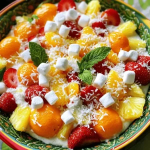 - 1 cup low-fat Greek yogurt - 1 tablespoon honey (or to taste) - 1 cup canned mandarin oranges, drained - 1 cup fresh pineapple, diced - 1 cup strawberries, hulled and sliced - 1 cup mini marshmallows (optional for sweetness) - ½ cup shredded coconut (unsweetened) - 1 teaspoon vanilla extract - Fresh mint leaves for garnish (optional) These ingredients create a light and tasty fruit salad. The Greek yogurt gives it a creamy base. Honey adds sweetness, while the fruits bring a burst of flavor. You can use mini marshmallows to make it sweeter, but they are optional. If you want to change things up, you can swap Greek yogurt for any yogurt you like. Try dairy-free options like coconut or almond yogurt. For sweeteners, use maple syrup or agave. If you want to switch fruits, you can add blueberries, mangoes, or even kiwi. This salad is flexible and lets you play with flavors. - Mixing bowl - Spatula or spoon - Measuring cups - Plastic wrap Having the right tools makes cooking easier. A mixing bowl is key for combining your ingredients. Use a spatula or spoon for gentle mixing. Measuring cups help ensure you get the right amounts. Finally, plastic wrap keeps your salad fresh while it chills in the fridge. For the Full Recipe, you can see the complete steps to make this delicious Skinny Ambrosia Fruit Salad. To start, gather your ingredients. In a large mixing bowl, combine 1 cup of low-fat Greek yogurt, 1 tablespoon of honey, and 1 teaspoon of vanilla extract. Stir these together well until you get a smooth and creamy mix. This base adds rich flavor and a nice creamy texture. Next, gently fold in the fruits. Add 1 cup of drained canned mandarin oranges, 1 cup of diced fresh pineapple, and 1 cup of hulled and sliced strawberries. If you want extra sweetness, add 1 cup of mini marshmallows. For a tropical twist, include ½ cup of unsweetened shredded coconut. Mix slowly to coat the fruit with the yogurt dressing without breaking it apart. After mixing, cover the bowl with plastic wrap. Refrigerate the salad for at least 30 minutes. This chilling time lets the flavors meld together, making each bite tastier. When ready to serve, give the salad a gentle stir to mix again. Serve it in small bowls or a large dish. For a nice touch, garnish with fresh mint leaves if you like. This adds color and a fresh scent. Mixing gently is crucial. It keeps the fruit intact and maintains the salad's light feel. Too much stirring can mush the fruit. Before serving, ensure the salad is cold. This makes it refreshing, especially on warm days. Enjoy the bright flavors and creamy texture of your Skinny Ambrosia Fruit Salad! For the complete recipe, refer to the [Full Recipe]. To cut calories and sugar, use less honey. You can also skip the mini marshmallows. They add sweetness but pack on extra sugar. Using fresh fruits can help too. They bring natural sweetness to the salad. For protein-rich options, swap Greek yogurt for protein-fortified versions. You could also stir in some cottage cheese. Both options boost the protein without adding too many calories. Add a burst of flavor by using citrus zest. Lemon or lime zest adds a fresh kick. A little zest goes a long way in brightening the taste. Consider adding nuts or seeds for crunch. Almonds, walnuts, or chia seeds are great choices. They give your salad a nice texture and healthy fats too. Get creative with how you serve the salad. Use small cups or clear bowls to show off the colors. Layering the fruits makes it look fancy. Choose colorful fruits to make your salad pop. Red strawberries, orange mandarins, and yellow pineapple create a vibrant look. They not only taste good but also make the dish visually appealing. Check out the full recipe for more ideas! {{image_2}} Mixing fruits can make your Skinny Ambrosia Fruit Salad exciting. You can use seasonal fruits based on what is fresh. In summer, berries shine bright. Think blueberries, raspberries, and blackberries for vibrant colors. In fall, apples and pears add a crisp bite. For tropical vibes, consider mangoes or kiwi. These fruits add sweetness and a fun twist. You can even add some passion fruit for a unique flavor. Each mix brings a new taste and look to your salad. If you want a vegan version, swap Greek yogurt for almond or coconut yogurt. These options still give you a creamy texture. For sweetness, use maple syrup instead of honey. This keeps it plant-based and delicious. If gluten is a concern, you’re in luck! All the ingredients in this salad are naturally gluten-free. You can enjoy it without worry. Just be sure to check your yogurt and marshmallows if they are certified gluten-free. You can make themed ambrosia salads for special events. For holidays, add colors to match the season. For Halloween, use oranges, blackberries, and purple grapes. For Christmas, think red and green with cherries and kiwi. Color-themed salads are fun too! Create a rainbow salad with a mix of colorful fruits. Each layer adds a new hue and flavor. This makes your dish as pretty as it is tasty. For more ideas, check the Full Recipe and let your creativity flow! To keep your Skinny Ambrosia Fruit Salad fresh, use an airtight container. Glass containers work well because they do not absorb smells. Before sealing, make sure the salad is cool. This keeps moisture from forming inside the lid. If you plan to eat it later, cover the container tightly with plastic wrap. To maintain freshness, store the salad in the fridge. Avoid leaving it out for long periods. The yogurt can spoil if it sits too long. If you have leftover salad, eat it within three days for the best taste. The optimal time to enjoy your ambrosia salad is within three days. After this, the fruits may lose their texture and flavor. Check for signs of spoilage before eating. If you see any mold or the salad smells sour, it is best to throw it away. Fresh fruits will start to brown and become mushy after a few days. If you have leftover salad, consider remixing it. You can add more fresh fruit for a new twist. Chopped apples or bananas can bring in new flavors. Another fun idea is to use it as a topping for yogurt or pancakes. You could also blend it into a smoothie for a refreshing drink. For a creative twist, try adding leftover ambrosia to baked goods. You can mix it into muffin batter or use it as a filling for cakes. This way, you reduce waste while enjoying tasty treats. Skinny Ambrosia Fruit Salad has about 150 calories per serving. This number can vary based on the fruits you choose. Here’s a quick breakdown of the calories in each ingredient: - 1 cup low-fat Greek yogurt: 100 calories - 1 tablespoon honey: 64 calories - 1 cup canned mandarin oranges: 60 calories - 1 cup fresh pineapple: 82 calories - 1 cup strawberries: 50 calories - 1 cup mini marshmallows: 100 calories (optional) - ½ cup shredded coconut: 200 calories You can adjust the amounts to fit your needs. Yes, you can prepare this salad a day in advance. Just mix the fruits and yogurt base, then store it in the fridge. To keep it fresh, cover it well. If you want a nice crunch, add mini marshmallows just before serving. This will help them stay soft. If Greek yogurt isn't your favorite, you can use regular yogurt or dairy-free yogurt. Almond, coconut, or soy yogurts work great. Choose a type that fits your taste and diet. These alternatives will still give you that creamy texture. Absolutely! Kids love the sweet flavors and fun textures. To make it more appealing, you can cut the fruits into smaller pieces. You can also let them help with the mixing. It’s a fun way to get kids excited about healthy food. To boost protein, you can add nuts like almonds or walnuts. Chia seeds are also a great choice. You can mix in a scoop of protein powder into the yogurt. This keeps the salad tasty while increasing its nutrition. Yes, you can use canned fruits. They save time, but fresh fruit usually has better taste and texture. Canned fruits may be sweeter, so check the labels for added sugars. If you go canned, drain and rinse the fruits to reduce extra syrup. This blog post covered easy steps to make a tasty ambrosia fruit salad. You need basic ingredients like Greek yogurt, fruits, and maybe some marshmallows. Remember, you can swap out ingredients to fit your taste. Think about serving it cool for the best flavor. Add a sprinkle of nuts for crunch and color for beauty. With the right tips, you can make delicious variations, store it well, and enjoy leftovers. Enjoy this fun, healthy dish with friends or family!