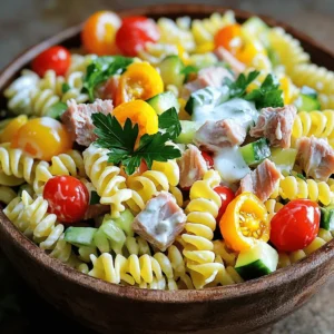 - Whole grain pasta (8 oz) - Tuna in water (2 cans, 5 oz each) - Fresh vegetables (1 cup cherry tomatoes, 1 cup cucumber, 1/2 cup bell pepper, 1/4 cup red onion) - Chickpeas (1 cup) - Dressing components (1/4 cup Greek yogurt, 2 tablespoons olive oil, 2 tablespoons lemon juice) - Seasoning essentials (salt, pepper, parsley for garnish) To make this High Protein Tuna Pasta Salad, gather your fresh ingredients first. Whole grain pasta provides fiber and makes the dish hearty. Use 8 ounces of pasta, like fusilli or penne. Next, I always choose tuna in water for a lean protein source. Two cans, each 5 ounces, work perfectly. Drain the tuna before adding it to the salad. Now, let's add some color and crunch. I love using fresh vegetables like cherry tomatoes, cucumber, bell pepper, and red onion. You will need one cup of halved cherry tomatoes, one cup of diced cucumber, half a cup of diced bell pepper, and a quarter cup of finely chopped red onion. Chickpeas add extra protein and a nice texture. One cup of canned or pre-cooked chickpeas will do just fine. For the dressing, mix Greek yogurt, olive oil, and lemon juice. You will need a quarter cup of Greek yogurt, two tablespoons of olive oil, and two tablespoons of lemon juice. Don’t forget the seasoning! Use salt and pepper to taste. Fresh parsley adds a nice touch as a garnish. This salad is not only simple but also packed with flavors and nutrients. Check the Full Recipe for a detailed cooking guide. To start, bring a large pot of salted water to a boil. Once it’s bubbling, add 8 oz of whole grain pasta. Cook it according to the package directions until it is al dente. This usually takes about 8 to 10 minutes. After cooking, drain the pasta in a colander. Rinse it under cold water to stop the cooking. This keeps the pasta from getting mushy. While the pasta cooks, you can chop your vegetables. Grab 1 cup of cherry tomatoes and slice them in half. Dice 1 cup of cucumber and 1/2 cup of bell pepper. You can use any color bell pepper you like. Finely chop 1/4 cup of red onion. Place all these colorful veggies in a large mixing bowl. This mix adds freshness and crunch to your salad. Now, let’s combine everything. Add the drained tuna and 1 cup of cooked chickpeas to the bowl with the veggies. The chickpeas add protein and fiber. They help make the salad filling. Gently stir to blend the ingredients together. This ensures every bite has a mix of flavors. In a small bowl, whisk together the dressing. Use 1/4 cup of plain Greek yogurt, 2 tablespoons of olive oil, and 2 tablespoons of lemon juice. Add salt and pepper to taste. Whisk until the mixture is smooth and creamy. This dressing ties the salad together with a zesty flavor. Next, add the cooked pasta to the vegetable and protein mixture. Pour the dressing over everything. Gently toss the salad until all the ingredients are evenly coated. This step is key for flavor. You want every bite to be delicious. Once mixed, cover the bowl with plastic wrap. Place it in the fridge for at least 30 minutes. Chilling allows the flavors to meld together. When ready to serve, scoop some salad into bowls. Garnish with fresh parsley for a pop of color. Enjoy your high protein tuna pasta salad! For the full recipe, check out the details above. To make your tuna pasta salad great, focus on the texture. Cooking the pasta to al dente is key. Al dente means the pasta is firm but not hard. This helps the pasta hold up when mixed with other ingredients. Follow package directions for cooking time. After boiling, drain the pasta and rinse it under cold water. This stops the cooking and cools it down quickly. For crisp vegetables, use fresh ones. Wash and chop them just before mixing. Cherry tomatoes should be bright and firm. Cucumbers add crunch, so pick ones that are not soft. Bell peppers should be bright and colorful. Fresh red onions add a nice bite, but you can soak them in cold water for a milder taste. Adding flavor is simple. Start with seasonings like salt and pepper. A pinch of garlic powder can boost the taste. Fresh herbs like dill or parsley can bring freshness. You might also try adding a squeeze of lemon juice for a zesty kick. For toppings, consider croutons for crunch or feta cheese for creaminess. Nuts like almonds or walnuts can add texture and healthy fats. Even a handful of olives can give a nice salty flavor. This salad pairs well with many dishes. Serve it with whole-grain bread for a hearty meal. It also goes great with a side of fresh fruit. If you want a light option, try serving it with a simple green salad. For a picnic or potluck, this salad is a hit. It keeps well and tastes great cold. You can prepare it in advance and chill it for at least 30 minutes. This lets the flavors meld together. For the full recipe, check out the High Protein Tuna Pasta Salad. {{image_2}} If you need to change the recipe, you have options! For a gluten-free version, swap whole grain pasta with gluten-free pasta. Look for rice, quinoa, or chickpea pasta. These options keep the dish tasty and safe for those with gluten allergies. For vegetarians, you can replace tuna with plant-based proteins. Try using canned lentils or chickpeas. Both add protein and flavor without fish. You can also use tofu for a different texture. Want to switch up the flavors? You can add different proteins to your salad. Try diced cooked chicken or shrimp for a new twist. Another option is to add canned salmon. Each choice brings unique tastes to the dish. Dressing is key for flavor. While Greek yogurt dressing is creamy and tangy, you can play with other dressings. Try a vinaigrette made with balsamic or apple cider vinegar. You can even mix in pesto for an herby kick. Seasonal vegetables can elevate your salad. In spring, add fresh peas or asparagus for a sweet crunch. In summer, consider juicy bell peppers or zucchini. In fall, roasted sweet potatoes or squash add warmth. Use winter vegetables like kale or Brussels sprouts for a hearty touch. Each season brings new colors and flavors, making your salad fresh and exciting. For the full recipe, check out the detailed instructions to make this delightful dish! To keep your High Protein Tuna Pasta Salad fresh, store it in an airtight container. Make sure to chill it in the fridge right after serving. This keeps the salad cool and safe to eat. If you have extra salad, eat it within three days for the best taste and texture. I do not recommend freezing this salad. The pasta and vegetables can become mushy after thawing. If you really want to freeze it, try storing the pasta and dressing separately. This helps maintain the texture when you reheat it. In the fridge, your salad stays fresh for about three days. After that, the flavors may fade, and the ingredients can spoil. Always check for any off smells or changes in color before eating leftovers. To make this salad vegan, swap the tuna for chickpeas or tofu. Use a vegan yogurt instead of Greek yogurt. This keeps the salad creamy and adds protein. You can also try using mashed avocado for a rich texture. Yes, you can make this salad ahead of time. I like to prepare it a day before. Just store it in the fridge in an airtight container. The flavors will blend nicely. If it seems dry, add a bit more dressing before serving. This salad pairs well with many dishes. Consider serving it with crusty bread or fresh fruit. A light soup also complements it nicely. For extra protein, add some grilled chicken or shrimp on the side. Absolutely! This salad is packed with nutrients. Whole grain pasta adds fiber. Tuna gives you protein and omega-3 fatty acids. The vegetables add vitamins and minerals. Greek yogurt provides calcium and probiotics. Overall, it’s a well-balanced meal. For the full recipe, check the detailed instructions above. This blog post covered how to make a healthy tuna pasta salad. We discussed ingredients like whole grain pasta, fresh veggies, and protein-rich tuna. I provided step-by-step cooking instructions and tips to enhance flavor and texture. You learned about variations to fit dietary needs and how to store your leftovers. In the end, this salad is simple, versatile, and delicious. It's a perfect meal for any time. Enjoy your cooking and discover what flavors you love best!