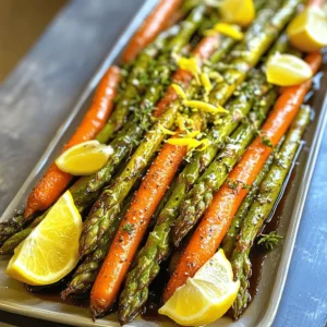 - 1 bunch of fresh asparagus, trimmed - 4 medium-sized carrots, peeled and sliced into sticks - 3 tablespoons olive oil - 1 teaspoon garlic powder - 1 teaspoon dried thyme - 1 teaspoon paprika - Salt and pepper to taste - Zest of 1 lemon - 2 tablespoons balsamic vinegar - Baking sheet - Mixing bowl - Parchment paper - Measuring spoons Roasted asparagus and carrots are so simple and tasty. You only need a few fresh ingredients. Start with the asparagus and carrots. They bring bright colors and great flavors to your plate. For this dish, I use olive oil to help the veggies roast nicely. Olive oil also adds a lovely flavor. The garlic powder gives a nice kick, while thyme and paprika add depth. Make sure to have salt and pepper ready. They help balance the flavors. The zest of lemon adds a fresh touch at the end, and balsamic vinegar gives a tangy finish. Gather your tools, too. A baking sheet is key for roasting. A mixing bowl helps to combine everything well. Parchment paper makes cleanup easy and keeps the veggies from sticking. Measuring spoons ensure you add just the right amounts. This simple list of ingredients and tools makes it easy to create a tasty side dish. You can check the [Full Recipe] for more details on how to cook this delightful dish. - Preheat your oven to 425°F (220°C). - Prepare the vegetables by trimming asparagus and slicing carrots into sticks. Start by trimming the tough ends off the asparagus. This helps them cook evenly. Carrots need peeling and cutting into sticks. Aim for uniform sizes for even cooking. - In a large mixing bowl, combine the asparagus and carrot sticks. - Drizzle with olive oil and sprinkle seasoning. In the bowl, add the asparagus and carrot sticks together. Drizzle three tablespoons of olive oil over them. Then, add garlic powder, dried thyme, paprika, salt, and pepper. Toss everything well until the veggies are coated evenly. This step adds great flavor. - Spread vegetables on a baking sheet lined with parchment paper. - Roast for 20-25 minutes, tossing halfway through. Place the seasoned veggies on a baking sheet. Make sure they lie flat in one layer. Roast in the oven for 20-25 minutes. Halfway through, give them a gentle toss to ensure even cooking. You want them tender and slightly caramelized. Once done, zest a lemon over the roasted veggies and drizzle balsamic vinegar for extra flavor. Toss gently to combine. Enjoy this delicious dish! For the complete cooking guide, refer to the Full Recipe. To boost the taste of your roasted asparagus and carrots, try adding seasonings. Garlic powder, dried thyme, and paprika work very well. You can also use fresh herbs like rosemary or parsley for more flavor. When choosing olive oil, go for high-quality extra virgin olive oil. It gives a fruity taste and works great with veggies. Look for oils that smell fresh and have a rich color. For the best results, place your baking sheet in the middle of the oven. This helps the heat circulate evenly. It ensures your veggies cook well on all sides. To check if your asparagus and carrots are done, poke them with a fork. They should be tender but still firm. If they feel mushy, they may be overcooked. Serve your roasted veggies on a long platter for an appealing look. You can add lemon wedges around the edges for color. A sprinkle of fresh thyme adds a nice touch as well. Garnishing with lemon zest gives a bright finish. It adds freshness and a bit of tang. You can also drizzle a little extra balsamic vinegar for a pop of flavor. These small touches make your dish look and taste gourmet. For the full recipe, check out the complete details in the previous section. {{image_2}} You can change up this recipe based on what's fresh. Use seasonal vegetables to keep it exciting. For spring, add in some baby carrots or snap peas. In summer, include zucchini or bell peppers. When fall comes, think about using root vegetables like parsnips or sweet potatoes. Leafy greens like spinach or kale can also add a great touch. Spices are key to changing the flavor. Try using cumin or coriander for a warm touch. For a spicy kick, you can add chili powder. If you love cheese, sprinkle on some parmesan or feta just before serving. This will add a creamy texture and enhance the dish. While roasting is a favorite, you can also grill or sauté your veggies. Grilling gives them a smoky flavor, while sautéing allows you to add a bit of liquid for moisture. If you grill, keep an eye on the cooking time. It usually takes about 10-15 minutes. For sautéing, cook on medium heat for about 8-10 minutes, stirring often. Each method brings out different flavors and textures, so feel free to switch it up! To store leftovers, let them cool first. Place the roasted asparagus and carrots in an airtight container. This keeps moisture out and helps them stay fresh. They will last up to three days in the fridge. I recommend using glass containers for better quality. They help you see what's inside and don't stain. If you want to save them longer, you can freeze the leftovers. First, let them cool completely. Then, spread them out on a baking sheet. This prevents them from sticking together. Once frozen, move them to a freezer bag. They can last up to three months in the freezer. To thaw, put them in the fridge overnight for the best results. When you reheat, keep the texture nice and firm. The best method is to use the oven. Preheat it to 350°F (175°C). Place the veggies on a baking sheet. Heat for about 10-15 minutes. If you use a microwave, cover them with a damp paper towel. This keeps them from getting soggy. Mix them gently before serving to avoid mushy spots. For more tips, check the full recipe. Asparagus and carrots pack a lot of nutrients. Asparagus is low in calories and high in vitamins A, C, E, and K. It also has fiber, which helps digestion. Carrots are rich in beta-carotene, which our body turns into vitamin A. This vitamin supports good vision and skin health. Both veggies are great for heart health due to their antioxidants. Eating them can help reduce the risk of chronic diseases. Plus, they add color and flavor to your plate! Yes, you can swap in many other veggies! Try using broccoli, bell peppers, or zucchini for a different taste. You can also use root veggies like sweet potatoes or beets. Just remember to cut them into similar sizes for even cooking. Each vegetable brings its own flavor and health benefits, making your meal even more exciting! Leftovers can last up to four days in the fridge. Store them in airtight containers to keep them fresh. Make sure to cool the veggies down before sealing. If you want to keep them longer, you can freeze them. They can stay good in the freezer for up to three months. When you're ready to eat, just reheat them in the oven or microwave. Enjoying leftovers is a great way to save time and reduce waste! This recipe showcases the simple joy of roasting asparagus and carrots. You learned about fresh ingredients, the prepping steps, and the roasting process. I shared tips to enhance the flavors and make your dish stand out. You can also explore variations for every season and different cooking methods. Storing and reheating leftovers properly ensures your veggies stay fresh. Embrace these techniques for delicious meals ahead. Enjoy the satisfying crunch and flavors in every bite. Your journey in cooking is just beginning, and these tips will elevate your kitchen skills!