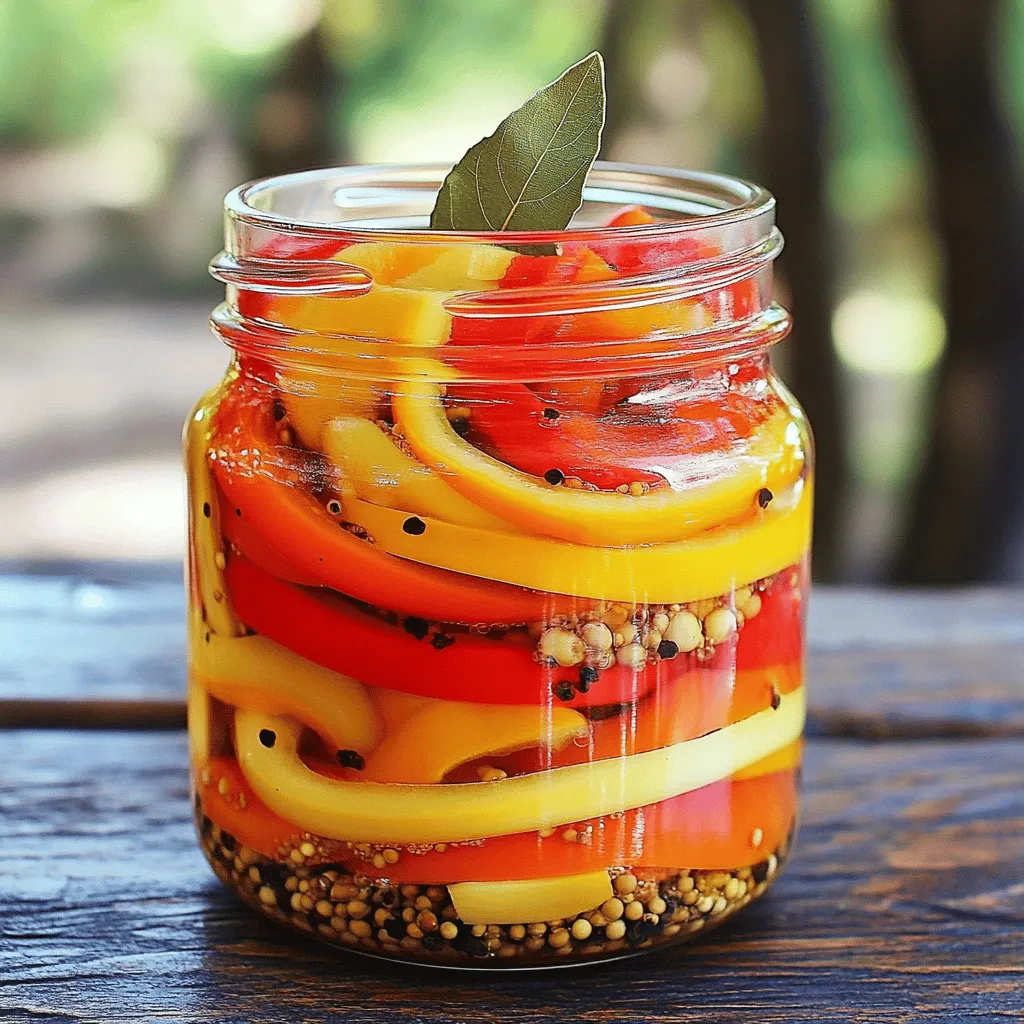 To make the best pickled sweet peppers, gather these ingredients: - 4-5 medium sweet bell peppers (varied colors: red, yellow, and orange) - 1 cup apple cider vinegar - 1 cup water - 1/4 cup honey or agave syrup - 2 cloves garlic, smashed - 1 teaspoon black peppercorns - 1 teaspoon mustard seeds - 1 teaspoon coriander seeds - 1 bay leaf - Salt to taste You can add more flavors to your pickled peppers. Here are some ideas: - Fresh herbs like dill or thyme - Red pepper flakes for heat - Sliced onions for sweetness - Lemon slices for a zesty kick Do you need to swap out any ingredients? Try these alternatives: - Use white vinegar instead of apple cider vinegar for a sharper taste. - Maple syrup can replace honey or agave for a vegan option. - Add other spices like cloves or cinnamon for a unique twist. Feel free to explore these options based on your taste! For the full recipe, check out the details provided earlier. First, wash your sweet bell peppers. This step is key for cleanliness. Next, cut each pepper in half lengthwise. Remove the seeds and the white membranes inside. Then, slice the peppers into strips or rings. You can choose whatever shape you like best. This simple prep makes the peppers easy to pack and eat later. Now, let’s make the pickling liquid. In a medium saucepan, mix the apple cider vinegar, water, and honey or agave syrup. Add in smashed garlic, black peppercorns, mustard seeds, coriander seeds, and a bay leaf. Don't forget a pinch of salt! Heat on medium until it boils gently. Stir often to dissolve the honey. After it boils, reduce the heat and let it simmer for about 5 minutes. This helps all the flavors mix well together. Get your sterilized jars ready. You will need about 2-3 pint-sized jars. Pack the sliced sweet peppers tightly into the jars. It’s important they fit snugly. After that, carefully pour the hot pickling liquid over the peppers. Make sure the peppers are fully submerged. Leave a little space at the top of each jar. Seal the jars with lids while they are still hot. Let them cool to room temperature. Once cool, place the jars in the fridge. For the best taste, allow the peppers to pickle for at least 24 hours. They are even tastier after 3-5 days. For the full recipe, check the earlier section. To get the best flavor for your pickled sweet peppers, balance is key. Use a mix of colors in your peppers. This not only looks great but also adds depth. The sweetness of the honey or agave syrup pairs well with the tang of vinegar. Adjust the sweetness to your taste. If you like it sweeter, add more honey. For a stronger kick, add crushed red pepper flakes to the mix. Many people cut their peppers too thick. Thin strips allow for better pickling and flavor absorption. Make sure your jars are well sterilized. This helps prevent spoilage. Another mistake is not letting the peppers sit long enough. They taste better after three to five days. Don't rush this step if you want great flavor. These pickled sweet peppers are versatile. Serve them as a snack with toothpicks. They also add color and flavor to sandwiches and salads. Try them on tacos for a pop of taste. You can even use them as a topping for grilled meats. The bright flavors brighten every dish. For a fun twist, mix them into pasta salads. They can transform the ordinary into something special. For the complete recipe, check out the Full Recipe section. {{image_2}} When making pickled sweet peppers, you can use many types. I love using bell peppers, but you can also try: - Banana peppers for a mild kick - Cubanelle peppers for a sweet flavor - Padrón peppers for a fun surprise Each pepper adds its unique taste and texture. Experimenting with colors and shapes makes your dish pop. If you like some spice, adding hot peppers can be fun. Try these options: - Sliced jalapeños for a fiery touch - Red pepper flakes for a quick heat boost - Fresh sliced serrano peppers for a fresh bite Mixing in these spices can make your pickles exciting. Just remember to adjust the amount based on your heat level preference. You can choose how sweet or savory your pickles taste. For sweeter pickles, use more honey or agave. For savory ones, add extra garlic and spices. Here are some ideas: - For sweet pickles, add cinnamon sticks or cloves. - For a savory twist, include herbs like dill or thyme. These variations allow you to create pickles that fit your mood or meal. Enjoy trying different combinations to find your favorite! For the full recipe, check out the link above. To keep your pickled sweet peppers fresh, store them in a cool place. Once you open the jar, always refrigerate them. Make sure the peppers stay submerged in the pickling liquid. This helps keep their crispness and flavor. Use clean utensils when serving from the jar to prevent spoilage. I also recommend checking the seals on your jars. If they pop, it's best to discard that jar. When stored properly in the fridge, pickled sweet peppers can last for about 2 to 3 months. They might lose some crispness over time, but their taste remains delicious. Always trust your senses. If they smell bad or look off, it’s wise to toss them. I suggest refrigerating your pickled peppers for the best flavor. Freezing is not ideal for these peppers. When frozen, they can lose their crunch and texture. If you must freeze them, consider using them in cooked dishes later. This way, you won't waste any deliciousness! For the best taste, stick to refrigerating as outlined in the Full Recipe. I recommend letting your pickled sweet peppers sit for at least 24 hours. This time allows the flavors to blend well. However, if you can wait, try to wait 3 to 5 days. This wait will give you the best taste. The longer they sit, the more flavorful they become. You can taste them after a day, but they will be even better later. Yes, you can use other types of vinegar. White vinegar is a common choice, but it may change the flavor. Rice vinegar adds a mild taste, while red wine vinegar gives a richer flavor. Each type of vinegar brings its own twist to the pickling process. Just remember to keep the same ratio for best results. Pickled peppers have several health benefits. They are low in calories but high in vitamins. Sweet peppers are rich in vitamin C, which helps boost your immune system. The fermentation process also adds probiotics, which are good for your gut. Eating pickled peppers can aid digestion and add flavor to your meals. Plus, they are a tasty way to enjoy veggies! This blog post gave you everything you need for pickling sweet peppers. We covered the ingredients needed, tips for flavor, and how to store them. You learned about variations, common mistakes, and how to serve your pickled creation. Now you have the tools to make tasty pickled peppers at home. Enjoy experimenting with flavors, peppers, and even spices. Your pickling journey starts now, and it will add a zesty twist to your meals!