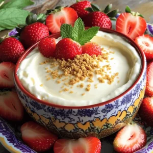 - 8 oz cream cheese, softened - 1/2 cup powdered sugar - 1 teaspoon vanilla extract - 1/4 cup sour cream - 1/2 cup heavy whipping cream - 1 tablespoon lemon juice - Fresh strawberries, hulled and halved (for dipping) - Graham cracker crumbs (for garnish) When I make this cheesecake dip, I always start with high-quality cream cheese. It gives the dip a rich and smooth taste. The powdered sugar adds sweetness, making every bite a treat. I love using pure vanilla extract for a deep flavor. Sour cream adds a nice tang, balancing the sweetness. Heavy whipping cream is key to achieving that light and airy texture. A splash of lemon juice brightens the taste and enhances the flavors. Fresh strawberries are perfect for dipping. They add freshness and a pop of color. Finally, graham cracker crumbs on top give a lovely crunch. - Use standard measurements for accuracy. - Common substitutes include Greek yogurt for sour cream or dairy-free cream cheese for a vegan version. It’s important to be precise when measuring ingredients. This ensures the dip has the right texture and flavor. If you don't have sour cream, Greek yogurt works well. For a dairy-free option, try vegan cream cheese. These swaps keep the dip creamy and delicious! For the full recipe, you can check the complete guide. Enjoy creating this delightful treat! How to prepare cream cheese First, take your cream cheese out of the fridge. Let it warm up for about 10 minutes. This softens it, making it easy to mix. Place the cream cheese in a large mixing bowl. Beat it with an electric mixer until it is smooth and creamy. Mixing and combining ingredients Next, add the powdered sugar to the bowl. Mix it slowly until the sugar blends in well. Then, pour in the vanilla extract, sour cream, and lemon juice. Keep mixing until everything is smooth and fluffy. This gives the dip a rich flavor. Whipping cream techniques In a separate bowl, pour the heavy whipping cream. Use a clean mixer to whip it. Beat until soft peaks form. This means the cream should hold its shape but still be soft. Gently fold the whipped cream into the cheesecake mixture. This step keeps your dip light and airy. Transferring to a serving bowl Now, take the cheesecake dip and transfer it into a serving bowl. Use a spatula to smooth the top. This makes the dip look nice and inviting. Adding garnishes For a fun touch, sprinkle graham cracker crumbs on top. This adds texture. Lastly, arrange halved strawberries around the bowl. They are perfect for dipping and make the dip look colorful. Plating for parties When serving at a party, use a bright bowl for the dip. This catches the eye. Place the strawberries on a platter nearby. It makes it easy for guests to grab a strawberry and dip. Dipping methods To enjoy, just take a halved strawberry and dip it into the cheesecake dip. You can also use graham crackers for a crunchy option. This dip is fun to eat and great for sharing. - Tips for mixing: Start with room-temperature cream cheese. It blends better and faster. Use a hand mixer for smoothness. Mix until fluffy and creamy. Avoid over-mixing to keep it light. - Folding in whipped cream: When you whip the cream, stop at soft peaks. Gently fold it into the cheesecake mix. Use a spatula to avoid deflating the cream. This keeps the dip airy and light. - Adding extracts or flavorings: You can try almond or lemon extract for a twist. Just a few drops can change the taste. It adds depth and new layers of flavor. - Using different dip toppings: Instead of graham cracker crumbs, use crushed nuts or toasted coconut. These toppings add crunch and flavor. You can also drizzle chocolate sauce for richness. - Garnishing ideas: Sprinkle some zest from a lemon or lime on top. It adds color and a fresh look. A sprig of mint also brightens the dish. - Creative serving options: Serve the dip in a fun bowl. Use a tiered stand for strawberries. This makes it look fancy and inviting. You can also use small cups for individual servings. {{image_2}} You can switch up the fruit for this dip. Using other berries makes it fun and tasty. Blueberries, raspberries, or blackberries all work well. Each berry adds a unique taste. You can even mix them for a colorful dip. Unique fruit pairings can be exciting too. Try peaches or pineapple for a twist. Their sweet flavors blend well with the creamy dip. You can also use apples or bananas for a crunch. Just make sure the fruit is fresh and ripe. Want to take your cheesecake dip to the next level? Chocolate cheesecake dip is a great choice. Just add cocoa powder or melted chocolate to the mix. This adds a rich, sweet flavor that chocolate lovers will enjoy. Citrus-infused variations are also fun. Add orange or lemon zest to brighten the taste. You can even mix in some lime juice for a tangy kick. These flavors make the dip refreshing and zesty. If you need gluten-free options, you can easily adapt this recipe. Use gluten-free graham crackers or nuts for the topping. This way, everyone can enjoy the dip without worry. For vegan adaptations, swap the cream cheese with a plant-based option. Use coconut cream instead of heavy cream for a rich texture. Maple syrup can replace powdered sugar for sweetness. With these changes, you can enjoy the dip while keeping it plant-based. Check out the Full Recipe for more tips on making this delightful cheesecake dip! To keep your cheesecake dip fresh, store it in an airtight container. Place it in the fridge right after serving. This helps maintain its creamy texture. It is best to consume it within three days for the best taste. If you want to freeze it, spoon the dip into a freezer-safe container. Make sure to leave some space at the top. This allows for expansion as it freezes. You can freeze the dip for up to two months. When you're ready to enjoy it, thaw it in the fridge overnight. How long does it last? In the fridge, your cheesecake dip stays good for about three days. Keep an eye on it, though. Signs of spoilage include a change in smell or texture. If it looks watery or has an off smell, it's best to toss it. Always trust your senses when it comes to food safety. Enjoy your cheesecake dip while it’s fresh and delicious! To make cheesecake dip, follow these simple steps: 1. Beat softened cream cheese until smooth. 2. Mix in powdered sugar until fluffy. 3. Add vanilla, sour cream, and lemon juice; mix well. 4. Whip heavy cream until soft peaks form. 5. Fold whipped cream into the mixture gently. 6. Transfer to a bowl and smooth the top. 7. Sprinkle graham cracker crumbs on top. 8. Serve with halved strawberries on the side. For more details, check the Full Recipe. Yes, you can! Make the dip up to two days ahead. Store it in the fridge in an airtight container. This helps the flavors blend well. When ready to serve, add the graham cracker crumbs and strawberries. This keeps the dip fresh and tasty. You can serve many things with cheesecake dip! Here are some great options: - Sliced apples - Banana slices - Pineapple chunks - Pretzels - Vanilla wafers - Biscotti Each dippable adds a new taste and texture, making your snack fun and delicious! You now have a full guide to making cheesecake dip with strawberries. We covered the key ingredients, measurement tips, and step-by-step instructions. The variations and storage tips will help you enjoy this treat longer. Remember, creativity can elevate your dip. Experiment with flavors and fruits to find your favorite. With the right techniques and garnishes, your cheesecake dip can wow any crowd. Enjoy every bite and impress your guests with this easy recipe!
