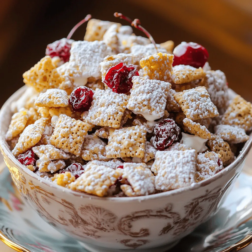 To make Cherry Cheesecake Puppy Chow, you need some simple ingredients. Each one adds a special touch. Here’s what you'll need: - 6 cups Rice Chex cereal - 1 cup white chocolate chips - 1/2 cup cream cheese, softened - 1/2 cup powdered sugar - 1 teaspoon vanilla extract - 1 cup freeze-dried cherries, crushed - 1/4 cup graham cracker crumbs - Pinch of salt These ingredients work together to create a tasty treat. The Rice Chex cereal gives it a nice crunch. The white chocolate and cream cheese add creamy sweetness. Meanwhile, the freeze-dried cherries give a burst of fruity flavor. Each bite feels like a fun mix of cheesecake and cherry goodness. Using the right measurements is key. Too much or too little of anything can change the taste. The powdered sugar helps to sweeten up the mix, while the graham cracker crumbs add a hint of crust flavor. Trust me, these little details make all the difference! For the full recipe, check out the steps to create this delicious snack. You’ll love how easy it is to put together! Making Cherry Cheesecake Puppy Chow is easy and fun. Here’s a quick guide to the steps: 1. Mix the Rice Chex cereal in a bowl. 2. Melt white chocolate and cream cheese together. 3. Coat the cereal with the melted mixture. 4. Prepare the cherry mixture and combine it with the cereal. 5. Cool to set and serve! Mixing the base ingredients Start by placing 6 cups of Rice Chex cereal in a large bowl. Set this aside. In a microwave-safe bowl, mix 1 cup of white chocolate chips and 1/2 cup of softened cream cheese. Heat in the microwave in 30-second bursts. Stir after each time until smooth. Coating the Rice Chex cereal Once melted, add 1 teaspoon of vanilla extract and a pinch of salt to the mix. Stir until well combined. Pour this creamy mixture over the Rice Chex. Gently stir to coat each piece evenly. Combining the cherry mixture In another bowl, mix 1 cup of crushed freeze-dried cherries, 1/2 cup of powdered sugar, and 1/4 cup of graham cracker crumbs. After coating the cereal, pour it into the cherry mixture. Toss gently until all pieces are covered. How to cool the puppy chow Spread the puppy chow onto a parchment-lined baking sheet. Let it sit for about 30 minutes. This cooling time helps it set properly. Presentation tips for serving Serve your puppy chow in fun ways! Use individual paper treat bags tied with ribbons or a colorful bowl. For a festive touch, sprinkle extra crushed freeze-dried cherries on top. This adds color and flavor. Enjoy your tasty treat! Melting white chocolate can be tricky. Use a microwave-safe bowl. Heat in 30-second bursts. Stir well between each burst. This method helps avoid burning. If the chocolate gets too thick, add a tiny bit of oil. This will make it smooth again. Clumping is another issue. To avoid it, mix your Rice Chex and chocolate slowly. Be gentle when coating the cereal. If you notice clumps forming, stop and break them apart. You want each piece to be well-coated, not stuck together. Presentation can make your treat pop. Serve Cherry Cheesecake Puppy Chow in small, colorful bags. Tie them with a bright ribbon for a fun touch. You can also use a fancy bowl to show off your treat at parties. Pair this snack with a cold drink. Lemonade or fruit punch works great. You can also enjoy it with coffee or hot cocoa. The sweet flavors blend well together. {{image_2}} You can mix things up with Cherry Cheesecake Puppy Chow. Try adding other fruits, like strawberries or blueberries. These fruits add a fresh taste and fun colors. You can also use different flavors of chocolate. Dark chocolate gives a richer taste, while milk chocolate is sweeter. Each choice changes the flavor and makes it special. Want a gluten-free version? Simply use gluten-free Rice Chex cereal. It keeps the crunch while making it safe for all diets. For a vegan option, swap the cream cheese with a plant-based cream cheese. This way, everyone can enjoy the tasty treat. You can easily make Cherry Cheesecake Puppy Chow fit your needs. For the full recipe, check out the recipe link provided. To keep your Cherry Cheesecake Puppy Chow fresh, use airtight containers. Glass jars work great, but plastic containers are fine too. Make sure the lid seals well. This keeps moisture out and maintains crunchiness. Store it in a cool, dry place. Avoid direct sunlight, as heat can spoil the flavors. At room temperature, your puppy chow lasts about one week. If you want it to last longer, refrigerate it. Chilling can extend the life to two weeks. However, the texture may change slightly. It can become less crunchy when stored in the fridge. Always check for any off smells or signs of spoilage before eating. Enjoy your tasty treat! How to make Cherry Cheesecake Puppy Chow? To make Cherry Cheesecake Puppy Chow, start with Rice Chex cereal. Melt white chocolate chips and cream cheese together. Mix this with the cereal until it’s well coated. Then, combine powdered sugar, graham cracker crumbs, and crushed freeze-dried cherries. Toss this mixture with the cereal. Spread it on a baking sheet to cool. For the full recipe, check the instructions above. Can I use fresh cherries instead of freeze-dried? Fresh cherries are juicy and delicious, but they won't work well here. They add too much moisture. Freeze-dried cherries give the right flavor and crunch. They keep the puppy chow crispy and light. What can I substitute for Rice Chex cereal? You can use Corn Chex or even Crispix as a substitute. Both options work well and keep the texture crunchy. Just make sure the substitute is gluten-free if needed. Is it possible to make this puppy chow ahead of time? Yes, you can make this puppy chow ahead of time. It stores well and can stay fresh for several days. Just keep it in an airtight container. How to store leftovers? Store leftovers in an airtight container at room temperature. This keeps it crispy and tasty. Avoid storing it in the fridge, as this can make it soggy. What is the best way to reheat if needed? Reheating is not necessary for this treat. It's best enjoyed at room temperature. If you find it loses some crunch, try letting it sit out for a bit before serving. This blog post covered the fun and easy recipe for Cherry Cheesecake Puppy Chow. We went through each step, from mixing the ingredients to cooling the treat. I shared tips for perfecting the recipe and ways to store your creation. Remember, this dish can be customized with other flavors and ingredients. Enjoy making this tasty treat for any occasion, and get creative with your mix-ins and presentation! Stay excited about sharing and enjoying your Cherry Cheesecake Puppy Chow.