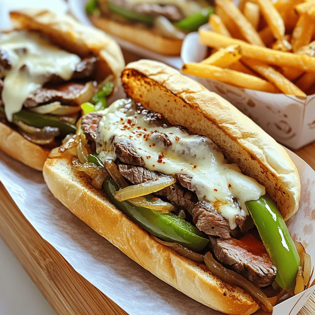 - 1 lb ribeye steak, thinly sliced - 1 large green bell pepper, sliced - 1 large onion, sliced - 4 slices provolone cheese - 2 tablespoons olive oil - 1 tablespoon Worcestershire sauce - Crushed red pepper flakes for heat - Hoagie rolls The main ingredients create a classic Philly cheese steak. I love using ribeye steak because it’s tender and full of flavor. Make sure to slice it thinly for the best texture. The green bell pepper and onion add sweetness and crunch, which balance the richness of the meat. Provolone cheese melts beautifully, giving a creamy finish to the dish. You might want to add Worcestershire sauce. This sauce adds a nice umami punch. If you like heat, sprinkle crushed red pepper flakes over your sandwich. The hoagie rolls hold everything together, making it easy to enjoy every bite. For the full recipe, check out the Ultimate Philly Cheese Steak. You’ll find step-by-step instructions that guide you through every part of this delicious meal. 1. Preheat a large skillet over medium-high heat. Add 1 tablespoon of olive oil. 2. Once hot, add the sliced onions and bell peppers. Sauté for about 5-7 minutes until they are soft and slightly brown. Season with salt and pepper. 3. Remove the vegetables from the skillet and set them aside. 4. In the same skillet, add the remaining olive oil. Increase the heat a little and add the thinly sliced ribeye steak. 5. Sear the steak for about 3-4 minutes. Stir it often until the meat turns brown. If you want extra flavor, add Worcestershire sauce during the last minute of cooking. 1. Reduce the heat to low. Add the cooked vegetables back into the skillet with the steak. 2. Mix the steak and vegetables together. Lay the slices of provolone cheese over the top. 3. Cover the skillet with a lid for about 2-3 minutes. This helps the cheese melt nicely. 4. While the cheese is melting, slice the hoagie rolls open. Get them ready for the filling. 1. Once the cheese has melted, remove the skillet from the heat. Spoon generous amounts of the steak and cheese mixture into each open hoagie roll. 2. If you like a little heat, sprinkle crushed red pepper flakes over the filled sandwiches. 3. Serve and enjoy your Easy Philly Cheese Steak Delight in Every Bite! You can check the Full Recipe for more details. How to properly sear the steak To sear the steak well, make sure your skillet is hot. Heat it on medium-high for a few minutes. You want the steak to sizzle when it hits the pan. Thin slices of ribeye cook fast. Stir them often to avoid burning. This gives you a nice brown color and keeps the meat juicy. Best way to sauté onions and peppers Start by adding a tablespoon of olive oil to your hot skillet. Toss in the sliced onions and bell peppers. Stir them every couple of minutes. Cook for about 5 to 7 minutes. You want them soft and slightly caramelized. Season with salt and pepper while they cook. This adds great flavor. Presentation tips for serving Serve your Philly cheese steaks on a wooden board. You can also use paper-lined baskets. It gives a casual, fun look. Place a few crispy fries beside each sandwich. This makes the meal feel complete and hearty. Pairing ideas for sides and drinks Crispy fries or potato chips go great with these sandwiches. For drinks, try a cold soda or iced tea. Both pair well with the rich flavors of the cheese steak. For a fun twist, serve with a light beer if you enjoy adult beverages. Choosing the right skillet A large, heavy skillet works best for this recipe. Cast iron or stainless steel skillets hold heat well. They help achieve that perfect sear on the steak. Avoid non-stick pans for this dish; they don’t give the same browning effect. Essential tools for slicing and cooking A sharp knife is key for slicing the ribeye thinly. Use a cutting board that won’t slip on your counter. Tongs are handy for flipping the steak as it cooks. Having these tools will make your cooking process smooth and easy. {{image_2}} You can switch up the cheese in your Philly cheese steak. Instead of provolone, try mozzarella or cheddar for a different taste. Each cheese gives a unique flavor and texture. You can also change the meat. If you want a leaner option, use chicken or turkey. For a fun twist, try pulled pork or even shrimp. These changes can make your meal new and exciting. For a vegetarian version, swap the steak for mushrooms or tofu. Both options soak up flavor well and make a hearty filling. You can sauté them with the same veggies for a tasty mix. If you want a low-carb meal, use lettuce wraps instead of hoagie rolls. This keeps the yummy taste while cutting carbs. Just fill the lettuce with the steak and veggies. Adding spices can give your Philly cheese steak a kick. Try garlic powder or smoked paprika for more depth. If you love heat, crushed red pepper flakes are perfect. Incorporate different sauces for extra flair. A drizzle of barbecue sauce or sriracha can enhance the flavor. You can even add a bit of ranch dressing for a creamy touch. Each option makes the dish more unique and fun to eat. For the full recipe, check out the Ultimate Philly Cheese Steak. To keep your Philly cheese steak fresh, store it in an airtight container. This helps lock in moisture and keeps it tasty. It will last for about 3 to 4 days in the fridge. Always let it cool down first before sealing. For reheating, the best method is the skillet. Heat it over medium heat and add a splash of water. This helps steam the sandwich, keeping it juicy. Cover it with a lid for a couple of minutes. You can also use the microwave, but it may get soggy. If you do use the microwave, heat it in short bursts to avoid drying it out. Yes, you can freeze Philly cheese steak! To do this, let it cool completely. Then, wrap it tightly in plastic wrap and place it in a freezer-safe bag. It can stay frozen for about 2 to 3 months. To thaw, move it to the fridge overnight, then reheat using the skillet method for best results. Enjoy your Easy Philly Cheese Steak Delight in Every Bite! For the full recipe, check out the Ultimate Philly Cheese Steak. What is the best cut of meat for Philly cheese steak? The best cut of meat is ribeye steak. It has fat that gives flavor. Ribeye stays tender and juicy when cooked. You want thin slices for the best texture. Can I make this recipe ahead of time? Yes, you can make this recipe ahead of time. Cook the steak and veggies, then store them. Keep them in the fridge for up to three days. Reheat them on the stove for best results. What if I can't find ribeye steak? If you can’t find ribeye, try sirloin or flank steak. Both cuts work well too. Just be sure to slice them thinly. How do I know when the steak is done? The steak is done when it turns brown. Use a meat thermometer for best results. Aim for 145°F for medium. How to slice ribeye steak thinly? First, chill the ribeye for 30 minutes. Cold meat is easier to slice. Use a sharp knife and cut against the grain. This makes the meat more tender. How can I add more flavor to the dish? You can add Worcestershire sauce for extra depth. Season with salt and pepper to taste. Try adding crushed red pepper flakes for heat. For a twist, mix in some garlic powder. For the full recipe, check out the Ultimate Philly Cheese Steak. In this article, we explored how to make the perfect Philly cheese steak. We covered the key ingredients, step-by-step cooking instructions, and helpful tips. We also discussed variations and storage options. Now, you can enjoy a delicious meal that fits your taste. Experiment with ingredients and find your favorite version. Whether you make it classic or unique, this sandwich is sure to please. Happy cooking!