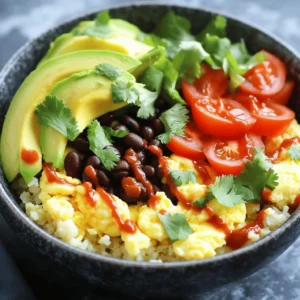 To make a tasty Low Carb Breakfast Burrito Bowl, gather these ingredients: - 4 large eggs - 1 tablespoon olive oil - 1 cup cauliflower rice (fresh or frozen) - 1/2 bell pepper (red or green), diced - 1/2 small onion, diced - 1/4 cup black beans, rinsed and drained - 1/4 cup diced tomatoes - 1/2 avocado, sliced - 1/4 teaspoon cumin - 1/4 teaspoon paprika - Salt and pepper to taste - Fresh cilantro, for garnish - Hot sauce, optional This dish is not only delicious but also low in carbs. Here’s a simple breakdown of what you get per serving: - Calories: About 350 - Protein: 20g - Carbohydrates: 12g - Fiber: 5g - Fats: 25g This bowl keeps your energy up while keeping carbs low. You get healthy fats from the eggs and avocado, and fiber from the beans and cauliflower. - Eggs: Choose large, fresh eggs for the best taste. Look for organic or pasture-raised for quality. - Cauliflower Rice: Fresh is best, but frozen works too. Check for no added ingredients. - Bell Peppers and Onions: Pick bright and firm ones. They should feel heavy for their size. - Black Beans: Rinse canned beans well to reduce sodium. Dried beans are a great option if you have time. - Avocado: Look for avocados that yield slightly when pressed. This means they are ripe. By choosing fresh, high-quality ingredients, you can make your Low Carb Breakfast Burrito Bowl even more enjoyable. For the full recipe, check the detailed instructions above. Start by gathering your ingredients. You will need eggs, olive oil, cauliflower rice, bell pepper, onion, black beans, diced tomatoes, avocado, cumin, paprika, salt, and pepper. 1. Heat the olive oil in a large skillet over medium heat. 2. Add the diced onion and bell pepper. Sauté for about 3-4 minutes until they soften. 3. Stir in the cauliflower rice. Cook for another 5 minutes until tender. 4. Season the mix with cumin, paprika, salt, and pepper. Stir well. 5. In a bowl, beat the eggs. Pour them into the skillet, mixing until scrambled, about 3-4 minutes. 6. Add the drained black beans and diced tomatoes. Stir gently to warm them through. 7. Remove from heat. Transfer the mix into serving bowls. 8. Top each bowl with avocado slices and fresh cilantro. Serve with hot sauce if you want. For more flavor, use fresh spices. Fresh cumin and paprika will give your dish a richer taste. Sauté your vegetables until golden brown for extra depth. This caramelization adds sweetness and complexity. Another tip is to season the eggs well. A pinch of salt while beating the eggs can boost their flavor. You can also use garlic powder for a kick. This helps create a well-rounded dish that excites your taste buds. Feel free to make this bowl your own. You can swap black beans for kidney beans or chickpeas. Both add great taste and nutrition. For a spicy kick, try adding diced jalapeños or chili powder. If you want a creamier texture, mix in some cheese before serving. You can also add fresh veggies like spinach or zucchini for more nutrients. Just sauté them with the onion and bell pepper. Each change can make the dish unique and suit your taste. Check out the Full Recipe for more ideas! To cook eggs just right, start with fresh eggs. Crack them into a bowl and whisk until mixed. Use a non-stick skillet to avoid sticking. Heat the skillet on medium. Pour in the eggs and stir gently. Keep stirring until they are soft and fluffy. Remove them from heat before they are fully set. This keeps them creamy. For the best veggies, chop them small. This helps them cook more evenly. Heat olive oil in your skillet. Add the onion and bell pepper first. Sauté them for about 3-4 minutes. Wait until they are soft and smell great. Next, add the cauliflower rice. Stir it in for about 5 minutes. This makes the rice tender and full of flavor. You can add many tasty toppings to your burrito bowl. Try fresh salsa for a zesty kick. Cheese adds creaminess, too. You might like a dollop of Greek yogurt as a healthier sour cream. Fresh herbs like cilantro brighten the dish. Don't forget slices of jalapeño if you want some heat! For a crunch, try adding nuts or seeds. Each topping can make your bowl unique and delicious. Check out the Full Recipe for more ideas! {{image_2}} You can easily swap proteins in this breakfast bowl. Chicken or turkey works great if you want lean meat. Simply cook the meat in the skillet before adding the veggies. Tofu is an excellent choice for a vegetarian option. For tofu, just press it to remove extra water, then cube it and sauté until golden. This adds a nice texture and flavor. If you prefer a vegetarian bowl, skip the eggs and add more veggies. Spinach, zucchini, or mushrooms are tasty choices. You could also add cheese for extra creaminess. Feta or cheddar both melt well and add flavor. This way, you still enjoy a filling meal that fits within a low-carb diet. Adjusting the spice level is easy. If you like heat, add chopped jalapeños or a pinch of cayenne pepper to your mix. For a milder dish, leave out the hot sauce or use less cumin. You can also try smoked paprika for a smoky flavor without the heat. Customize it to match your taste! To keep your Low Carb Breakfast Burrito Bowl fresh, store it in an airtight container. Make sure to let it cool to room temperature first. You can keep it in the fridge for up to three days. This method helps preserve the flavors and texture of the dish. When you are ready to eat the leftovers, reheat them on the stove. Use a skillet over medium heat. Stir the mixture often to heat it evenly. You can also use the microwave. Place it in a microwave-safe bowl and cover it. Heat for one to two minutes, checking to see if it is hot throughout. If you want to save your burrito bowl for later, freezing is a great option. Use a freezer-safe container and portion out the bowls. Make sure to label the container with the date. You can freeze it for up to three months. To thaw, place it in the fridge overnight before reheating. This keeps the taste fresh and ready for you. You can find the full recipe in the main article. You can use shredded zucchini or broccoli rice. Both options are low in carbs and add texture. If you want something heartier, try using chopped spinach or kale. Each substitute brings a unique flavor and keeps the dish healthy. Just make sure to squeeze out excess water from zucchini to avoid sogginess. Yes, this recipe is great for meal prep. You can make the burrito bowl ahead of time and store it in the fridge. Just divide it into portions in airtight containers. This way, you have a tasty breakfast ready to go. It stays fresh for up to four days, making it perfect for busy mornings. Absolutely! You can prepare this dish in advance and reheat it. Just allow it to cool before storing in the fridge. When ready to eat, heat it in the microwave until warm. You can also use a skillet over low heat. This keeps the flavors intact and the eggs tender. This post covered how to make a Low Carb Breakfast Burrito Bowl. You learned about the key ingredients, their nutrition, and tips for choosing the best ones. I shared step-by-step instructions and cooking techniques to boost flavor. We explored variations with protein swaps and customization. Lastly, I provided storage tips for leftovers. You now have the tools to create a tasty, low-carb meal whenever you want. Enjoy trying out different flavors and make this recipe your own!