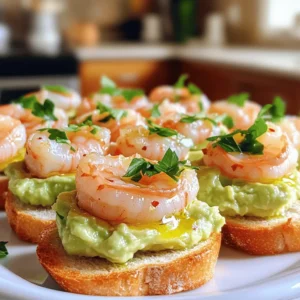 - 1 baguette, sliced into 1/2 inch pieces - 1 pound shrimp, peeled and deveined - 4 cloves garlic, minced - 1 avocado, pitted and diced - 2 tablespoons olive oil, plus more for drizzling - 1 tablespoon fresh lemon juice - 1 teaspoon red pepper flakes (optional) - Salt and pepper to taste - Fresh parsley, chopped for garnish Gather these fresh ingredients for the best flavor. The baguette gives a crunchy base. The shrimp should be fresh or thawed. Fresh garlic adds a strong taste. Avocado brings creaminess, while lemon juice offers brightness. Red pepper flakes add spice, but only if you want. Finally, parsley gives a nice finish. - Calories per serving: About 200 - Macronutrients breakdown: - Protein: 15g - Fats: 10g - Carbohydrates: 20g This dish is not just tasty; it’s also nutritious. Each serving gives a good amount of protein from the shrimp. The healthy fats come from the avocado and olive oil. Carbohydrates in the baguette provide energy. This balance makes it a great choice for a snack or light meal. To start, you need a fresh baguette. Slice it into 1/2 inch pieces. Lay the slices flat on a baking sheet. Brush each slice with a little olive oil. This helps them toast nicely. Place the baking sheet in the oven set at 400°F (200°C). Toast the bread for about 5-7 minutes. Look for a golden brown color. Once toasted, take them out and let them cool slightly. Now, let’s cook the shrimp. Heat 2 tablespoons of olive oil in a large skillet over medium heat. Add 4 cloves of minced garlic. Sauté this for about 1 minute. The garlic should smell great! Next, add the peeled and deveined shrimp. Season them with salt, pepper, and red pepper flakes if you want some heat. Cook the shrimp for 2-3 minutes on each side. You want them pink and opaque. Once done, remove the skillet from the heat. Drizzle with fresh lemon juice to brighten the flavor. Now, it’s time to put it all together. Take your toasted baguette slices. Spread a layer of mashed avocado on each piece. Mash the avocado in a bowl and season it with salt and pepper. Top the avocado with a generous amount of the garlic shrimp. Make sure each crostini has enough shrimp. Finally, sprinkle some chopped fresh parsley on top for a pop of color. This adds a fresh taste, too. For the full recipe, check the section above. Enjoy your delicious garlic shrimp crostini! If you want to switch things up, consider these easy swaps: - Shrimp: You can use scallops or cooked crab instead. They both add great flavor. - Baguette: Try using gluten-free bread or pita chips. Both options work well for crostini. These changes will give you new tastes while keeping the dish simple. Overcooked shrimp can ruin your dish. Here’s how to prevent that: - Cook Time: Keep an eye on the clock. Cook shrimp for 2-3 minutes on each side. They turn pink and opaque when done. - Heat Level: Use medium heat. This helps cook shrimp evenly without burning them. By watching the time and heat, you’ll achieve perfect shrimp every time. Garlic shrimp crostini taste great on their own, but you can pair them with: - Salads: A fresh green salad adds crunch and balances the dish. - Dips: Serve with a zesty salsa or a light yogurt dip for extra flavor. These pairings enhance your meal and offer more variety at the table. Enjoy exploring different combinations! {{image_2}} You can add fun toppings to your crostini. Cheese and herbs work great. Try crumbled feta or goat cheese for a creamy touch. Fresh basil or cilantro adds a nice herbal note. You can also sprinkle some grated Parmesan on top for a salty kick. Mixing flavors helps make each bite exciting. If you want a gluten-free option, use gluten-free bread. There are many tasty kinds available now. For a vegan version, swap shrimp for roasted chickpeas or mushrooms. Both options give a great texture and flavor. You can also use a plant-based spread for the avocado layer. Adjusting the recipe for larger groups is easy. For more servings, double the ingredients. You can also make smaller crostini by slicing the baguette thinner. This way, everyone can enjoy a bite-sized treat. If you have a big crowd, consider making a buffet-style setup. Let guests build their own crostini with different toppings. This creates a fun, interactive meal. For the full recipe, check out the details above! To store leftovers, place the crostini in an airtight container. Keep it in the fridge for up to three days. The shrimp and avocado can be stored separately to keep them fresh. Make sure to cover the avocado with plastic wrap to prevent browning. If you want to keep crostini components longer, freezing is a great option. You can freeze the toasted baguette slices. Place them in a freezer bag, and squeeze out the air. For the shrimp, cook it first and then cool it down. Store the shrimp in a separate airtight container. They can last up to three months in the freezer. Just remember to label the bags with the date. To reheat, use your oven for the baguette slices. Preheat it to 350°F (175°C) and bake for about 5 minutes. This keeps them crispy. For the shrimp, heat them in a skillet over medium heat. This method helps to keep their flavor and texture. Avoid the microwave, as it can make the shrimp rubbery. Yes, you can prep some parts ahead. You can cook the shrimp and store them in the fridge. The shrimp taste great for up to two days. Make sure to let them cool before storing. You can also slice the baguette and prepare the avocado. Just mash the avocado fresh before serving, so it stays green and tasty. Use fresh or frozen shrimp that are peeled and deveined. I prefer medium or large shrimp for a good bite. Look for shrimp labeled "wild-caught" for the best flavor. Fresh shrimp should smell like the ocean, not fishy. If you buy frozen shrimp, make sure they are completely thawed before cooking. To kick up the heat, add more red pepper flakes when cooking. You can also sprinkle some hot sauce on top before serving. Jalapeños or diced chili peppers are another great way to add spice. Just remember to taste as you go, so you don’t make it too hot for your guests. This blog post covered a simple and tasty garlic shrimp crostini recipe. You learned about the key ingredients and their nutritional details. I shared step-by-step instructions on prepping the baguette, cooking the shrimp, and assembling the dish. Tips for substitutions and cooking methods helped you make the recipe your own. You can also adjust serving sizes and store leftovers with ease. Enjoy making this delightful dish that suits different diets. It's perfect for gatherings or a cozy night in. Cooking can be fun and easy with the right guidance!