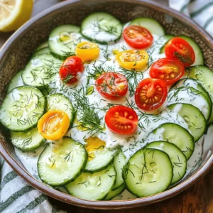 - Cucumbers - Greek yogurt - Fresh dill - Lemon juice - Honey - Garlic - Red onion - Cherry tomatoes - Salt and pepper The main ingredients create the base of your creamy cucumber salad. For this dish, fresh cucumbers are key. I often choose medium-sized cucumbers, as they balance crunch and flavor. Next, Greek yogurt gives the salad its creamy texture. It is thick and rich, making it perfect for our needs. Fresh dill adds a bright, herbal note that pairs well with the cucumbers. Finally, lemon juice brings acidity and freshness, brightening the whole dish. You can add optional ingredients for more depth. A touch of honey gives a hint of sweetness. If you like garlic, adding a clove can enhance the flavor. Red onion adds a nice crunch and sharpness, while cherry tomatoes offer color and a burst of juiciness. Don't forget the seasoning! Salt and pepper are essential for bringing out the flavors. Adjust these to your taste for the best results. For the full recipe, check out Crisp & Creamy Cucumber Delight. First, wash the cucumbers well under cool water. This step removes dirt and any wax. Next, slice the cucumbers into thin rounds. Aim for even thickness for a nice look and texture. Once sliced, place the cucumbers in a large mixing bowl. This bowl will hold all the delicious flavors. Now it’s time to make the dressing. In a separate bowl, combine Greek yogurt with fresh dill. Add lemon juice, honey, and minced garlic to the mix. These ingredients will give the dressing a bright taste. Sprinkle in some salt and pepper. Whisk everything together until it becomes smooth. A good dressing should coat the cucumbers well. Pour the creamy dressing over the sliced cucumbers. Gently fold the cucumbers into the dressing. Make sure each piece is coated well. If you want, add chopped red onion for extra crunch and flavor. Mix lightly to combine. The salad should look fresh and inviting. Let the salad chill in the refrigerator for at least 30 minutes. This time allows the flavors to blend nicely. Before you serve, give it a gentle stir. It’s a good idea to garnish with halved cherry tomatoes. They add a pop of color and taste. For the full recipe and more details, refer to Crisp & Creamy Cucumber Delight. Chilling your creamy cucumber salad is key. When you chill it, the flavors blend well. The cool temperature makes each bite refreshing. I suggest chilling for at least 30 minutes. This small step makes a big difference. For seasoning, use salt and pepper wisely. Start with a pinch of salt. Taste the salad and add more if needed. Fresh dill adds a nice touch, too. You can also try a squeeze of lemon juice for more zing. Presentation matters when serving this dish. Use a large, shallow bowl for a nice look. You can sprinkle extra dill on top for color and flavor. Adding cherry tomatoes as a garnish is a fine idea. They make the salad pop visually. This salad pairs great with grilled chicken or fish. It works well as a side for picnics or barbecues. You can even serve it with a hearty sandwich. The creamy texture balances well with crispy foods. Feel free to mix it up with ingredients. If you don’t have Greek yogurt, try sour cream. You can also use low-fat yogurt for a healthier option. Want more crunch? Add diced bell peppers or radishes. You can swap cucumbers for zucchini or carrots. This gives a fresh twist to the salad. Experiment and find your favorite mix. Enjoy the process of making this dish your own. For the full recipe, check out Crisp & Creamy Cucumber Delight. {{image_2}} You can make this salad lighter. Use low-fat yogurt instead of regular yogurt. This swap cuts calories without losing flavor. You can also add more vegetables. Try adding bell peppers or carrots for color and crunch. This keeps the dish fresh and healthy. You can experiment with flavors too. Adding fresh herbs like mint can boost taste. Mint gives a nice twist that feels refreshing. If you like spice, try adding jalapeño. It adds heat and makes the salad exciting! You can also give this salad a global flair. For a Greek touch, add feta cheese. This gives the salad a salty kick. You can make an Asian version by using sesame oil. This adds richness and a nutty flavor that is delightful. For the full recipe and more tips, check out Crisp & Creamy Cucumber Delight. Store your creamy cucumber salad in an airtight container. This keeps it fresh and tasty. It will stay good in the fridge for about 3 days. If you see any moisture forming, drain it before serving again. This will help keep the salad crisp. Can you freeze creamy cucumber salad? It’s best not to freeze it. Freezing changes the texture of cucumbers. They can become mushy when thawed. If you have extra dressing, you can freeze that. Just pour it into a freezer-safe container. Get creative with your leftovers! You can use the salad as a dip for veggies or chips. Mix it with pasta for a refreshing side dish. You can also spread it on sandwiches for a creamy twist. If you want a quick snack, just grab some crackers and serve the salad on top. To make this salad vegan, you can swap Greek yogurt for a plant-based yogurt. Look for options made from almond, coconut, or soy. These substitutes give a creamy texture without dairy. You can also try cashew cream for a rich taste. Yes, you can make this salad ahead of time. I suggest letting it chill for at least 30 minutes before serving. This helps the flavors mix well. If you make it too early, just keep it in the fridge. It's best enjoyed within 2-3 days. This salad pairs well with grilled meats, fish, or even a veggie burger. You can also serve it alongside rice dishes or pasta. It adds a refreshing crunch to any meal. You can store this salad in the fridge for about 2-3 days. Make sure to keep it in an airtight container. If it looks or smells off, it’s best to toss it. Yes, this salad is healthy! Cucumbers are low in calories and high in water. Greek yogurt adds protein and probiotics, which are good for your gut. Fresh herbs like dill provide vitamins too. Just keep an eye on the amount of honey for sugar content. For the complete recipe and more details, refer to Crisp & Creamy Cucumber Delight. Creamy cucumber salad is simple and tasty. We explored the key ingredients like cucumbers, Greek yogurt, and fresh herbs. I shared easy steps for making the dressing, assembling the salad, and chilling it for better flavor. We also looked at tips for serving, storing, and customizing your salad. In the end, this versatile dish works for any meal. Enjoy experimenting with your own twists! Transform simple ingredients into a crisp, refreshing salad.