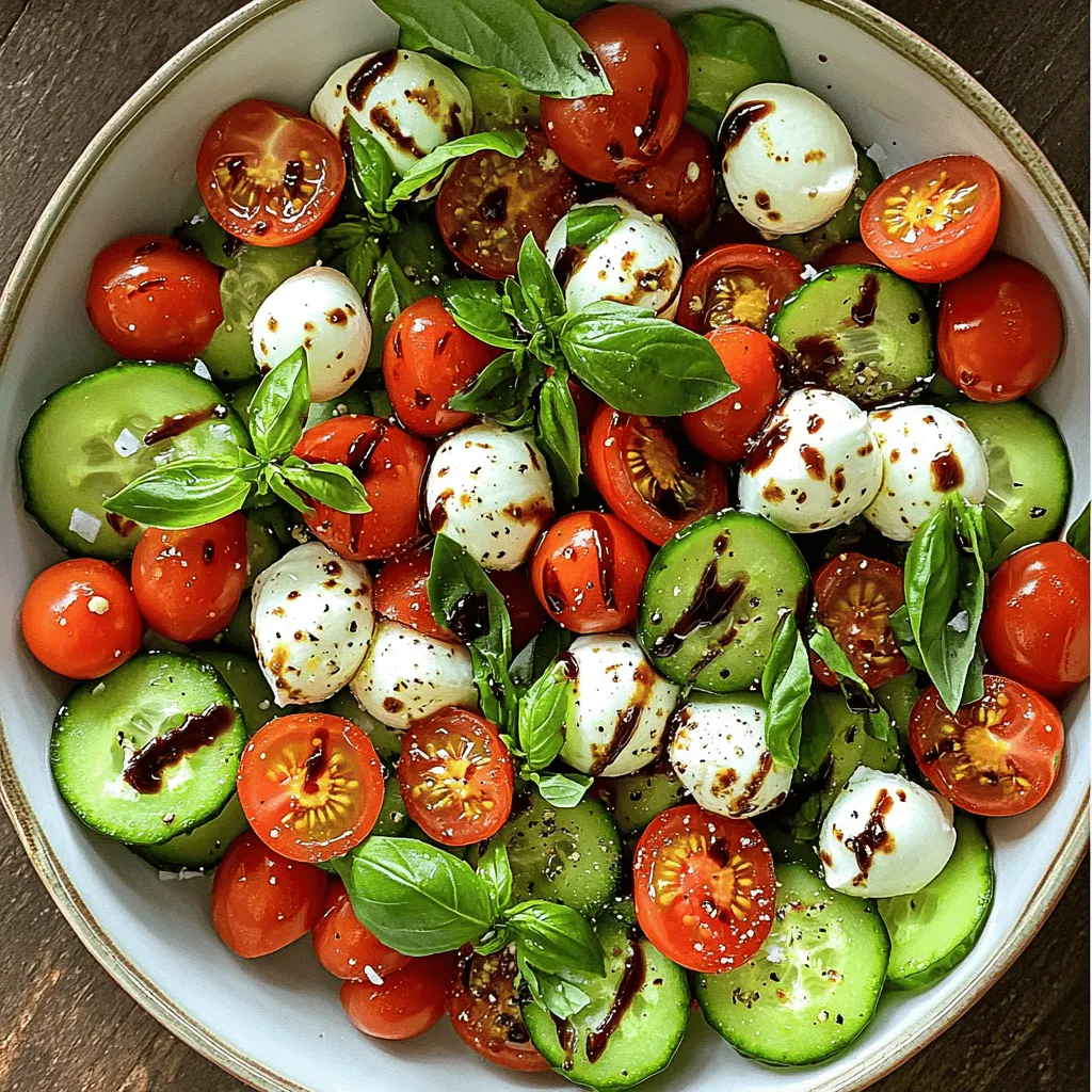 To make this salad, you need fresh, simple ingredients. Here is what you will use: - 2 large cucumbers, thinly sliced - 1 cup cherry tomatoes, halved - 8 ounces fresh mozzarella balls (bocconcini or ciliegine) - 1/4 cup fresh basil leaves, torn - 2 tablespoons balsamic glaze - 2 tablespoons extra virgin olive oil - Salt and pepper to taste These ingredients give the salad a crisp, fresh taste. Cucumbers add crunch, while tomatoes bring sweetness. The mozzarella adds creaminess, and basil gives a nice herbal flavor. You can easily change this salad to fit your taste. Here are a few ideas: - Avocado for creaminess - Red onion for a sharp bite - Bell peppers for extra crunch - Feta cheese for a tangy twist Feel free to mix and match these ingredients. You can make the salad your own every time you prepare it! This salad is not just tasty; it is also healthy. Here are some benefits: - Cucumbers are low in calories and high in water. - Tomatoes are rich in vitamins, like vitamin C and potassium. - Mozzarella provides protein and calcium, helping to build strong bones. - Basil has antioxidants, which can help keep our bodies healthy. Eating this salad is a great way to enjoy fresh produce. It is light, refreshing, and perfect for warm days. You can find the Full Recipe here to get started! To make this Easy Cucumber Caprese Salad, follow these simple steps. First, wash the cucumbers carefully. Then, slice them into thin rounds. Thin slices help mix the salad well. I like to use a mandoline for even pieces, but a knife works fine too. Next, take a large mixing bowl. Add the sliced cucumbers, halved cherry tomatoes, and fresh mozzarella balls. Mixing these ingredients creates a colorful base. Now, tear the basil leaves and add them to the bowl. Gently toss everything together. Be careful not to break the mozzarella balls. Now, drizzle the olive oil and balsamic glaze over the salad. This adds flavor and shine. Season with salt and pepper to taste. Toss everything again gently to coat the salad evenly. Let the salad sit for about ten minutes. This helps the flavors blend nicely. To save time, prepare your ingredients ahead. Wash and slice the cucumbers and tomatoes in advance. You can also tear the basil leaves early. If you have a busy schedule, use pre-packaged mozzarella balls. This makes your prep even quicker. Remember, shortcuts can still lead to tasty results. For a beautiful display, serve the salad in a large shallow bowl. Drizzle extra balsamic glaze on top for that wow factor. Garnish with whole basil leaves for a pop of green. This gives the salad an elegant touch. With its vibrant colors, everyone will want to dig in right away. Enjoy your refreshing Cucumber Caprese Salad! To make a great Cucumber Caprese Salad, start with fresh ingredients. Look for cucumbers that are firm and dark green. They should feel heavy for their size. Avoid any with soft spots or wrinkles. For tomatoes, choose ripe cherry tomatoes. They should be bright and shiny. Gently squeeze them; they should feel slightly soft but not mushy. Keep your cucumbers in the fridge. Wrap them in a paper towel first. This helps absorb moisture and keeps them crisp. Store tomatoes at room temperature, away from direct sunlight. If you cut any tomatoes, use them right away. Leftover salad can stay in the fridge for a day, but the cucumbers may get soggy. Don’t skip washing your produce. Always rinse cucumbers and tomatoes before slicing. This removes dirt and helps keep the salad fresh. Avoid adding too much balsamic glaze. A little goes a long way. Too much can overpower the fresh flavors. Finally, don’t toss the salad too hard. You want to mix it gently to keep the mozzarella intact. {{image_2}} You can swap ingredients to give your salad a new taste. Try adding avocados for creaminess. You can also use heirloom tomatoes for a splash of color. If you want a spicy kick, add sliced jalapeños or a pinch of red pepper flakes. For a crunch, toss in some toasted pine nuts or sunflower seeds. These simple swaps keep the salad fresh and fun. Change your salad with the seasons. In summer, use fresh peaches or strawberries for sweetness. In fall, try adding roasted butternut squash. This adds warmth and depth to the dish. In winter, you can use roasted beets for a vibrant color and earthy taste. Each season brings new flavors, making this salad a year-round delight. Easily adjust this salad to fit your diet. To make it vegan, skip the mozzarella or use a plant-based cheese instead. This keeps the flavors while being dairy-free. For gluten-free folks, this recipe is naturally gluten-free. Just ensure your balsamic glaze does not contain gluten. You can enjoy this salad without worry, no matter your diet. To keep your cucumber caprese salad fresh, store it in an airtight container. The salad will last about three days in the fridge. If you have leftovers, avoid mixing in the dressing until you serve it. This keeps the salad crunchy and tasty. When prepping this salad, slice the cucumbers and tomatoes ahead of time. Store them separately from the mozzarella and basil. This way, you keep everything fresh. Mix the ingredients right before serving to enjoy the best flavors and textures. Each ingredient has a different shelf life: - Cucumbers: Last about one week in the fridge. - Cherry tomatoes: Can stay fresh for up to five days. - Mozzarella: Should be used within a week after opening. - Basil: Use fresh basil within three days for the best taste. - Balsamic glaze and olive oil: Can last months if stored properly. For the full recipe, check out the details above. Enjoy your salad! A Cucumber Caprese Salad is a fresh dish that combines cucumbers, tomatoes, mozzarella, and basil. It is light, tasty, and perfect for warm days. You use sliced cucumbers as the base. Cherry tomatoes add sweetness and color. Mozzarella brings creaminess, while basil gives a fresh note. Drizzling olive oil and balsamic glaze on top adds flavor. This salad is easy to make and looks great on any table. Yes, you can make this salad ahead of time. However, for the best taste, prepare it no more than a few hours in advance. If you make it too early, the cucumbers may release water. This can make the salad soggy. To keep it fresh, store the salad in the fridge covered. Add the balsamic glaze just before serving. This keeps all the flavors bright. To make your Cucumber Caprese Salad more filling, you can add protein. Grilled chicken or shrimp works well. You can also toss in some cooked quinoa or chickpeas for extra texture. Adding nuts or seeds, like pine nuts or sunflower seeds, will give it a crunch. Another option is to serve the salad with crusty bread or pita on the side. These additions turn a light salad into a hearty meal. Cucumber Caprese Salad pairs well with many dishes. It complements grilled meats like chicken, steak, or fish beautifully. You can also serve it alongside pasta dishes for a complete meal. For a lighter choice, enjoy it with a bowl of soup. A glass of crisp white wine makes the meal even better. Explore this refreshing salad with different foods to find your favorite combination. This blog post covered how to make a tasty Cucumber Caprese Salad. We looked at key ingredients, optional choices, and nutritional benefits. I shared step-by-step instructions and time-saving tips. You learned how to pick the best ingredients and avoid common mistakes. We also explored ways to customize the salad and store leftovers properly. The Cucumber Caprese Salad is easy and fun to make. Enjoy your salad, and feel free to experiment!
