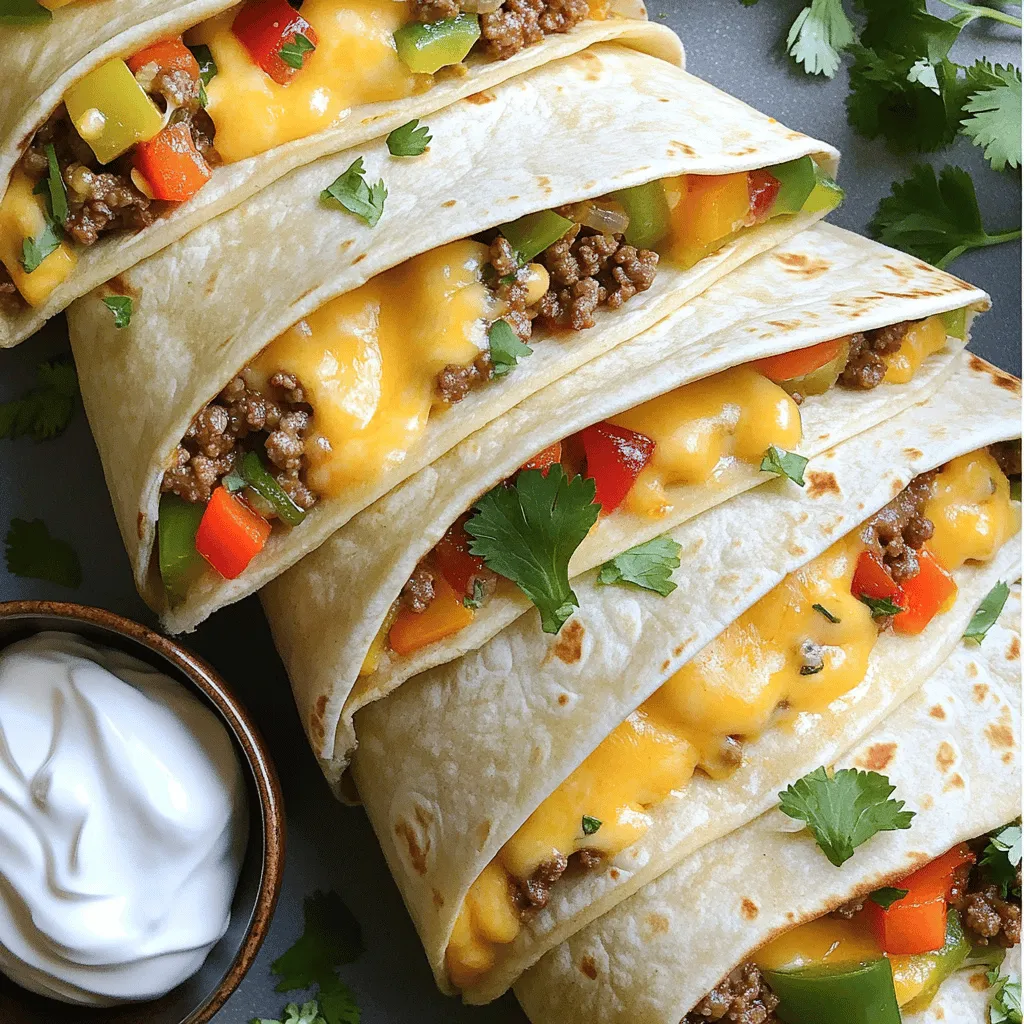 - 1 lb ground beef - 1 cup shredded cheddar cheese - 1 cup diced bell peppers (mixed colors) - 1/2 cup diced onion - 2 cloves garlic, minced - 1 teaspoon cumin - 1 teaspoon paprika - 1 teaspoon chili powder - Salt and pepper to taste - 4 large flour tortillas - 1/4 cup sour cream - 1/4 cup fresh cilantro, chopped (optional for garnish) - Cooking oil When you make Cheesy Ground Beef Delight Wrap, start with fresh ingredients. Quality beef makes a big difference. I like using 80/20 ground beef for a good balance of flavor and fat. The cheddar cheese is a must for that melty goodness. You can use different types of cheese, but cheddar adds great flavor. Bell peppers add color and crunch. I recommend using a mix of red, yellow, and green for a vibrant look. Diced onions and minced garlic bring a sweet and savory taste to the beef. Spices like cumin, paprika, and chili powder give it warmth and depth. You can adjust these to match your spice level. Salt and pepper enhance the flavors, so don't skip these. For serving, I love a dollop of sour cream. It cools the wrap perfectly. If you enjoy herbs, sprinkle fresh cilantro on top for a pop of freshness. To wrap it all up, you'll need large flour tortillas. They hold everything together well. Now that you have the ingredients, you're ready to make this tasty meal! - Calories per serving: 450 - Macronutrient breakdown: - Protein: 25g - Fat: 30g - Carbohydrates: 30g This meal packs a good amount of protein and fat, making it filling. The carbs come mainly from the tortillas and vegetables. If you want to make it lighter, you can adjust the amount of cheese or use a smaller tortilla. 1. Sautéing the onions and garlic Start by heating a tablespoon of cooking oil in a large skillet over medium heat. Add the diced onion and minced garlic. Cook them for about 2-3 minutes until they smell great and turn soft. This step builds a nice flavor base for your wrap. 2. Cooking the ground beef Next, increase the heat to medium-high. Add 1 pound of ground beef to the skillet. Break the beef apart with a spatula as it cooks. Brown the beef for about 5-7 minutes. You want it nice and brown, not pink. 3. Adding spices and bell peppers Now stir in 1 cup of diced bell peppers along with 1 teaspoon each of cumin, paprika, chili powder, and salt and pepper to taste. Cook this mix for another 3-4 minutes. The peppers should soften and take on all those tasty spices. 4. Melting the cheese Sprinkle 1 cup of shredded cheddar cheese over the beef mixture. Lower the heat to low and cover the skillet. Let it cook for about 2-3 minutes. The cheese will melt perfectly, creating a gooey filling. 5. Wrapping and serving instructions While the cheese melts, warm 4 large flour tortillas in a dry skillet for about 30 seconds on each side. This makes them easier to fold. To wrap, place a generous spoonful of the cheesy beef mix in the center of a tortilla. Add a dollop of sour cream, and sprinkle with fresh cilantro if you like. Fold in the sides and roll it up tightly from the bottom to the top. Repeat with the rest of the tortillas and filling. Now you have a delicious Cheesy Ground Beef Delight Wrap ready to enjoy! For the full recipe, check the details above. - Choosing the right ground beef: Use 80/20 ground beef. This mix gives enough fat for flavor and keeps it juicy. Leaner beef can dry out. - Best practices for melting cheese: Shred your cheese for quicker melting. Cover the skillet to trap heat. This helps the cheese melt evenly and gets gooey. - How to warm tortillas properly: Warm tortillas in a dry skillet for about 30 seconds on each side. This makes them soft and easy to roll. - Visual appeal suggestions: Cut the wraps in half diagonally. Place them on a bright plate for a pop of color. It makes the dish look more inviting. - Serving suggestions with sides: Serve with a small bowl of sour cream for dipping. Fresh salsa or guacamole also pairs well. Add some crunchy chips for texture. {{image_2}} You can swap out cheese for your favorite types. Try mozzarella or pepper jack for a kick. Both melt well and add unique flavors. You can also use cream cheese for a rich touch. For veggies, feel free to mix it up. You can add diced zucchini or corn for sweetness. Spinach or kale can add a healthy crunch. Carrots provide a nice color and extra nutrients. Need gluten-free? Use corn tortillas instead of flour ones. They hold the filling well and add a nice texture. If you want vegetarian or vegan options, replace beef with lentils or black beans. Use dairy-free cheese and sour cream. You can enjoy the same great taste while being plant-based. To store leftovers, let your wraps cool first. Wrap them in plastic wrap or foil. You can also place them in an airtight container. They will stay fresh in the fridge for about 3 to 4 days. When ready to eat, just take them out and reheat. Can you freeze the wraps? Yes, you can freeze the wraps! They freeze well and make for an easy meal later. To do this, wrap each one tightly in plastic wrap. Then, place them in a freezer bag. They will last for up to 2 months in the freezer. Best method for reheating from frozen To reheat, you can bake or microwave them. If baking, preheat your oven to 350°F (175°C). Remove the plastic wrap and place the wraps on a baking sheet. Heat for about 20-25 minutes. For the microwave, unwrap the wrap and place it on a plate. Heat for about 2-3 minutes, checking to ensure it’s warm all the way through. Enjoy your cheesy ground beef delight! For the full recipe, check out the steps above. How can I make this recipe ahead of time? You can cook the ground beef mixture and store it in the fridge. Just cool it first. When you’re ready to eat, warm the filling and assemble the wraps. This saves time for busy days. What sides pair well with cheesy ground beef wraps? I love serving these wraps with simple sides like chips, salsa, or a fresh salad. You can also try guacamole or a corn salad for extra flavor. Is it possible to make this recipe spicy? Absolutely! You can add jalapeños or extra chili powder for heat. You can also use a spicy cheese to kick it up a notch. Adjust the spice according to your taste. How long do these wraps last in the fridge? These wraps stay good in the fridge for about three days. Store them in an airtight container to keep them fresh. Why isn’t my cheese melting? If your cheese isn’t melting, it might be too cold. Make sure to cook the filling hot enough. Covering the pan helps trap heat and melt the cheese faster. How to avoid soggy wraps? To keep your wraps crisp, don’t overfill them with the beef mixture. Also, warm the tortillas before wrapping, and serve them right away. What can I do if the filling spills out when wrapping? If the filling spills out, try using less filling. Fold the sides of the tortilla in first, then roll it tightly from the bottom. This helps keep everything inside. For the full recipe, check the earlier sections to get all the details! You learned how to make a Cheesy Ground Beef Delight Wrap. The ingredients are easy to find and tasty. Sautéed onions and garlic really boost the flavor. I shared tips for perfect wraps and tasty sides. You can also modify ingredients for special diets. If you follow the steps, you’ll enjoy a great meal. Now, let’s get cooking! You can warm the wraps, serve them well, and savor every bite.