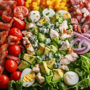 - 4 cups chopped romaine lettuce - 1 cup cooked grilled chicken, diced - 1 cup cherry tomatoes, halved - 1 avocado, diced - 1/2 cup crumbled blue cheese - 1/2 cup cooked and chopped turkey bacon - Fresh herbs for garnish To make a Cobb salad, start with the base of chopped romaine lettuce. This gives the salad a crisp and fresh taste. Next, add cooked grilled chicken. It adds protein and flavor. Cherry tomatoes, halved, bring sweetness. Diced avocado adds creaminess. Crumbled blue cheese gives a sharp, tangy bite. Finally, chopped turkey bacon adds a nice crunch. - 1/4 cup olive oil - 2 tablespoons red wine vinegar - 1 teaspoon Dijon mustard - Salt and pepper to taste For the dressing, mix olive oil and red wine vinegar. Add Dijon mustard for a zesty kick. Season with salt and pepper. This dressing ties all the flavors together. - Crispy tempeh instead of turkey bacon for a vegetarian option - Alternative cheese options like feta or goat cheese If you want a meat-free meal, use crispy tempeh instead of turkey bacon. For cheese, you can use feta or goat cheese for a different taste. These swaps make the salad fit many diets. For the full recipe, check out the Cobb Salad Extravaganza. To start, grab a small bowl. In it, combine: - 1/4 cup olive oil - 2 tablespoons red wine vinegar - 1 teaspoon Dijon mustard - Salt and pepper to taste Whisk these ingredients well until they blend together. This mix creates a tangy dressing that enhances the salad’s flavor. Set it aside while you prepare the salad. Now, take a large salad bowl or platter. Begin with the base by layering in: - 4 cups chopped romaine lettuce Next, neatly arrange sections of: - 1 cup cooked grilled chicken, diced - 1 cup cherry tomatoes, halved - 1 avocado, diced - 1/2 cup crumbled blue cheese - 1/2 cup cooked and chopped turkey bacon - 1/4 cup red onion, thinly sliced - 2 hard-boiled eggs, chopped This colorful display not only looks great but also offers a tasty mix of textures and flavors. When it’s time to serve, drizzle the prepared dressing over the salad. Alternatively, you can serve the dressing on the side. This way, everyone can add their preferred amount. If you like, sprinkle fresh herbs on top for that extra touch. Enjoy your beautiful and fresh Cobb salad! For the full recipe, check out the Cobb Salad Extravaganza 🥗🥑. Using fresh herbs really boosts the flavor of your Cobb salad. Fresh parsley or chives add a bright taste. You can also try basil or cilantro for a twist. Just chop them finely and sprinkle on top. This will make your salad pop with freshness. Preparing ingredients ahead of time saves you effort. Chop the veggies the night before. Cook the chicken and bacon in advance, too. Store everything in separate containers in your fridge. When you're ready to eat, just assemble the salad. It’s quick and easy! The way you present your salad can make it more appealing. Use a large bowl or platter. Start with a base of romaine lettuce. Layer the toppings in neat rows. Arrange the colorful ingredients like a rainbow. This will impress your guests and make your meal look gourmet. {{image_2}} If you want a vegetarian Cobb salad, swap chicken with chickpeas. Chickpeas add protein and fiber. You can also use extra veggies like bell peppers, cucumbers, or carrots. These add color and crunch. Try adding roasted veggies for a warm touch. You can mix up your proteins too! Use grilled shrimp for a seafood twist. Seared tofu is another great option. It soaks up flavors well and keeps it light. Both choices keep the salad fresh and tasty. Think about seasonal fruits or veggies to brighten your salad. In spring, add fresh peas or radishes. In summer, juicy peaches or berries work great. Fall brings roasted squash or apples. This keeps your Cobb salad exciting and new! To keep your Cobb salad fresh, store the dressing separately. This keeps the greens crisp. Use an airtight container for the salad ingredients. Avoid mixing them until you're ready to eat. This method preserves the flavors and textures. The salad components can last in the fridge for up to 2 days. After that, the ingredients may lose their crunch. Check for any signs of spoilage before eating. If you see any changes, it’s best to discard them. If you have leftover proteins, use a gentle reheating method. Heat them slowly in a pan over low heat. This keeps the meat juicy and tasty. Avoid the microwave, as it can make proteins tough. Enjoy your fresh flavors with each bite! A Cobb salad is a classic American salad. It features chopped greens and various toppings. You can find it in many restaurants. It is colorful and packed with flavors. The mix of textures makes it a joy to eat. Yes, you can make it vegan. Use plant-based proteins like chickpeas or tofu. Swap dairy cheese for a dairy-free cheese. This way, you keep the salad tasty and suitable for everyone. To make a low-calorie Cobb salad, choose lean proteins. Grilled chicken is great, but you can also use shrimp. Use dressings with less oil. This keeps the salad light but still delicious. Cobb salad usually has chicken, bacon, and eggs. You will also find cheese, like blue cheese. Other common veggies include tomatoes and avocado. Each ingredient adds its own unique taste. You can customize your Cobb salad easily. Mix and match toppings like nuts or seeds. Choose dressings based on your taste. If you love spicy, add a kick of jalapeño. Make it your own! The prep time for Cobb Salad Extravaganza is just 15 minutes. You can have a fresh meal ready in no time. This makes it perfect for busy days. This blog post covered how to make a tasty Cobb salad. We explored the key ingredients and dressings, shared step-by-step instructions, and offered storage tips. You learned how to customize the salad with options for different diets. Remember, you can mix and match ingredients to suit your taste. Making this salad is quick and fun. Enjoy bright flavors and fresh toppings that keep it exciting. Now, go ahead and make this salad your own with your favorite twists!