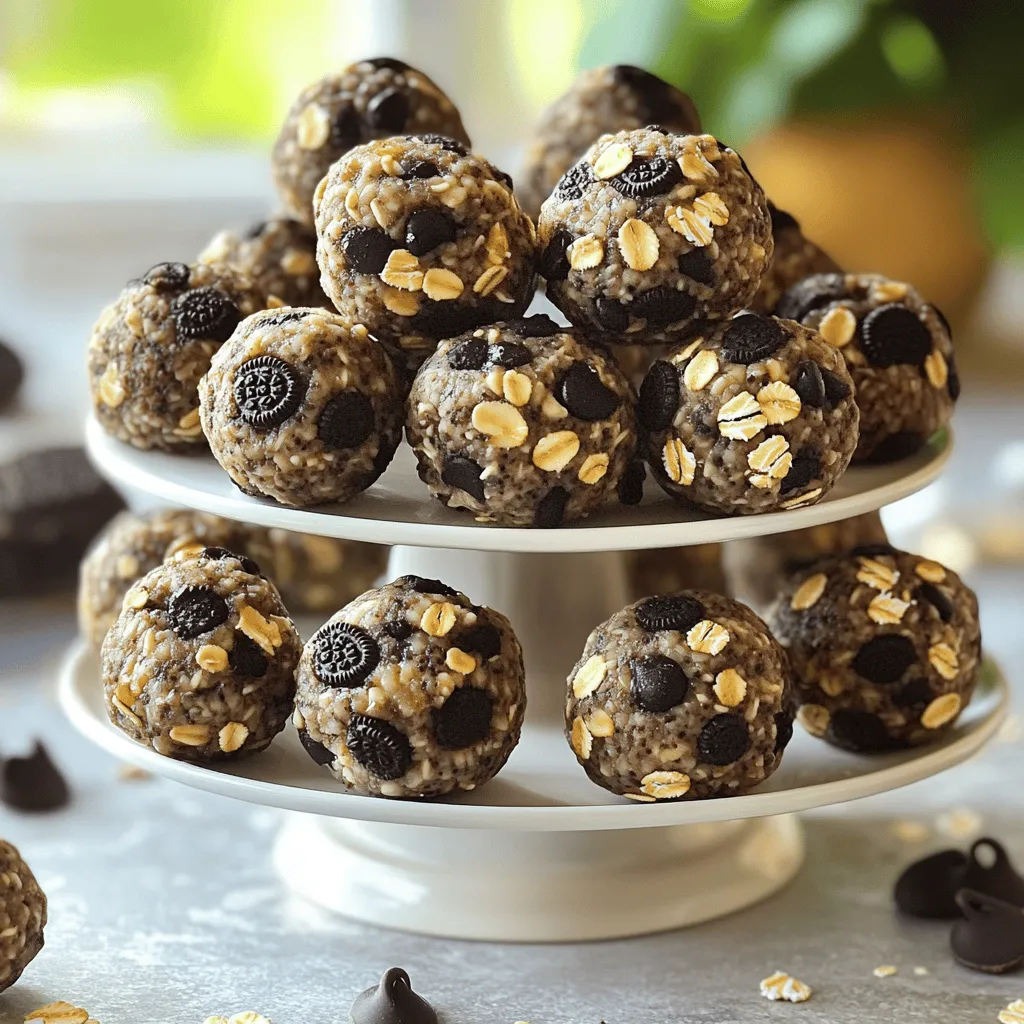 - 1 cup rolled oats - 1/2 cup vanilla protein powder - 1/2 cup almond butter (or peanut butter) - 1/4 cup honey or maple syrup - 1/4 cup crushed Oreo cookies - 2 tablespoons unsweetened cocoa powder - 1/4 cup dark chocolate chips (optional) - A pinch of salt To make Oreo protein balls, gather these ingredients first. Each one plays a key role in flavor and texture. The rolled oats provide a hearty base, while protein powder boosts nutrition. Almond butter or peanut butter adds creaminess and healthy fat. Honey or maple syrup gives sweetness. Crushed Oreo cookies add that classic taste. Cocoa powder enhances the chocolate flavor. Dark chocolate chips are optional but delicious. A pinch of salt balances everything nicely. - Calories per serving: About 100 calories per ball. - Protein content per ball: Around 5 grams of protein. - Other nutritional benefits: These protein balls are a good source of fiber and healthy fats. They can fuel your day, especially after workouts. The mix of oats and protein keeps you full longer. Plus, they taste great! For the Full Recipe, check out the detailed steps to create these tasty snacks. Mixing dry ingredients First, grab a large bowl. Add 1 cup of rolled oats, 1/2 cup of vanilla protein powder, 1/4 cup of crushed Oreo cookies, 2 tablespoons of cocoa powder, and a pinch of salt. Use a spoon to mix these ingredients. Make sure they blend well together. This step helps the flavors mix before adding wet ingredients. Combining wet ingredients In another bowl, take 1/2 cup of almond butter and 1/4 cup of honey (or maple syrup). Stir them together until they form a smooth mix. This mixture adds creaminess and sweetness to your protein balls. Forming the protein balls Now, pour the wet mix into the dry mix. Stir until the two come together. If the mix feels too dry, add a bit more almond butter or honey. Use your hands to scoop out about a tablespoon of the mix. Roll it into a ball. Place each ball on a parchment-lined baking sheet. Keep going until you roll all the mixture into balls. Time required to firm up Once you finish rolling the balls, pop them in the fridge for about 30 minutes. This time helps them firm up nicely. Tips for achieving the right texture If you want a softer ball, chill them for less time. For a firmer texture, let them sit a bit longer. Make sure to store them in an airtight container after chilling. You can find the Full Recipe for more detailed steps. To make your Oreo protein balls just right, you can change the sweetness and texture. If you want them sweeter, add more honey or maple syrup. For a firmer ball, add a bit more protein powder. If it feels too dry, just mix in a touch more nut butter. You can also use different nut butters. Almond butter gives a mild flavor. Peanut butter offers a richer, nuttier taste. You could even try cashew butter for a creamy twist. Each choice will change the taste, so feel free to experiment! Serving these protein balls can be fun and creative. You can stack them in a clear jar for a cute display. A tiered dessert stand looks great for parties. For easy snacking, pack them in an airtight container. These protein balls pair well with fresh fruits. Try serving them with berries or banana slices. They also taste great alongside smoothies, making for a tasty snack combo. For the full recipe, check the Full Recipe section. {{image_2}} You can easily change the flavor of your Oreo protein balls. Add nuts like almonds or walnuts for a nice crunch. Seeds, such as chia or flax, can boost nutrition. You can also switch up the protein powder. Try chocolate, cookies and cream, or even peanut butter flavors. Each one gives a new twist to the taste. You can make Oreo protein balls vegan or gluten-free. Use almond butter or sunflower seed butter instead of regular butter. For sweeteners, choose maple syrup or agave nectar to keep it vegan. To make them gluten-free, use certified gluten-free oats. You can also lower the sugar by using sugar-free syrup or a low-carb sweetener. This way, you can enjoy your snack while sticking to your diet. To keep your Oreo protein balls fresh, use an airtight container. Glass jars or plastic containers both work well. If you want to take them on the go, small snack bags are great too. For short-term storage, you can leave them at room temperature for a day. However, I suggest keeping them in the fridge for the best taste and texture. This helps them stay firm and tasty. In the fridge, your Oreo protein balls will last about one week. Just remember to check for any signs of spoilage. If you want to keep them longer, freezing is a smart choice. They can stay good in the freezer for up to three months. Just make sure to wrap them well in plastic and then place them in a freezer bag. When you want to eat them, just let them thaw in the fridge overnight. Enjoy your healthy snack anytime! Oreo protein balls last about one week in the fridge. Store them in an airtight container. If you freeze them, they can last up to three months. Just remember to thaw them in the fridge before eating. This way, they stay fresh and tasty for your snack time. Yes, you can replace the protein powder. Use any flavor you like, such as chocolate or cookies and cream. If you want a vegan option, try a plant-based protein powder. Just keep in mind that changing the flavor might change the taste of your protein balls. Experimenting can lead to fun new flavors! Oreo protein balls have some healthy benefits. They provide protein from the protein powder and nut butter. The oats give you fiber, which is good for digestion. However, they also contain sugar from honey and Oreos. Enjoy them as a treat, but don't forget about balance in your diet. Oreo protein balls are simple and fun to make. We listed ingredients and shared detailed steps. You learned about storage tips and variations to keep it interesting. Nutritional details help you know their health benefits. In the end, these protein balls are a tasty treat. You can enjoy them guilt-free. Experiment with flavors and share them with friends. Have fun creating your own versions!