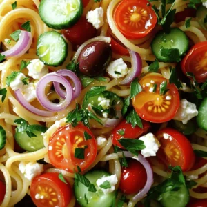 To make a tasty Mediterranean spaghetti salad, you need fresh and simple ingredients. Here’s what you will need: - 8 oz spaghetti, cooked and cooled - 1 cup cherry tomatoes, halved - 1 cucumber, diced - 1/2 red onion, thinly sliced - 1/2 cup Kalamata olives, pitted and halved - 1/2 cup feta cheese, crumbled - 1/4 cup fresh parsley, chopped These ingredients bring a colorful and vibrant look to your salad. The spaghetti gives it a nice base, while the veggies add crunch and flavor. You can take your salad to the next level with some fun toppings. Here are a few ideas: - Sliced bell peppers for extra color - Avocado for creaminess - Grilled chicken for protein - Roasted red peppers for sweetness These mix-ins let you play with flavors. You can switch things up based on what you have at home or what you enjoy. The dressing makes a big difference in taste. Here’s a classic dressing you can use: - 1/4 cup olive oil - 2 tablespoons red wine vinegar - 1 teaspoon dried oregano - Salt and pepper to taste You can also try these variations: - Lemon juice instead of vinegar for a zesty kick - Add honey for a sweet touch - Use balsamic vinegar for a richer flavor Experiment with these options to find your favorite taste. You can always check the Full Recipe for more details and ideas! To cook spaghetti, bring a big pot of water to boil. Add a pinch of salt for flavor. Toss in 8 oz of spaghetti and cook for 8 to 10 minutes. Stir the pasta a few times to prevent sticking. Test the spaghetti by tasting it; it should be tender but firm. Once done, drain the pasta in a colander and rinse it under cold water. This stops the cooking process and cools it down fast. Set the spaghetti aside while you prep the salad. In a large bowl, combine the cooled spaghetti with fresh ingredients. Start with the spaghetti, then add 1 cup of halved cherry tomatoes, 1 diced cucumber, and 1/2 of a thinly sliced red onion. Next, toss in 1/2 cup of Kalamata olives and 1/2 cup of crumbled feta cheese. These ingredients bring color and flavor. Gently mix everything until combined. You can use tongs or a spoon to avoid breaking the pasta. For the dressing, grab a small bowl. Whisk together 1/4 cup of olive oil, 2 tablespoons of red wine vinegar, and 1 teaspoon of dried oregano. Add salt and pepper to taste, making sure it’s flavorful. Pour the dressing over the salad mixture. Toss gently until every ingredient is coated. Finally, add 1/4 cup of chopped parsley for freshness. Chill the salad in the fridge for at least 30 minutes. This allows the flavors to blend beautifully. For the full recipe, refer to the earlier section. To make a great spaghetti salad, you need to start with the right pasta. Use high-quality spaghetti for the best texture. Cook it until it is al dente. This means it should be firm but not hard. After cooking, rinse it under cold water. This stops the cooking process and cools the pasta fast. Mix your ingredients well. This helps every bite be full of flavor. Add the dressing slowly. Toss gently to coat all ingredients without breaking the pasta. Chill the salad for at least 30 minutes. This lets the flavors blend together and taste better. You can change this salad to fit your taste. Add grilled chicken or shrimp for protein. If you prefer veggies, try bell peppers or spinach. You can also swap the feta cheese for mozzarella or goat cheese. Want more crunch? Toss in some nuts or seeds. Pine nuts or sunflower seeds work great. You can change the dressing too. Use lemon juice in place of red wine vinegar for a zesty twist. Serve your spaghetti salad as a side dish or a main meal. It pairs well with grilled meats or fish. You can also serve it at picnics or potlucks. For a fun touch, serve it in individual cups. This makes it easy for guests to grab and go. Add a lemon wedge on the side for an extra pop of flavor. For the complete recipe, check out the Full Recipe. {{image_2}} You can add protein to your spaghetti salad for a filling meal. Grilled chicken works great. Just chop it into bite-sized pieces and mix it in. Shrimp also adds a nice touch. Cook the shrimp until pink and toss them in. For a different flavor, try diced ham or turkey. These options make the salad hearty and satisfying. If you want to keep it vegetarian, there are many ways to do this. Roasted chickpeas add a great crunch and protein. You can also use marinated artichoke hearts for a tangy twist. Sun-dried tomatoes give a rich flavor and add a nice color. Another option is to mix in some black beans for extra fiber. Spaghetti salad can take on many global flavors. For a Mexican twist, add black olives, corn, and cilantro. You can also mix in taco seasoning for a fun kick. Want an Asian flair? Try adding sesame oil, soy sauce, and mandarin oranges. Italian flavors shine with fresh basil and Parmesan cheese. Don't forget to experiment with the dressing too! For the full recipe, check out Mediterranean Spaghetti Salad. To keep your spaghetti salad fresh, store it in an airtight container. This container helps prevent air from getting in. Place it in your fridge right after serving. The salad will stay good for about three days. If you notice any changes in color or smell, it’s best to toss it. You can freeze spaghetti salad, but it may change texture. To freeze, place the salad in a freezer-safe container. Leave some space at the top for expansion. It can last up to three months in the freezer. When ready to eat, thaw it in the fridge overnight. Be aware that some ingredients may not taste as fresh after freezing. Reheating spaghetti salad can be tricky. You should avoid using the microwave, as it can make the pasta mushy. Instead, let it sit at room temperature for about 30 minutes. This warms it up without cooking it further. If you want, add a drizzle of olive oil to revive the flavors. Yes, you can make spaghetti salad ahead of time. This salad tastes even better after it sits. I recommend making it a few hours before serving. The flavors will mix well and become more intense. Just remember to store it in the fridge until you are ready to eat. The best type of spaghetti to use is traditional long pasta. It holds sauces well and mixes easily with other ingredients. You can also use whole wheat or gluten-free spaghetti for a healthier option. Just make sure the spaghetti is cooked and cooled before adding it to the salad. Spaghetti salad can last about three to five days in the refrigerator. Store it in an airtight container for the best results. If you notice any changes in smell or texture, it’s best to toss it out. Enjoy your Mediterranean spaghetti salad fresh for optimal taste! For the full recipe, check out the Mediterranean Spaghetti Salad section. This blog post covered how to make a tasty Mediterranean spaghetti salad. We reviewed the key ingredients, simple steps to mix and serve, and helpful tips for perfecting your dish. You can customize your salad with different toppings and dressings, or explore variations for added flavor. Lastly, I included storage tips for leftovers. Try these ideas, and you’ll create a delicious dish that everyone will love. Enjoy your spaghetti salad journey!