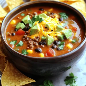 When making Ground Beef Enchilada Soup, having the right ingredients is key. This soup is hearty, warm, and full of flavor. Here’s what you need: - 1 lb ground beef - 1 medium onion, diced - 2 cloves garlic, minced - 1 can (15 oz) diced tomatoes - 1 can (15 oz) black beans, rinsed and drained - 1 can (15 oz) corn, drained - 2 cups beef broth - 1 can (10 oz) enchilada sauce - 1 tablespoon chili powder - 1 teaspoon cumin - Salt and pepper, to taste - 1 cup shredded cheddar cheese - 1 avocado, diced - Fresh cilantro, for garnish - Tortilla chips, for serving Each ingredient adds its own special touch. The ground beef gives a rich flavor. The onion and garlic bring a nice aroma. Diced tomatoes add juiciness, while black beans and corn provide texture and nutrition. Beef broth and enchilada sauce create a tasty base. Chili powder and cumin give the soup its warmth and depth. I suggest using fresh ingredients when possible. They elevate the dish and make it more vibrant. For the best taste, don’t skip the toppings. Shredded cheese, diced avocado, and cilantro make this soup feel special. You can find the full recipe for Ground Beef Enchilada Soup in the link above. Enjoy creating this delicious comfort dish! - Step 1: Sauté onions and garlic Start by heating a tablespoon of oil in a large pot over medium heat. Add the diced onion and minced garlic. Sauté them until the onions turn clear, about 3 to 5 minutes. This step builds the base flavor for the soup. - Step 2: Brown the ground beef Next, add 1 pound of ground beef to the pot. Use a spoon to break it apart. Cook it until it is no longer pink, which takes about 7 to 10 minutes. Be sure to drain any extra fat. This ensures the soup stays rich but not greasy. - Step 3: Combine all ingredients Now, stir in the can of diced tomatoes, black beans, corn, beef broth, and enchilada sauce. These ingredients create a tasty and hearty mix for your soup. - Step 4: Season and simmer Add chili powder, cumin, and a pinch of salt and pepper. Bring the soup to a low boil, then reduce the heat to let it simmer. Simmer for about 20 minutes. This allows all the flavors to mingle and develop. - Step 5: Final touches before serving After simmering, taste the soup. Adjust the seasoning if needed. Serve the soup hot in bowls. Top each serving with shredded cheddar cheese, diced avocado, and fresh cilantro. Don’t forget the tortilla chips on the side for that perfect crunch. This easy method gives you a heartwarming bowl of Ground Beef Enchilada Soup that everyone will love. For more details, check out the Full Recipe. To make your Ground Beef Enchilada Soup even better, I have some simple tips. - Use fresh herbs for added aroma: Fresh cilantro or parsley can brighten the soup. Just chop and sprinkle some on top before serving. - Adjust spice levels to preference: If you like it spicy, add some diced jalapeños or extra chili powder. For milder flavors, cut back on the spices. - Incorporate additional veggies for nutrition: Try adding bell peppers, zucchini, or corn. These not only boost nutrition but also add texture and color. When it comes to serving this soup, a few sides can really make it shine. - Recommended side dishes: A simple green salad with lime vinaigrette pairs nicely. You can also serve it with warm, crusty bread for dipping. - Perfect accompaniments for the soup: Top your soup with shredded cheese, diced avocado, and tortilla chips. These toppings add creaminess and crunch, making every bite special. For the full recipe, check out the [Full Recipe](#). {{image_2}} You can easily swap ingredients to fit your taste. Here are a couple of great ideas: - Substitute ground turkey or chicken: This makes the soup leaner and lighter. It still tastes great. - Use vegetable broth for a vegetarian option: This keeps the soup full of flavor while being meat-free. These swaps give your soup a fresh twist, making it fun to try new things. If you love bold flavors, consider these options: - Add jalapeños for heat: This gives the soup a spicy kick. Adjust the amount based on your spice level. - Include different types of beans: You can use pinto beans, kidney beans, or even chickpeas. Each type brings its own taste and texture. By mixing in these variations, you can create a soup that is uniquely yours. Try these ideas to make your Ground Beef Enchilada Soup even more exciting. Check out the Full Recipe for more tips! To keep your Ground Beef Enchilada Soup fresh, store it in the fridge. - Refrigeration tips: Place the soup in an airtight container. It can last for about three to four days. Make sure to cool it to room temperature before sealing. This helps prevent condensation inside the container. - Freezing guidelines: If you want to keep it longer, freeze the soup. Use freezer-safe containers or bags. The soup can last for up to three months in the freezer. When you freeze, leave some space at the top of the container. This allows for expansion as it freezes. Reheating your soup is easy. You want it hot and tasty again. - Best methods for reheating the soup: The best way to reheat is on the stove. Pour the soup into a pot and heat over medium heat. Stir often until it bubbles. You can also use the microwave. Place your soup in a microwave-safe bowl. Heat it on high for two to three minutes. Stop and stir halfway through. This ensures it heats evenly. For best results, always check that it’s hot throughout before serving. How can I make Ground Beef Enchilada Soup spicier? To make your soup spicier, add diced jalapeños or red pepper flakes. You can also increase the chili powder. Start small, then taste as you go. This way, you get the heat you want without going overboard. Can I make this recipe in a slow cooker? Yes, you can! Brown the ground beef and onions first. Then, add all the ingredients to the slow cooker. Cook on low for six to eight hours. It will still taste great and be super easy. How long does the soup last in the fridge? Ground Beef Enchilada Soup will last about three to four days in the fridge. Store it in an airtight container to keep it fresh. If you want to keep it longer, consider freezing it. Can I use canned enchilada sauce instead of homemade? Absolutely! Canned enchilada sauce is a great time-saver. Just check the label for added ingredients. Some brands can be more flavorful than others, so choose one you like. Is Ground Beef Enchilada Soup healthy? Yes, it can be healthy! It has lean ground beef, beans, and veggies. You can also modify the recipe for even healthier options. Use low-sodium broth and skip the cheese if you want. What can I serve with Ground Beef Enchilada Soup? Serve it with tortilla chips for crunch, or a fresh salad on the side. You could also offer some warm bread or cornbread for a cozy meal. For the full recipe, check out the details above. You now have a complete guide for making Ground Beef Enchilada Soup. We covered the key ingredients, step-by-step preparation, and helpful tips to enhance flavor. Don't forget the variations that can keep your meals exciting. Proper storage ensures you enjoy every last drop. Remember, cooking can be fun and easy with the right tools and knowledge. Enjoy sharing this warming dish with friends and family!