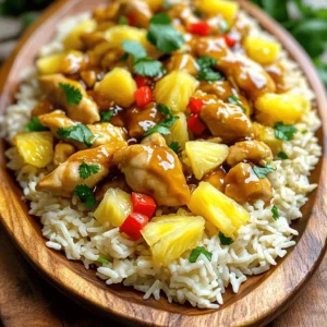 - 2 cups cooked jasmine rice - 1 lb chicken breast, cut into bite-sized pieces - 1 cup fresh pineapple, diced - 1 red bell pepper, diced - 1 onion, diced - 3 cloves garlic, minced - 1 tablespoon ginger, grated - 1/4 cup soy sauce - 2 tablespoons honey - 1 tablespoon rice vinegar - 1 tablespoon cornstarch mixed with 2 tablespoons water - 2 tablespoons sesame oil - 1/4 teaspoon black pepper The ingredients in Sweet and Savory Pineapple Chicken and Rice create a perfect balance. You have the soft jasmine rice that soaks up all the flavors. The chicken adds protein, and the fresh pineapple gives a sweet punch. The red bell pepper and onion add crunch and color. Garlic and ginger bring warmth and depth. The soy sauce and honey blend well, creating a nice sauce that ties everything together. I love using fresh ingredients because they make the dish pop. You can even try adding more pineapple for extra sweetness! If you like heat, a pinch of chili powder works wonders too. This recipe is all about mixing flavors and textures. You can find the full recipe below to get started on this delight! - Heat sesame oil in a large skillet or wok over medium-high heat. - Sauté diced onion, garlic, and ginger for 2-3 minutes. Start by heating the sesame oil. This oil gives our dish a lovely nutty flavor. Use a large skillet or wok for even cooking. Once the oil warms, add the diced onion, minced garlic, and grated ginger. This mix adds a great aroma and flavor. Stir it for about 2-3 minutes until the onion turns soft and clear. - Add chicken pieces, season with black pepper, and cook until browned (6-8 minutes). - Incorporate diced red bell pepper and pineapple, cooking for an additional 3-4 minutes. Next, toss in the chicken pieces. Season them with black pepper for a hint of spice. Cook the chicken for about 6-8 minutes. You want it browned and fully cooked. After that, add the diced red bell pepper and fresh pineapple. Cook this mix for another 3-4 minutes. The bell pepper will soften, and the pineapple will become juicy. - Mix soy sauce, honey, and rice vinegar, pour over the chicken and pineapple mixture. - Thicken sauce with cornstarch-water mixture, stirring until it thickens (about 2 minutes). Now, we make the sauce. In a bowl, mix the soy sauce, honey, and rice vinegar. Pour this over the chicken and pineapple mix. Let it simmer gently. Then, take your cornstarch and water mixture. Add it to the skillet to thicken the sauce. Stir until it thickens, which should take about 2 minutes. - Add cooked jasmine rice, tossing to combine all ingredients. - Serve and enjoy fresh! Finally, add the cooked jasmine rice to your skillet. Toss everything together gently. This way, the rice soaks up the sweet and savory sauce. Once mixed, serve it hot. Enjoy your delicious Sweet and Savory Pineapple Chicken and Rice! For the full recipe, check out the complete guide. - Ensure chicken is fully cooked before serving. This keeps your meal safe and tasty. - Adjust cooking time based on chicken cut size. Thicker pieces take longer to cook. - Add more pineapple for sweetness or a dash of chili powder for heat. This gives your dish a fun twist. - Experiment with different vegetables like snap peas or carrots. They add color and crunch to the meal. - Pair with lime wedges for an extra zesty kick. The lime juice brightens all the flavors. - Use fresh herbs like cilantro or green onions for garnish. They add freshness and a pop of color. For the full recipe, check [Full Recipe]. {{image_2}} You can switch things up by using different proteins. Substitute chicken breast with shrimp or tofu. Both add unique tastes and textures. Shrimp cooks fast and gives a nice ocean flavor. Tofu soaks up the sauce well and is great for plant-based diets. You can also use diced pork for a unique flavor twist. Pork adds a savory depth that pairs wonderfully with pineapple. If you want a healthier option, replace jasmine rice with brown rice or cauliflower rice. Brown rice offers more fiber and a nutty taste. Cauliflower rice is low-carb and absorbs flavors well. Quinoa is another great choice. It’s protein-rich and has a slightly crunchy texture that adds fun to your dish. You can try different sauces for a fresh twist. Use teriyaki sauce instead of soy sauce for a sweeter flavor. It balances well with the pineapple's sweetness. If you want a creamier sauce, add coconut milk. This gives a tropical vibe and makes the dish richer. For the full recipe, check out the complete guide on Sweet and Savory Pineapple Chicken and Rice. Store any leftovers in an airtight container. This keeps the food fresh for up to 3 days. When you want to eat it, reheat thoroughly before consuming. You can freeze this dish for up to 2 months. Use freezer-safe containers to prevent freezer burn. To enjoy later, thaw it in the fridge overnight before reheating. Reheat in the microwave or on the stovetop. If you use the stovetop, add a splash of water. This helps keep the dish moist and tasty. Yes, canned pineapple works as a convenient substitute; just drain excess juice. Canned pineapple often has a sweeter taste, which can enhance the dish. When using it, be mindful of the added sugars in the syrup. This swap saves time and still gives you that sweet and tangy flavor. Absolutely! It stores well and can be easily divided into meal prep containers. I love making this dish ahead of time. You can enjoy it for lunch or dinner throughout the week. Just store the chicken and rice in separate containers to keep them fresh. Reheat before serving for the best taste. Pair it with a simple salad or steamed vegetables for a balanced meal. A light green salad with vinaigrette adds freshness. You can also include some steamed broccoli or snap peas. These options add color and nutrients to your plate. For a fun twist, try adding lime wedges for a zesty kick! This blog post covered a tasty Sweet and Savory Pineapple Chicken and Rice recipe. We detailed main ingredients and shared step-by-step instructions. We also provided tips for enhancing flavor and suggested fun variations. Now, you can enjoy a delicious dish that is easy to make. Experiment with ingredients and make it your own. Happy cooking!