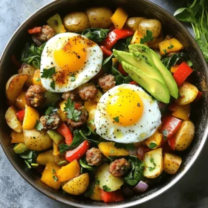 To make a tasty Loaded Breakfast Hash, you need some key ingredients. Here’s what you’ll need: - 3 large russet potatoes, diced - 1 cup bell peppers (red, yellow, and green), diced - 1 small red onion, chopped - 1 cup cooked sausage (chicken or turkey), crumbled - 1 cup spinach leaves, chopped - 4 large eggs - 1 teaspoon smoked paprika - 1 teaspoon garlic powder - Salt and pepper to taste - 2 tablespoons olive oil The potatoes give a nice base. They should be crispy on the outside and tender inside. The bell peppers and onions add sweetness and color. Crumbled sausage brings a savory flavor, while spinach adds a healthy touch. The eggs are the star, providing protein and richness. You can make your hash even better with some fun toppings. Consider these options: - Avocado slices - Fresh parsley, chopped - Hot sauce for serving Adding avocado gives a creamy texture. Fresh parsley brightens the dish with color and flavor. A drizzle of hot sauce adds a kick, making it a perfect morning treat. You can find the full recipe for this delightful dish to explore each step! To make crispy potatoes, start with russet potatoes. Dice them into small cubes for even cooking. Heat one tablespoon of olive oil in a large skillet over medium heat. Add the diced potatoes, and season them with salt, pepper, garlic powder, and smoked paprika. This adds a great flavor. Cook the potatoes for about 10-12 minutes. Stir them occasionally until they turn golden brown. You want them crispy on the outside and soft inside. Next, we add the veggies. Chop a small red onion and some bell peppers into small pieces. When the potatoes are ready, add these chopped veggies to the skillet. Sauté for about 4-5 minutes. Caramelization is key here; it brings out the natural sweetness of the onions and peppers. This step gives the hash a nice flavor and texture. Now it’s time for the meat. Use cooked sausage, either chicken or turkey, crumbled into small bits. Add it to the skillet and stir to combine. Cook for another 2-3 minutes until it heats through. While the meat warms, crack four large eggs in a separate pan. Fry them sunny side up or to your liking. Once everything is ready, it's time to assemble the dish. Divide the loaded breakfast hash on plates, top with a fried egg, and sprinkle with fresh parsley. If you like, add avocado slices for a tasty touch. For a kick, drizzle with hot sauce. Enjoy your delicious loaded breakfast hash! You can swap ingredients to suit your taste. For a vegetarian option, use mushrooms or zucchini instead of sausage. You can also add black beans for extra protein. If you prefer meat, try bacon or ham for a different flavor. Spice lovers can add jalapeños or chili powder for heat. Adjust the spice levels to match your comfort zone. Choose different cooking oils to boost taste. Olive oil adds a fruity flavor, while avocado oil has a mild taste. Butter gives a rich, creamy touch. Use these oils in a mix for extra depth. For perfect eggs, fry them low and slow. This leads to a tender white and a runny yolk. Use a lid to cook them evenly. Arrange your loaded hash on a large plate for a beautiful look. Add the fried egg on top and sprinkle with fresh parsley for color. Serve with avocado slices for creaminess. A drizzle of hot sauce adds a pop of color and flavor. You can pair your hash with toast or a fruit salad for a complete meal. For the full recipe, check out the Loaded Breakfast Hash section. {{image_2}} You can easily make a veggie-loaded breakfast hash. Use seasonal vegetables like zucchini, asparagus, or tomatoes. Fresh veggies add flavor and nutrition. They bring colors that make your dish pop. Adding more greens, like kale or arugula, boosts the health factor. Greens are rich in vitamins and minerals. They keep you full longer and add fiber to your meal. Try mixing in different vegetables to keep it exciting. Switching up the protein sources makes your breakfast hash even better. You can use lean meats like turkey bacon or chicken sausage. These options give you flavor without too much fat. Beans or tofu are great for adding protein. Black beans or chickpeas offer a hearty texture. Tofu is an excellent plant-based choice that soaks up flavors well. Both options keep your meal filling and nutritious. Adding cheese brings extra richness to your hash. Cheese melts beautifully and creates a creamy texture. It also adds a savory flavor that pairs well with other ingredients. The best types of cheese to use include cheddar, feta, or gouda. Cheddar gives a classic taste. Feta adds a tangy kick, while gouda provides a smooth finish. Sprinkle your favorite cheese on top for a delightful breakfast treat. For the full recipe, refer to the Loaded Breakfast Hash section. To keep your loaded breakfast hash fresh, start by letting it cool. Once cooled, place it in an airtight container. This helps to keep moisture in and air out. Store it in the fridge. It will stay good for up to three days. Make sure to label the container with the date. When you are ready to eat, you can use several methods to reheat your hash. The best way is to use a skillet. Heat it on medium and add a splash of olive oil. Stir often until it gets hot. You can also use the microwave. Just place it in a microwave-safe dish and cover it. Heat for one to two minutes. This keeps the hash nice and soft, but it may lose some crunch. If you want to save some for later, freezing is a great option. Use a freezer-safe container for this. Divide the hash into smaller portions for easy use later. It can stay in the freezer for up to three months. When you want to eat it, move it to the fridge to thaw overnight. Reheating from frozen may change the texture. Use the skillet method to bring back some crispiness. Just cook it over medium heat until hot. Enjoy your loaded breakfast hash whenever you want! For the full recipe, check out the earlier sections. Yes, you can make Loaded Breakfast Hash ahead of time. It stores well in the fridge for about three days. To keep it fresh, place it in an airtight container. Just reheat it in a skillet or microwave before serving. This method saves time on busy mornings. You can also prep the potatoes and veggies the night before. This makes morning cooking a breeze. I love using russet potatoes for their fluffy texture. They get crispy on the outside and soft inside. Yukon gold potatoes are another great option. They have a creamy feel and rich taste. Red potatoes can also work well, as they hold their shape nicely. Each type brings a unique flavor to your dish. Choose what you like best for your hash. To make Loaded Breakfast Hash healthier, try these tips. Use turkey or chicken sausage instead of pork for less fat. You can also add more veggies, like zucchini or mushrooms, for extra nutrients. Swap out some potatoes for cauliflower for a lower-carb choice. Use less oil when cooking or choose a spray oil. Lastly, serve with a side of fresh fruit for a balanced meal. Loaded breakfast hash is a hearty and customizable dish. You start with potatoes, sausage, and eggs, then add your favorite veggies. With tips for perfect cooking and tasty variations, it's easy to suit your taste. You can also store leftovers well, so nothing goes to waste. Finally, remember, you can make this ahead of time to enjoy a quick meal. Get creative and make breakfast hash your own!
