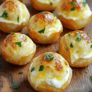 - 2 cups all-purpose flour - 1 packet (2 ¼ teaspoons) dry active yeast - 1 teaspoon sugar - 1 teaspoon salt - ¾ cup warm water (110°F or 43°C) - 3 tablespoons olive oil - 1 cup mozzarella cheese, shredded - ½ cup cream cheese, softened - 4 cloves garlic, minced - 1 tablespoon fresh parsley, chopped - 1 teaspoon Italian seasoning - 2 tablespoons melted butter (for brushing) When I gather the ingredients for cheese stuffed garlic bread balls, I feel excited. Each ingredient plays a vital role in creating that delicious taste and texture. The all-purpose flour gives the dough its structure, while the yeast helps it rise. Sugar feeds the yeast, making it frothy and alive. Salt enhances the flavor of each bite. Next, we need warm water, around 110°F. This temperature helps the yeast activate. The olive oil adds richness, making the dough tender. Then comes the star of the show: the cheese! Mozzarella offers that gooey stretch, and cream cheese adds creaminess. We can't forget the flavor enhancers. Garlic gives a wonderful aroma and taste. Fresh parsley adds a burst of color and freshness. Italian seasoning brings a mix of herbs that make it all pop. Finally, melted butter brushed on top creates a golden, crispy finish. With these ingredients, you get a tasty snack that is hard to resist! For the full recipe, check out the details above. 1. Activating the yeast: Start by mixing warm water, sugar, and yeast in a small bowl. Let it sit for 5-10 minutes. The mixture should become frothy. This shows the yeast is alive and ready to work. 2. Mixing flour and salt: In a large bowl, combine 2 cups of all-purpose flour and 1 teaspoon of salt. Make a well in the center. Add the yeast mixture and 3 tablespoons of olive oil. Mix until a dough forms. 3. Kneading the dough: Transfer the dough to a floured surface. Knead it for about 5-7 minutes until the dough is smooth and elastic. This step helps develop the gluten. 1. Combining cheese and seasonings: In a separate bowl, mix 1 cup of shredded mozzarella cheese and ½ cup of softened cream cheese. 2. Preparing garlic: Mince 4 cloves of garlic finely. This will add a great flavor to the filling. 3. Mixing ingredients: Add the minced garlic, 1 tablespoon of chopped fresh parsley, and 1 teaspoon of Italian seasoning to the cheese mixture. Stir it well until everything is combined. 1. Dividing the dough: Once the dough has risen, punch it down. Divide it into 12 equal pieces. 2. Stuffing the dough balls: Flatten each piece of dough in your palm. Place a spoonful of cheese filling in the center. Wrap the dough around the filling and pinch it closed to form a ball. 3. Baking process and timing: Place the stuffed balls seam-side down on a lined baking sheet. Brush the tops with melted butter. Bake in a preheated oven at 375°F (190°C) for 15-20 minutes. Look for a golden brown color. Let them cool slightly before enjoying. For full instructions, check the Full Recipe. To get the right texture for the dough, you must knead it well. Kneading helps develop gluten, which gives the bread its chewiness. I usually knead for about 5-7 minutes. If the dough is too sticky, add a little flour. If it's too dry, add a few drops of water. Common issues with dough include it being too dense or not rising. If your dough is dense, it might need more kneading or warmth. Make sure your yeast is fresh and active. A frothy yeast mixture means it’s ready to go! You can use different cheeses for the filling. Try sharp cheddar, gouda, or even feta. Mixing these with mozzarella adds a fun twist. Adding fresh herbs like basil or thyme can bring extra flavor. You might even add a pinch of red pepper flakes for some heat. These cheese stuffed garlic bread balls pair well with many dips. Marinara sauce is a classic choice. For something different, try ranch or a creamy garlic dip. A nice side salad can balance the richness of the bread. For beverages, I recommend sparkling water or a light red wine. Both will enhance the flavors and make your snack time more enjoyable. {{image_2}} You can play with the cheese in these bread balls. Try using cheddar, gouda, or even blue cheese for a bold twist. Each cheese brings its unique flavor and texture. For a spicy kick, add jalapeños or red pepper flakes to the cheese filling. This spice adds a fun surprise in every bite. If you need gluten-free options, use a gluten-free flour blend. These blends often work well in bread recipes. For a vegan alternative, swap out the cheese for a plant-based version. You can also use a dairy-free cream cheese to keep it creamy. These changes keep the flavor while meeting dietary needs. You can add global flair to your cheese stuffed garlic bread balls. For an Italian twist, include sun-dried tomatoes or basil in the filling. If you want a Mexican vibe, use pepper jack cheese and cilantro. Feel free to experiment with local ingredients that inspire you. This makes each batch unique and exciting. Let your cheese stuffed garlic bread balls cool for about 15 minutes. This helps keep them fresh. Use airtight containers for the best storage. Glass or plastic containers with lids work well. You can also wrap them tightly in plastic wrap. To freeze your cheese stuffed garlic bread balls, first let them cool completely. Place them in a single layer on a baking sheet. Put the sheet in the freezer for about 1-2 hours. Once frozen, transfer them to a freezer bag. Make sure to remove as much air as you can. This helps prevent freezer burn. When you're ready to eat, take them out and reheat. You can bake them straight from the freezer at 375°F (190°C) for about 15-20 minutes. They will be hot and cheesy! In the fridge, these cheese stuffed garlic bread balls last about 3-4 days. Keep an eye out for signs of spoilage. If they smell bad or feel slimy, it's best to throw them away. Fresh is always best! To make these tasty cheese stuffed garlic bread balls from scratch, follow these steps: 1. Activate the yeast: Mix warm water, sugar, and yeast. Let it sit until frothy. 2. Mix dry ingredients: In a bowl, combine all-purpose flour and salt. 3. Combine: Add the yeast mix and olive oil to the flour. Stir until it forms dough. 4. Knead: On a floured surface, knead the dough for 5-7 minutes until smooth. 5. Rise: Put the dough in a greased bowl. Cover it and let it rise for about 1 hour. 6. Prepare filling: Mix mozzarella cheese, cream cheese, garlic, parsley, and seasoning. 7. Shape balls: Divide the dough into 12 pieces, stuff them with cheese, and form balls. 8. Bake: Brush with butter, place on a baking sheet, and bake at 375°F for 15-20 minutes. Common challenges include getting the dough to rise properly or keeping the filling from oozing out. If your dough isn’t rising, make sure your yeast is fresh and your water is warm, not hot. For the filling, pinch the dough tightly to avoid leaks. Yes, you can use pre-made dough for this recipe. Pros: - Saves time and effort. - Consistent texture and taste. Cons: - Less control over flavor. - May not rise as well as fresh dough. If you choose store-bought dough, look for pizza or bread dough. Follow the same steps for the filling and baking. Great dipping sauces can enhance your cheese stuffed garlic bread balls. Here are some tasty options: - Marinara sauce: This classic tomato sauce pairs well. - Garlic butter: Melted butter with garlic adds extra flavor. - Ranch dressing: For a creamy twist, try ranch. - Pesto: This basil sauce adds a fresh taste. These sauces make your snack even more enjoyable. Try them and find your favorite! Cheese stuffed garlic bread balls are simple and fun to make. We covered the key ingredients, like flour, cheese, and garlic, as well as techniques for perfect dough and flavorful fillings. You learned about tasty variations and smart storage tips. These bites are great for sharing or enjoying alone. I hope you try this recipe and make it your own. Enjoy every cheesy, garlicky bite!