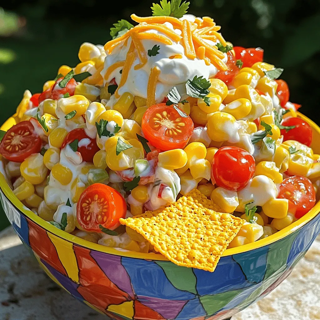 To make this tasty dish, gather these ingredients: - 2 cups corn (fresh or canned) - 1 cup cherry tomatoes, halved - 1 cup mixed bell peppers, diced - 1 small red onion, finely chopped - 1 cup shredded cheddar cheese - 1 cup Fritos corn chips - 1/2 cup sour cream - 1/4 cup mayonnaise - 1 tablespoon lime juice - 1 teaspoon chili powder - Salt and pepper to taste - Fresh cilantro for garnish (optional) This list of ingredients makes a bright and colorful salad. Each item adds flavor and texture. Fresh corn gives a sweet crunch, while Fritos add a satisfying crunch at the end. The cheese brings creaminess, and the lime juice adds a zesty kick. You can use fresh or canned corn, but I prefer fresh for the best taste. Feel free to adjust the ingredients based on your taste or what you have. This recipe is easy to customize! For the full recipe, check out the detailed instructions. Enjoy creating your Easy Frito Corn Salad! To make Easy Frito Corn Salad, follow these steps closely. They are simple and rewarding. How to mix the vegetables Start by taking a large mixing bowl. Add 2 cups of corn, either fresh or canned. Next, toss in 1 cup of halved cherry tomatoes. Then, add 1 cup of diced bell peppers, using mixed colors for fun. Finally, include 1 small finely chopped red onion. Stir everything gently until well combined. Combining the dressing ingredients In a separate small bowl, mix 1/2 cup of sour cream with 1/4 cup of mayonnaise. Squeeze in 1 tablespoon of lime juice. Add 1 teaspoon of chili powder, along with salt and pepper to taste. Whisk the dressing until it is smooth and creamy. This dressing adds a zesty kick. Tossing the Fritos before serving Pour the dressing over the corn and vegetable mix. Stir gently to coat all the veggies. This is key to enjoy every bite. Just before you serve, add 1 cup of Fritos corn chips. Toss them lightly to keep them crispy. This adds a nice crunch to the salad. Enjoy your Easy Frito Corn Salad! You can find the Full Recipe for all the details. To boost the taste of your Easy Frito Corn Salad, adjust the seasoning. Try adding a bit more chili powder for heat. You can also mix in some cumin or garlic powder for depth. Fresh corn gives a sweet crunch. It shines in this recipe. Canned corn works well, too, but drain it well. This keeps excess liquid from making your salad soggy. Keeping Fritos crispy is key. Add them just before serving. This way, they stay crunchy and fun to eat. Serve your salad cold for the best flavor. It tastes great straight from the fridge. If you want a warm dish, let it sit at room temperature for about 15 minutes. This brings out the flavors without losing texture. {{image_2}} You can switch out Fritos for other snacks. Try tortilla chips or crunchy crackers. Both add a nice crunch. For a healthier choice, use baked chips. They still taste great. If you want a gluten-free version, look for corn chips labeled gluten-free. If you want a dairy-free dressing, you can use cashew cream. Blend soaked cashews with water and a bit of lemon juice. This makes a creamy and tasty option. Another choice is to use avocado instead of sour cream. It adds healthy fats and a smooth texture. Adding seasonal vegetables can make your salad shine. For spring, try using fresh peas or asparagus. In summer, add diced cucumbers or zucchini for crunch. Fall brings great options like roasted corn or diced butternut squash. Each season has vegetables that can enhance flavor. Fresh herbs also bring life to your dish. Try adding chopped cilantro for a fresh taste. Basil or parsley can work well, too. Use what you have! Fresh herbs can really boost the flavor of your Easy Frito Corn Salad. To keep your Frito corn salad fresh, store it in airtight containers. Glass or plastic containers work well. Make sure the lid seals tightly to keep air out. This salad lasts about 3 to 5 days in the fridge. If you notice any off smell or color, it’s best to toss it. You can freeze Frito corn salad, but it may change the texture. The Fritos will get soft, and veggies may lose crunch. If you want to freeze it, do so without the Fritos. Store the salad in a freezer-safe container. It can last up to 2 months in the freezer. When you’re ready to eat it, thaw the salad in the fridge overnight. To refresh it, mix in some fresh Fritos before serving. This will give your salad a nice crunch again. Enjoy every bite! What can I serve with Frito corn salad? Frito corn salad pairs well with grilled meats. It goes great with burgers or chicken. You can also serve it as a side with tacos. The crunch of Fritos adds fun to any meal. Is it safe to make ahead of time? Yes, you can make Frito corn salad ahead of time. However, add Fritos just before serving. This keeps them crunchy. The salad tastes great after chilling in the fridge for a few hours. Can I prepare the dressing in advance? Absolutely! You can prepare the dressing in advance. Store it in the fridge for up to two days. This saves time and makes mixing easier later. Where can I buy Fritos or alternative ingredients? You can find Fritos at most grocery stores. Look in the snack aisle. If you want alternatives, try tortilla chips or corn nuts. You can also find the other ingredients in the produce and dairy sections. Check for fresh corn, cheese, and sour cream. For the full recipe, refer to the section above. Easy Frito corn salad is a fun, tasty dish that brings simple ingredients together. We covered everything: ingredients, step-by-step prep, and tips for the best flavor and texture. You can customize it with your favorite veggies or dairy-free options. Proper storage keeps leftovers fresh for later. I hope you feel ready to create this dish for friends or family. Enjoy making your own tasty version.