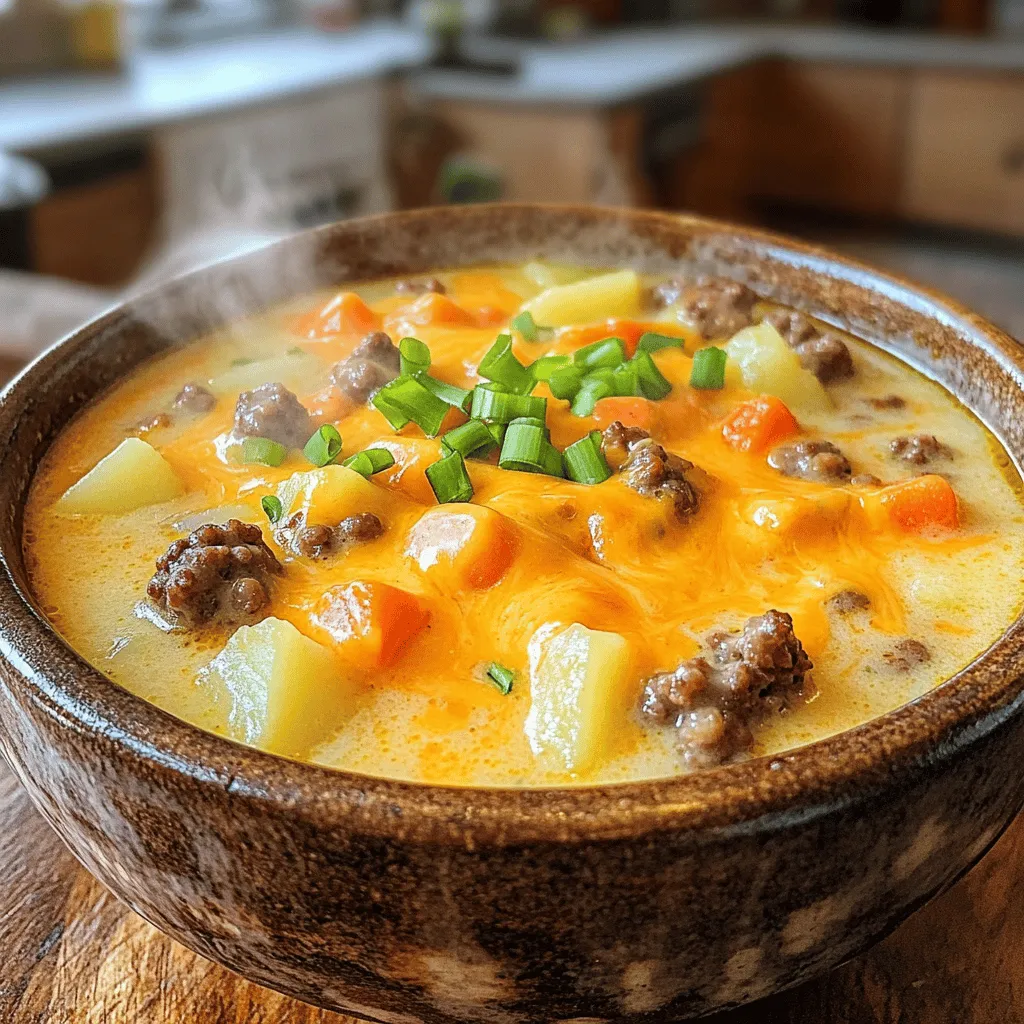 To make the best cheeseburger soup, you need a few key ingredients. Each one adds flavor and texture, making the soup comforting and creamy. - 1 pound ground beef - 1 medium onion, diced - 2 cloves garlic, minced - 2 medium carrots, diced - 2 celery stalks, diced - 4 medium potatoes, peeled and cubed - 4 cups beef broth - 1 tablespoon ketchup - 1 tablespoon mustard - 1 teaspoon Worcestershire sauce - 1 teaspoon paprika - Salt and pepper to taste - 2 cups cheddar cheese, shredded - 1 cup milk - 1/2 cup sour cream - 3 green onions, chopped (for garnish) You start with ground beef for a rich base. The onion and garlic bring out deep flavors. Carrots and celery add a nice crunch. Potatoes create heartiness and soak up the broth. Beef broth provides a savory kick, while ketchup, mustard, and Worcestershire sauce give it that classic cheeseburger taste. Paprika adds warmth, and salt and pepper enhance all the flavors. Cheddar cheese makes the soup creamy and cheesy. Milk and sour cream add smoothness. Finally, green onions make a fresh finish. This list of ingredients is key to making the best cheeseburger soup. For the full recipe, check out the detailed steps to bring all these flavors together! Start by heating a large pot over medium heat. Add one pound of ground beef. Cook it until it turns brown and is no longer pink. This should take about 5-7 minutes. If you see extra fat, drain it away. This step gives the soup a rich base. Next, add one diced medium onion and two minced garlic cloves to the pot. Cook these for about 3-4 minutes. You want the onion to be soft and clear. Then, mix in two diced carrots and two diced celery stalks. Cook for another 4-5 minutes. This makes the soup flavorful and adds nutrition. Now it’s time to make the soup. Add four peeled and cubed medium potatoes to the pot. Pour in four cups of beef broth, along with one tablespoon of ketchup, one tablespoon of mustard, one teaspoon of Worcestershire sauce, and one teaspoon of paprika. Stir everything well. Bring this mix to a boil, then lower the heat. Let it simmer for 15-20 minutes, or until the potatoes are soft enough to pierce with a fork. Once the potatoes are tender, add two cups of shredded cheddar cheese, one cup of milk, and half a cup of sour cream. Stir until the cheese melts and the soup is creamy. Taste it and add salt and pepper as needed. Let it simmer for another 5 minutes to blend the flavors. Serve hot, and don’t forget to garnish with chopped green onions. This step adds a nice touch and extra flavor. For the full recipe, check out [Full Recipe]. To get a rich and creamy texture in your cheeseburger soup, use full-fat milk and sour cream. These ingredients help create a smooth base. Once you add the cheese, stir it in slowly until melted. This keeps your soup creamy and prevents clumps. You can also blend a portion of the soup for extra creaminess. Just let it cool a bit before blending. Always taste your soup before you serve it. If it needs more flavor, add salt or pepper. For a kick, you can add a dash of cayenne pepper. If you like it mild, skip the spicy seasonings. Remember, quality beef broth makes a big difference. A rich broth means a tastier soup. You can also boost flavor with fresh herbs like parsley or thyme. To keep your soup warm while serving, use a slow cooker. Set it on low to maintain heat without cooking it further. If you don’t have a slow cooker, place the pot on a burner set to low heat. Stir occasionally to prevent sticking. This way, you can enjoy each bowl piping hot. If you have leftovers, store them in the fridge and reheat gently on the stove. {{image_2}} You can make cheeseburger soup gluten-free. Simply swap regular beef broth for gluten-free broth. Use gluten-free ketchup and mustard as well. This way, you can enjoy the same great taste without worry. To make a vegetarian version, replace ground beef with lentils or mushrooms. These add great texture and flavor. Use vegetable broth instead of beef broth. You can also add more veggies like bell peppers or zucchini for extra nutrition. Want to add some heat? Toss in red pepper flakes or diced jalapeños. You can also mix in taco seasoning for a fun twist. If you enjoy a smoky flavor, try adding smoked paprika or chipotle peppers. Each option brings a new taste to this comforting dish. For the complete recipe, check out the Full Recipe. After making the cheeseburger soup, let it cool to room temperature. Once cooled, store it in an airtight container. The soup will stay fresh in the fridge for up to three days. Make sure to seal it well to prevent any odors from mixing with the soup. If you want to save some for later, you can freeze the soup. Pour the cooled soup into freezer-safe bags or containers. Leave some space at the top, as the soup will expand when frozen. You can store it in the freezer for up to three months. When ready to eat, move it to the fridge to thaw overnight. To reheat, pour the soup into a pot or microwave-safe bowl. If using the stove, heat it on medium until warm, stirring often. For the microwave, heat in short bursts, stirring in between. You may want to add a splash of milk to bring back the creamy texture. Serve it hot and enjoy! To make your cheeseburger soup thicker, try these tips: - Add more potatoes. They break down and create a creamy base. - Mix in a cornstarch slurry. Combine cornstarch with water and stir it in. - Use less broth. Start with three cups instead of four. These methods help achieve a richer, heartier soup that fills you up. Yes, you can! Here are some great options: - Gouda adds a smoky flavor. - Swiss gives a nutty taste. - Pepper jack adds a spicy kick. Feel free to mix and match different cheeses for a fun twist! For sides, consider these: - Crusty bread or rolls are great for dipping. - A simple green salad adds freshness. - Garlic bread brings extra flavor and crunch. These sides enhance the meal and add variety to your dinner. Cheeseburger soup lasts about 3 to 4 days in the fridge. Store it in an airtight container for best results. Always check for signs of spoilage before eating. Absolutely! Here are some tasty options: - Peas add sweetness. - Corn brings crunch. - Bell peppers add color and flavor. Feel free to get creative and add your favorites! Check the [Full Recipe] for more ideas. In this post, we explored the key ingredients for a delicious cheeseburger soup. You learned how to cook the beef, sauté the veggies, and combine everything for a tasty dish. We also shared tips for a creamy texture and ways to customize your soup. Remember, you can store, freeze, or reheat leftovers easily. Enjoy experimenting with different cheeses and vegetables. Trust that with these steps, your cheeseburger soup will be a hit. Enjoy your cooking journey!