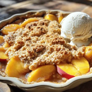 To make a tasty peach crumble, you need some key ingredients. Here’s what you’ll need: - 4 ripe peaches, peeled and sliced - 1 tablespoon lemon juice - 1/3 cup granulated sugar - 1 teaspoon vanilla extract - 1 cup rolled oats - 1/2 cup all-purpose flour - 1/2 cup brown sugar - 1/2 teaspoon ground cinnamon - 1/4 teaspoon salt - 1/2 cup unsalted butter, melted These ingredients come together to create a warm and comforting dessert. Each one plays a key role in the final flavor and texture of the crumble. You can make your peach crumble even better with a few optional ingredients. Here are some ideas: - Add 1/4 cup chopped nuts for crunch. - Use 1/2 cup of mixed berries for extra flavor. - Top with vanilla ice cream for a creamy treat. These extras can add fun twists to the classic recipe. Experiment and find what you love. Choosing the right peaches is important for a great crumble. Here are tips to pick the best ones: - Look for peaches with a deep color. - Choose firm peaches that are slightly soft to touch. - Smell the peaches; they should have a sweet aroma. Fresh, ripe peaches will make your crumble tastier. Don’t rush; take your time to find the best fruit. Start by washing the peaches. Use warm water to remove any dirt. Next, peel the peaches. A sharp knife works best for this. After peeling, slice the peaches into thin pieces. Place them in a large bowl. Pour in one tablespoon of lemon juice. This helps keep the color fresh. Add one-third cup of granulated sugar to the bowl. Then, drizzle in one teaspoon of vanilla extract. Toss the peaches gently until they are coated. This mix will make the peaches sweet and flavorful. In a separate bowl, combine one cup of rolled oats, half a cup of all-purpose flour, and half a cup of brown sugar. Add half a teaspoon of ground cinnamon and a quarter teaspoon of salt. Mix these dry ingredients well. Now, take half a cup of melted unsalted butter and pour it over the dry mix. Stir until it looks crumbly. This topping will add a nice crunch to your dessert. Preheat your oven to 350°F (175°C). Grease a 9-inch pie dish. Pour the peach mixture into the dish and spread it evenly. Now, sprinkle the crumble topping over the peaches. Bake in your preheated oven for 30-35 minutes. Look for a golden brown top and bubbling peaches. When done, remove it from the oven. Let it cool for a few minutes. If you like, add a scoop of vanilla ice cream on top before serving. You can find the full recipe [Full Recipe]. When making peach crumble, small errors can change the dish. Here are key mistakes to watch out for: - Using unripe peaches: Always pick ripe peaches. They should feel soft but not mushy. - Not peeling the peaches: Peeling helps keep the texture light. The skins can add a chewiness that’s not always welcome. - Skipping the lemon juice: This adds brightness and balances sweetness. Don’t skip it for a better flavor. A crisp topping is key to a great peach crumble. Here’s how to get it just right: - Use cold butter: Make sure your butter is cold when mixing. This helps create that crunchy texture. - Mix gently: Combine your dry ingredients and melted butter carefully. You want it crumbly, not paste-like. - Don’t over-bake: Keep an eye on your crumble. It should be golden brown but not too dark. Peach crumble is great on its own, but you can enhance it even more. Here are some serving ideas: - Top with vanilla ice cream: The warm crumble pairs perfectly with cold ice cream. - Drizzle with honey: A little honey adds sweetness and makes it look fancy. - Serve with whipped cream: A dollop of whipped cream can make it feel extra special. These tips will help you create a peach crumble that shines. For more on making this dish, check the Full Recipe. {{image_2}} You can easily make this peach crumble gluten-free. Instead of using all-purpose flour, choose a gluten-free flour blend. Many blends work well and taste great. Make sure to check the labels for any added ingredients. You can also use gluten-free oats. This keeps the crumble light and tasty while being safe for those with gluten issues. Get creative with your toppings! You can add chopped nuts like almonds or walnuts for a crunchy twist. Just mix them into the crumble topping. You can also try adding other fruits. Berries or apples pair well with peaches. Just remember to adjust the sugar based on the fruit’s sweetness. This gives your peach crumble a fun twist! To make this recipe vegan, swap the butter for coconut oil or vegan butter. Use maple syrup or agave nectar instead of granulated sugar for a natural sweetener. The rest of the recipe stays the same. This vegan peach crumble is still full of flavor and easy to make. Enjoy it warm or cold, just like the classic version! Check out the Full Recipe for details on how to make this delicious dessert. To keep your peach crumble fresh, let it cool completely. Then, cover it tightly with plastic wrap or aluminum foil. You can also place it in an airtight container. Store it in the fridge for up to three days. This way, you can enjoy it later without losing flavor. When you want to eat your leftover peach crumble, reheating is easy. Preheat your oven to 350°F (175°C). Place the crumble in an oven-safe dish. Heat it for about 15-20 minutes. This brings back its warm, gooey goodness. If you prefer, you can microwave it. Heat it in short bursts, checking every 30 seconds. You can freeze peach crumble for later enjoyment. First, let it cool completely. Then, wrap it tightly in plastic wrap and foil. You can also use a freezer-safe container. It will stay good for up to three months. When you're ready to eat it, thaw it in the fridge overnight. Reheat it as mentioned before. Enjoy the taste of summer anytime! Yes, you can use frozen peaches. Just thaw them first and drain excess juice. This helps keep the crumble from becoming too watery. Using frozen peaches can save time and still taste great. You can tell the crumble is done when the top is golden brown and the peaches bubble. This usually takes about 30 to 35 minutes at 350°F (175°C). Keep an eye on it toward the end. A golden top means it's ready to enjoy. Peach crumble pairs well with vanilla ice cream or whipped cream. Both add a creamy touch that contrasts nicely with the warm crumble. You could also serve it with yogurt for a lighter option. This dessert is versatile and tastes great with many sides. Check the Full Recipe for more serving ideas. In this post, we explored how to make a great peach crumble. We covered the main ingredients and some tasty optional ones. I shared tips for picking the best peaches. You learned step-by-step instructions to prepare, bake, and serve your crumble. We discussed common mistakes and variations like gluten-free and vegan options. Finally, I provided storage tips for leftovers. Remember, the key to a delicious peach crumble is ripe peaches and a crisp topping. Enjoy your baking!