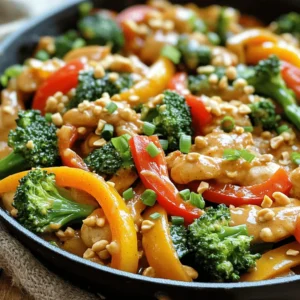 To make a tasty Thai Peanut Chicken Stir-Fry, you will need fresh ingredients. Here’s a detailed list: - Chicken - 1 pound boneless, skinless chicken breasts, sliced into thin strips - Vegetables - 1 bell pepper (any color), sliced - 1 medium onion, sliced - 2 cups broccoli florets - 2 cloves garlic, minced - 1 tablespoon fresh ginger, grated - Sauce components - 1/4 cup creamy peanut butter - 1/4 cup low-sodium soy sauce - 1 tablespoon lime juice - 1 tablespoon honey - 1 teaspoon red chili flakes (adjust to taste) - Garnishes - 1/4 cup chopped green onions - Chopped peanuts These ingredients blend well to create a rich, nutty flavor. Using fresh vegetables makes the dish bright and crunchy. The sauce has a perfect balance of sweet and spicy, which enhances the chicken. You can find the Full Recipe for step-by-step cooking instructions. 1. Cutting chicken and vegetables Start by slicing the chicken into thin strips. This helps it cook faster. Next, slice the bell pepper and onion. Cut the broccoli into small florets. Having everything ready makes cooking smooth. 2. Making the sauce In a small bowl, mix the peanut butter, soy sauce, lime juice, honey, and red chili flakes. Whisk until smooth. This sauce adds rich flavor to the dish. 3. Cooking sequence First, heat the vegetable oil in a large skillet or wok over medium-high heat. This will help the chicken cook evenly. 1. Cooking chicken Add the sliced chicken to the hot skillet. Stir-fry for 5-7 minutes. Cook until the chicken turns golden brown and is fully cooked. Remove it from the pan and set it aside. 2. Adding vegetables In the same skillet, toss in the sliced onion, bell pepper, and broccoli. Stir-fry these for about 4-5 minutes. You want them to be tender but still crisp. 3. Combining everything Next, add the minced garlic and grated ginger. Cook for one more minute. Then, return the chicken to the skillet. Pour the peanut sauce over the mixture. Toss everything together for 2-3 minutes until well coated and heated through. 1. Garnishing for presentation Remove the skillet from heat. Sprinkle chopped green onions and chopped peanuts on top. This adds color and crunch to your dish. 2. Serving suggestions Serve the Thai Peanut Chicken Stir-Fry hot. It goes well with rice or noodles. Enjoy the burst of flavors in each bite! For the full recipe, check out the earlier sections. To achieve the perfect stir-fry, keep a few key points in mind: - High heat is key. Use medium-high heat to sear the chicken and vegetables. This helps them cook quickly while staying crisp. - Don’t overcrowd the pan. If you add too much food at once, it will steam instead of fry. This leads to a soggy stir-fry. - Have everything ready. Prepare all your ingredients before you start cooking. Stir-frying happens fast! For adjusting the spice level, taste as you go. Start with a small amount of red chili flakes. You can always add more if you want more heat. If you need alternatives for proteins, consider these options: - Tofu works great for a vegetarian dish. It absorbs flavors well. - Shrimp cooks quickly and adds a nice texture. - Beef can add a rich flavor if you prefer a heartier meal. For vegetables, feel free to mix it up: - Snow peas or carrots can add color and crunch. - Mushrooms give a nice umami taste. - Zucchini or snap peas are also tasty choices. Pair your stir-fry with sides that complement the dish: - Jasmine rice or brown rice are both excellent options. They soak up the sauce nicely. - Rice noodles can also work if you want something different. For sauces and condiments, consider: - Extra soy sauce for savory flavor. - Sriracha adds spice for those who love heat. - Lime wedges on the side enhance the dish’s brightness. For the full recipe, check out the [Full Recipe]. {{image_2}} You can switch out the chicken for tofu. Tofu makes a great vegetarian version. It soaks up the sauce well and adds a nice texture. If you want seafood, shrimp is a tasty option. Just cook the shrimp until pink and firm. Beef is another option if you prefer red meat. Slice it thin so it cooks quickly in the pan. To add crunch, consider adding chopped nuts. Peanuts work best, but cashews are great too. They give a nice bite and enhance the flavor. Fresh herbs can elevate the dish. Try adding cilantro or basil for a fresh taste. You can sprinkle them on top just before serving. Want to lower the calories? Use less peanut butter and honey. You can also replace regular soy sauce with a low-sodium version. For gluten-free options, choose tamari instead of soy sauce. This swap keeps the flavors while making it safe for everyone. For the full recipe, check out the complete guide. To keep your Thai Peanut Chicken Stir-Fry fresh, follow these tips: - Refrigeration tips: Place any leftovers in an airtight container. Store them in the fridge. They will last for 3 to 4 days. Make sure to let them cool down first. This helps keep the flavors intact. - Freezing guidelines: If you want to save some for later, you can freeze it. Use a freezer-safe container or bag. It will last for up to 3 months. When you’re ready to eat, just thaw it in the fridge overnight before reheating. You want to enjoy your stir-fry just like when it was fresh. Here’s how to do that: - Best methods to reheat: The microwave is quick and easy. Place your stir-fry in a safe bowl and heat for 1-2 minutes. Stir halfway through for even heating. You can also reheat it on the stove. Use low heat and add a splash of water to keep it moist. - Avoiding sogginess: To avoid a soggy stir-fry, don’t cover the bowl tightly in the microwave. Leave a little space for steam to escape. When reheating on the stove, stir gently and keep the heat low. This helps keep the texture nice. For the full recipe, check out the earlier section! It takes about 25 minutes to make this dish. You will spend 10 minutes on prep and 15 minutes cooking. This quick time means you can enjoy a tasty meal without a long wait. Yes, you can prepare this dish in advance. Cook the chicken and veggies, then store them in airtight containers. Keep the sauce separate until you are ready to eat. This way, the flavors stay fresh. You can also freeze the stir-fry for up to three months. Just reheat it on the stove or in the microwave. This stir-fry pairs well with several sides. Here are some great options: - Steamed jasmine rice - Brown rice for a healthier choice - Rice noodles for a different texture - Fresh salad to add crunch - Spring rolls for a fun appetizer These sides will enhance your meal and make it even more enjoyable. For the full recipe, check out the section above. This article covered how to make a tasty Thai Peanut Chicken Stir-Fry. We discussed the key ingredients like chicken, fresh veggies, and sauce components. I detailed step-by-step instructions, from cutting to cooking and garnishing. You learned tips for the perfect stir-fry and explored variations to suit your taste. Lastly, I shared storage tips and answered common questions. If you follow these steps, you'll enjoy a delicious meal that you can customize. Happy cooking!