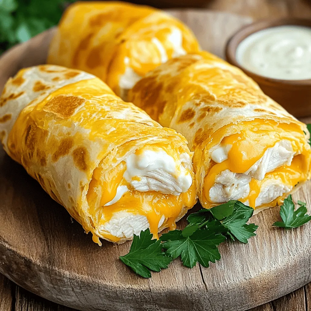 - 2 cups cooked chicken, shredded - 1 cup shredded cheddar cheese - 1/2 cup cream cheese, softened - 2 cloves garlic, minced - 1/4 cup fresh parsley, chopped - 1 teaspoon paprika - 4 large flour tortillas - Salt and pepper to taste - Olive oil for grilling To make these Easy Cheesy Chicken Garlic Wraps, you need some key ingredients. First, we use two cups of cooked chicken, which gives great flavor. Shredded cheddar cheese adds a nice, cheesy touch. Cream cheese helps bind everything together. Don't forget the garlic; it really brings out the taste. Fresh parsley adds color and a bit of freshness. Paprika gives it just the right amount of warmth. While you can use any large flour tortillas, I find that they hold the filling well. Season with salt and pepper to your liking. Finally, a drizzle of olive oil is perfect for grilling. You will love how crispy the wraps get! - Alternatives for chicken: You can use turkey or tofu for a different protein. - Dairy-free cheese options: Try cashew cheese or nutritional yeast if you want a dairy-free alternative. - Garlic powder as a substitute: If you don’t have fresh garlic, garlic powder works well too. Substituting ingredients can make this recipe fit your needs. If chicken isn’t your thing, turkey or tofu can work. Dairy-free cheese options are great for those who avoid dairy. Garlic powder is a fine swap if you need it. - Mixing bowl - Skillet or frying pan - Measuring cups and spoons To prepare these wraps, you’ll need a few tools. A mixing bowl is essential for combining the ingredients. A skillet or frying pan is needed for grilling the wraps. Lastly, measuring cups and spoons help ensure you get the right amounts of each ingredient. For the full recipe, check out the link provided! To start, you need to mix the filling. In a large bowl, combine these ingredients: - 2 cups cooked chicken, shredded - 1 cup shredded cheddar cheese - 1/2 cup cream cheese, softened - 2 cloves garlic, minced - 1/4 cup fresh parsley, chopped - 1 teaspoon paprika - Salt and pepper to taste Mix everything together until it is well blended. This step is key for great flavor. If you want more taste, add extra garlic or paprika. Taste the mix before you fill the wraps. Adjust the salt and pepper if needed. Now, let’s fold the tortillas. Place a flour tortilla flat on a clean surface. Spoon about 1/4 of the chicken mix into the middle of the tortilla. To fold it, first bring the sides of the tortilla in. Then, roll it up tightly from the bottom. Make sure the filling stays inside! Repeat this for the rest of the tortillas and filling. A good fold helps keep the wraps intact. Next, it’s time to cook the wraps. Heat a skillet over medium heat and add a drizzle of olive oil. This oil helps to get a nice golden brown color. Once the skillet is ready, place each wrap seam-side down. Cook for about 3-4 minutes on one side. Then, flip and cook for another 3-4 minutes. You want them crispy and golden. After cooking, let them rest for a minute before slicing in half. This keeps the filling warm inside. These Easy Cheesy Chicken Garlic Wraps are simple and quick to make. For the full recipe, check it out [Full Recipe]. To keep your wraps crispy, use a hot skillet. A medium heat works best. Add a small drizzle of olive oil before cooking. This helps get a nice golden color. The best olive oil for grilling is extra virgin. It has a rich flavor and high smoke point. Garnish your wraps with fresh parsley for a pop of color. You can also add sliced tomatoes or avocados for extra taste. For dipping, ranch dressing pairs well. Garlic dip is another great choice. It adds a nice kick. Want more flavor? Try adding spices like cayenne or chili powder. These give a bold taste. You can also switch up ingredients. Use different cheeses or add vegetables like bell peppers. This keeps the wraps fun and fresh. {{image_2}} You can make these wraps vegetarian by using different proteins. Try black beans or lentils instead of chicken. These options add fiber and keep the meal hearty. You can also add more vegetables. Spinach, bell peppers, or mushrooms work great. Just sauté them lightly before mixing. Cheese makes these wraps creamy and delicious. You can explore other melting cheeses, too. Gouda or mozzarella can add unique flavors. Mixing in some herbs like basil or oregano will enhance the taste. This creates a fresh twist on the classic recipe. Wraps are not just for lunch; they work well for meal prep. You can make them ahead of time. Just store them in the fridge and grab one when needed. Another fun idea is to turn wraps into quesadillas. Simply add more cheese, then grill them until they are crispy and golden. To keep your wraps fresh, wrap them tightly in plastic wrap or foil. This helps prevent air from getting in. Store them in an airtight container in the fridge. They taste best when eaten within 3 days. When you want to eat them, reheat in a skillet. Heat them on medium for about 2-3 minutes on each side. This keeps them crispy and delicious. If you want to freeze unassembled wraps, first prepare the filling. Then, do not cook the wraps. Instead, wrap each one tightly in plastic wrap. Place them in a freezer bag or container. They can stay in the freezer for up to 3 months. To thaw, move them to the fridge overnight. Then, reheat in a skillet until hot. In the fridge, these wraps last about 3-4 days when stored properly. Look for signs of spoilage like a sour smell or mold. If they feel slimy or have changed color, it's best to throw them away. Keeping your wraps fresh ensures you enjoy every bite! Making these wraps is quick and easy. It takes about 15 minutes to prep. The cooking time is around 10 minutes. So, the total time is about 25 minutes. You can have a tasty meal ready in no time! I recommend using cooked chicken for safety. Raw chicken needs a longer cooking time to reach safe temperatures. If you want to use raw chicken, cook it fully first. Make sure it reaches 165°F (75°C) to ensure it’s safe to eat. This way, you keep your wraps delicious and safe. These wraps pair well with many sides. Here are some ideas: - Fresh salad with a light dressing - Crispy potato wedges or fries - Steamed veggies like broccoli or carrots - A bowl of ranch or garlic dip for extra flavor These sides will make your meal even better! For the full recipe, check out the details above. In this post, we explored the essential ingredients, step-by-step instructions, and tips for Easy Cheesy Chicken Garlic Wraps. You learned about substitutes, variations, and storage tips to keep your wraps fresh. Cooking can be fun and easy. With these wraps, you can enjoy a tasty meal or snack. Remember to be creative with your ingredients and serving styles. Enjoy your cooking and remember, great wraps can bring joy to any meal.