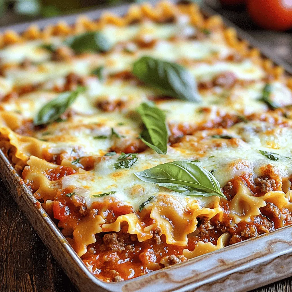 - 12 ounces bowtie pasta - 2 tablespoons olive oil - 1 medium onion, chopped - 3 cloves garlic, minced - 1 pound ground beef or Italian sausage - 1 can (28 ounces) crushed tomatoes - 2 teaspoons dried oregano - 1 teaspoon dried basil - Salt and pepper to taste - 15 ounces ricotta cheese - 1 large egg - 2 cups shredded mozzarella cheese - 1 cup grated Parmesan cheese - Fresh basil leaves for garnish (optional) I love using fresh ingredients whenever I can. Fresh herbs, like basil, can really boost the flavor. If fresh isn’t an option, dried herbs work well too. For the meat, you can choose ground beef or Italian sausage based on your taste. Canned crushed tomatoes save time and add a nice depth to the sauce. Use a large pot to boil the pasta. A large skillet is best for the sauce. You’ll need a mixing bowl for the ricotta mix. The most crucial item is the baking dish. A 9x13 inch dish is perfect for this recipe. It holds all the layers well. If your dish is too small, the sauce may spill over. Using the right tools will help you make this dish just right. To cook perfect bowtie pasta, you need a large pot. Fill it with water and add salt. Bring the water to a rolling boil. This step is key! Add the bowtie pasta and stir it gently. Follow the package instructions to cook until al dente. This usually takes about 10 to 12 minutes. To prevent overcooking, watch the clock closely. You can taste a piece at the end of the cooking time. If it’s firm but not hard, it’s done! Drain the pasta in a colander and set it aside. Start your meat sauce by heating olive oil in a large skillet over medium heat. Add the chopped onion and sauté it for about 3 to 4 minutes. The onion should become soft and clear. Then, add minced garlic. Stir and cook for just one more minute. This will bring out a nice flavor. Next, add the ground beef or Italian sausage to the skillet. Break it up with a wooden spoon as it cooks. Make sure the meat is browned and fully cooked. If there’s any excess fat, drain it away. This keeps your sauce nice and light. Now, pour in the crushed tomatoes. Add the dried oregano, basil, salt, and pepper. Stir everything together and bring it to a simmer. Let it cook for about 15 minutes. Stir occasionally to keep it from sticking. As you prepare to layer, preheat your oven to 350°F (175°C). Grab a 9x13 inch baking dish. Start by spreading a thin layer of meat sauce on the bottom. Next, add half of the cooked bowtie pasta. Then, layer half of the ricotta mixture on top. Sprinkle one cup of mozzarella cheese over that. Add more meat sauce, then repeat with the remaining ingredients. This means more pasta, ricotta, and sauce. Finish with the last of the mozzarella and the grated Parmesan cheese. Layering is important for even cooking. It helps each bite taste the same. Finally, cover the dish with aluminum foil and bake for 25 minutes. Remove the foil and bake for an extra 15 minutes. Your cheese should be bubbly and golden brown. For the full recipe, check out the complete instructions above! To make your Bowtie Pasta Lasagna even tastier, consider adding spices. A pinch of crushed red pepper gives heat. A touch of smoked paprika adds depth. Fresh herbs like parsley or thyme can brighten the dish. You can also sneak in more nutrition by adding veggies. Spinach or zucchini works well. Chop them finely and mix them into the meat sauce. This adds color and boosts health benefits. Cheesy goodness is key in lasagna. To ensure this, use full-fat cheeses. They melt better and provide that rich, creamy texture you crave. Don’t skip layering mozzarella throughout. This creates pockets of cheese that melt perfectly. For even baking, cover your dish with foil at first. This helps heat circulate and cooks the layers evenly. Remove the foil towards the end to let the cheese brown. Keep an eye on it, so it doesn’t burn. For the full recipe, check the Bowtie Pasta Lasagna section above! {{image_2}} You can make this dish meat-free and still enjoy great flavor. Simply swap meat for vegetables. Here are some ideas: - Substitutions for meat: Use lentils, mushrooms, or plant-based ground meat. They add texture and flavor. - Suggested vegetables to include: Spinach, zucchini, or bell peppers work wonderfully. You can mix and match your favorites. If you're avoiding gluten, you can still savor this lasagna. Here’s how: - Recommendations for gluten-free pasta: Look for gluten-free bowtie pasta made from rice or corn. They cook well and taste great. - Alternative cheese options: Try lactose-free cheese or vegan cheese. They melt nicely and keep the dish creamy. Want to spice things up? Here are some exciting ideas: - Ideas for adding different sauces or cheeses: Swap marinara for pesto or Alfredo sauce. You can also mix in goat cheese for a tangy twist. - Suggestions for international variations: Add Mexican flair with taco seasoning and black beans, or go Italian with ricotta and spinach. The possibilities are endless! Feel free to explore these variations to create your perfect Bowtie Pasta Lasagna. For a complete guide, check out the Full Recipe! To store Bowtie Pasta Lasagna, let it cool first. Use an airtight container. This keeps it fresh and tasty. Place it in the fridge. It lasts about 3 to 5 days. If you want it to last longer, consider freezing. You can freeze Bowtie Pasta Lasagna before or after baking. If you freeze it before baking, cover it tightly with plastic wrap and aluminum foil. This helps prevent freezer burn. For freezing after baking, let it cool completely. Then, cut it into portions and wrap each slice. Use airtight containers or freezer bags. To reheat, take it out of the freezer and let it thaw overnight in the fridge. Preheat your oven to 350°F (175°C). Place the lasagna in a baking dish, cover with foil, and heat for about 25 minutes. Remove the foil for the last 10 minutes to make the cheese bubbly. Enjoy your delicious comfort dish any day! For the full recipe, check out Bowtie Pasta Lasagna . Yes, you can make Bowtie Pasta Lasagna ahead of time. This saves you time when you want to serve it. To do this, prepare the dish up to the baking step. Cover it tightly with foil and place it in the fridge. You can keep it in the fridge for about two days. When you are ready to bake, let it sit out for about 30 minutes. Then, bake it at 350°F (175°C) until hot and bubbly. Reheating Bowtie Pasta Lasagna is easy. You can use an oven or a microwave. For the oven, preheat to 350°F (175°C). Place the lasagna in an oven-safe dish and cover it with foil. Bake for about 20-25 minutes, or until hot. For the microwave, slice the lasagna into portions. Heat each piece on high for about 1-2 minutes. Check that it is warm all the way through. There are a few good options to replace ricotta cheese. You can use cottage cheese, cream cheese, or Greek yogurt. If you want a vegan option, try tofu blended with nutritional yeast. This gives you a similar texture. Each option will change the flavor a bit, but they work well in this dish. Yes, you can use different pasta shapes for your lasagna. While bowtie pasta adds fun, other types work too. Penne, fusilli, or even lasagna noodles can be great substitutes. Each shape holds the sauce differently, so it may change the texture. Choose what you like best, and enjoy your unique twist on this dish! Bowtie Pasta Lasagna combines great flavors and simple steps. We covered key ingredients and tools you need. You learned how to cook the pasta and make a tasty meat sauce. Layering the pasta and sauce helps with even cooking. Don’t forget my tips for flavor and storage. You can easily swap ingredients for vegetarian or gluten-free options. This dish is fun to customize. Enjoy making and sharing your delicious Bowtie Pasta Lasagna!