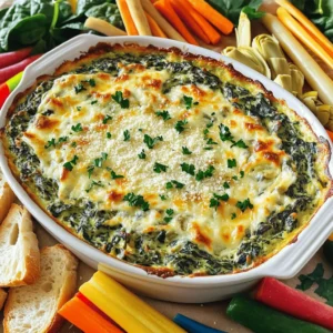 - 1 cup fresh spinach, finely chopped - 1 cup canned artichoke hearts, drained and chopped - 1 cup cream cheese, softened - 1 cup sour cream - 1 cup grated Parmesan cheese - 1 cup shredded mozzarella cheese - 2 cloves garlic, minced - 1 teaspoon lemon juice - 1/2 teaspoon red pepper flakes (optional) - Salt and pepper to taste When I make Spinach Artichoke Parmesan Dip, I start with fresh ingredients. Fresh spinach gives the dip a bright flavor. Canned artichokes add a nice texture and taste. For creaminess, I use cream cheese and sour cream. Parmesan cheese brings depth, while mozzarella adds stretch. Minced garlic adds a punch, and lemon juice brightens the mix. I sometimes add red pepper flakes for heat. This dip is so satisfying. Each bite is creamy, cheesy, and packed with flavor. This dip offers a mix of protein, fats, and carbs. Each serving is rich in calcium and fiber. This recipe makes 6-8 servings. Perfect for gatherings or cozy nights in! Enjoy with toasted baguette or veggie sticks for dipping. For the full recipe with instructions, check the [Full Recipe]. First, gather all your ingredients. You will need fresh spinach, artichoke hearts, cream cheese, and sour cream. Also, grab Parmesan cheese, mozzarella cheese, garlic, lemon juice, and red pepper flakes. You can chop the spinach and artichokes finely to help mix them well. This step makes a big difference in texture. Next, take a mixing bowl and add the softened cream cheese, sour cream, and lemon juice. Use a spatula to blend them until the mix is smooth. Then, stir in the grated Parmesan and shredded mozzarella. This cheesy base is key to the dip's flavor. After that, fold in the spinach, artichokes, and minced garlic. Don’t forget to add salt and pepper to taste. Mix everything well until combined. Now, preheat your oven to 375°F (190°C). Once ready, transfer your dip mixture into a baking dish. Spread it evenly for even cooking. Bake it for 25 to 30 minutes. You want it bubbly and golden brown on top. Keep an eye on it. The smell will be amazing! Let the dip cool for a few minutes after baking. Serve it warm with toasted baguette slices, pita chips, or crunchy veggie sticks. You can sprinkle some extra Parmesan on top for a stylish touch. Fresh herbs like parsley add color and flavor. Enjoy every bite of this creamy delight! For the full recipe, check the details above. To get the creamiest texture, use softened cream cheese. This helps mix well. A good blend of sour cream adds to the creaminess. I suggest stirring the cheeses slowly. Ensure even mixing of spinach and artichokes. If you want a richer taste, add more cheese. Bake until bubbly and golden brown. This gives a nice crust while keeping the inside soft. One common mistake is not draining the artichokes well. Excess water makes the dip watery. Another mistake is overbaking. Keep an eye on the dip after 20 minutes. You want it hot, not dry. Avoid using low-fat cream cheese; it does not melt as well. Lastly, don’t skip seasoning with salt and pepper. They bring out the flavors. For dipping, toasted baguette slices work great. Pita chips add a nice crunch. Fresh vegetable sticks like carrots and celery are healthy choices. You can also try tortilla chips for a fun twist. For extra flavor, serve with a sprinkle of herbs or extra cheese on top. Each dipper adds its own fun touch to the dip. {{image_2}} You can add more flavor to your dip. Try adding a teaspoon of Worcestershire sauce. It gives a nice umami kick. You can also mix in some sun-dried tomatoes. They add a sweet and tangy taste. If you like spice, add jalapeños or hot sauce. This will give your dip a nice heat. If you have dietary needs, there are easy swaps. For a dairy-free version, use vegan cream cheese and sour cream. Nutritional yeast can replace Parmesan cheese for a cheesy taste. If you are gluten-free, serve with gluten-free chips or veggies. You can also use fresh herbs if you're avoiding certain spices. Cheese is key to a tasty dip. You can mix different types to change the flavor. Try using goat cheese for a tangy twist. For a more robust taste, mix in sharp cheddar. You could also add cream cheese with garlic and herbs for depth. Each cheese adds a unique touch, making your dip special. For the full recipe, check out the Spinach Artichoke Parmesan Dip details. After enjoying your dip, let it cool down. Place leftovers in an airtight container. Store it in the fridge for up to three days. This keeps it fresh and tasty for your next snack. To reheat the dip, use your oven for the best results. Preheat your oven to 350°F (175°C). Transfer the dip to a baking dish. Heat it for about 15-20 minutes or until warm. You can also microwave it. Place the dip in a microwave-safe bowl. Heat on medium for 1-2 minutes. Stir halfway to ensure it warms evenly. You can freeze this dip if you want to save some for later. First, let it cool completely. Place it in a freezer-safe container. It can last up to three months in the freezer. When ready to eat, thaw it in the fridge overnight. Reheat it as mentioned above for a fresh taste. You can serve many tasty options with this dip. I love toasted baguette slices. They add a nice crunch. Pita chips are also great for dipping. Fresh veggies work well too. Try carrot sticks, celery, or bell pepper slices. They bring a fresh taste and color to your spread. Yes, you can make this dip ahead of time. Mix all the ingredients and place them in a baking dish. Cover it tightly with plastic wrap. Store it in the fridge for up to two days. When you are ready, bake it as usual. This makes hosting easy and fun. You can create a vegan version of this dip. Substitute cream cheese with a vegan cream cheese. Use dairy-free sour cream and cheese as well. Make sure to check for vegan artichokes. This version tastes great and is perfect for everyone. Bake the dip for 25 to 30 minutes. Look for a golden brown top and bubbling edges. The dip should be warm throughout. If you like it extra crispy, broil it for a few minutes at the end. Just keep an eye on it to avoid burning. To reheat the dip, use the oven for best results. Preheat it to 350°F (175°C). Place the dip in an oven-safe dish. Cover it with foil to keep it moist. Heat for about 15 to 20 minutes, or until warm. If you want a crispy top, remove the foil for the last few minutes. This blog post covered everything you need for a tasty Spinach Artichoke Parmesan Dip. We discussed the key ingredients and shared steps for preparation. I gave tips to perfect the texture and avoid mistakes. We also explored variations and how to store leftovers. Enjoy making this dip! You have all the tools to impress your guests. The flavors will shine through, and you’ll be the star of any gathering. Make it your own and have fun!