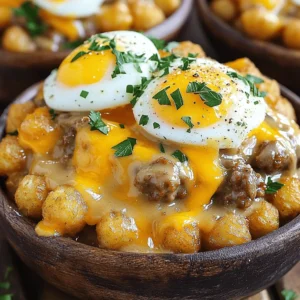 - 1 pound frozen tater tots - 1 pound breakfast sausage (pork-free) - 1/4 cup all-purpose flour - 2 cups milk (whole or your choice) The main ingredients create a hearty base. Tater tots add crunch, while sausage gives rich flavor. The flour and milk form a smooth gravy. This dish is filling and fun. - 1 teaspoon garlic powder - 1 teaspoon onion powder - Salt and pepper to taste Spices enhance the taste. Garlic powder adds warmth, and onion powder gives depth. Salt and pepper bring balance. Adjust to your liking for the best flavor. - 4 large eggs - 1 cup shredded cheddar cheese - 1 tablespoon chopped fresh parsley (for garnish) Toppings make this dish special. Eggs add protein and creaminess. Cheddar cheese melts beautifully on top. Fresh parsley brightens the bowl. These finishing touches elevate your meal. For the full recipe, check out the detailed instructions. Enjoy making this breakfast magic! First, preheat your oven as stated on the tater tots package. This step ensures they cook evenly. Next, take a baking sheet and spread the frozen tater tots in a single layer. Bake them for about 20-25 minutes until they turn golden and crispy. Keep an eye on them to avoid burning. While the tater tots bake, grab a large skillet. Heat it over medium heat and add the breakfast sausage. Cook the sausage until it's browned and breaks apart, which takes about 5-7 minutes. If there's extra grease, drain it off. Now, sprinkle 1/4 cup of flour over the sausage and mix well. This will help thicken your gravy. Let it cook for 1-2 minutes. Slowly pour in 2 cups of milk, stirring constantly. This helps prevent lumps. Add 1 teaspoon of garlic powder, 1 teaspoon of onion powder, and season with salt and pepper. Bring the mixture to a simmer and cook until it thickens, around 5-7 minutes. Remove it from heat and set it aside. In another non-stick pan, you can fry or scramble the eggs. Cook them to your liking, whether you prefer sunny-side up or scrambled. This usually takes just a few minutes. Lightly season the eggs with salt and pepper. Now, you're ready to put it all together! For the full recipe, check out the complete instructions. To get your tater tots nice and crispy, follow these steps: - Spread Evenly: Place the tater tots in a single layer on your baking sheet. This helps them cook evenly. - Don't Overcrowd: Give them space. If they touch, they will steam instead of crisp. - Flip Halfway: About halfway through baking, flip the tots for even browning. - Use High Heat: Bake them at a higher temperature, around 425°F, for a crispier finish. These tips ensure your tater tots are golden and crunchy, perfect for the base of your breakfast bowl. To make a smooth and creamy gravy, follow these tricks: - Cook the Flour: After adding flour to the sausage, cook it for 1-2 minutes. This helps avoid a raw flour taste. - Add Milk Slowly: Pour in the milk a little at a time. Stir constantly to prevent lumps. - Simmer Gently: Once you add the milk, keep the heat low and let it simmer. This helps it thicken slowly. These steps help you create a rich and creamy sausage gravy without any lumps. You can cook your eggs in different ways to suit your taste: - Fried Eggs: Cook them sunny-side up for a runny yolk. This adds a nice creaminess to your dish. - Scrambled Eggs: For a fluffier texture, scramble the eggs with a bit of milk. Cook on low heat for best results. Feel free to season your eggs with salt and pepper. You can also add a sprinkle of cheese or herbs for extra flavor. {{image_2}} If you want a plant-based version, swap the sausage for a vegan brand. Look for options made from soy or pea protein. You can also use lentils for a hearty touch. Instead of milk, try almond, soy, or oat milk. These choices keep the dish creamy and tasty while being vegan-friendly. Cheese adds flavor, but you can skip it if you wish. Try using vegan cheese for a dairy-free option. Nutritional yeast also gives a cheesy taste without dairy. If you’re not vegan but want a lighter option, use mozzarella or feta instead of cheddar. Each cheese adds a unique twist to your bowl. Mix in some veggies for added nutrition. Spinach or kale works well and adds color. You can also toss in bell peppers or onions for more flavor. Want more protein? Add black beans or chickpeas. These additions make your Tater Tot Breakfast Bowl more filling and fun. To store leftovers, let the Tater Tot Breakfast Bowl cool. Place it in an airtight container. This keeps the dish fresh for up to three days in the fridge. Be sure to separate the gravy and eggs if you can. This helps maintain the texture of each item. To reheat, use the oven for the best results. Preheat the oven to 350°F (175°C). Place the bowl in the oven for about 10-15 minutes. This warms everything evenly. If you're in a hurry, use the microwave. Heat in short bursts, about 30 seconds at a time. Stir between each round to avoid hot spots. You can freeze the components of this dish. The tater tots freeze well, so do the sausage gravy and eggs. Just make sure they cool before you pack them. Use freezer-safe bags or containers. Label them with the date. When ready to eat, thaw in the fridge overnight. Reheat as mentioned above. Enjoy the same great taste! Yes, you can prepare parts of this meal ahead. Cook the tater tots and sausage gravy, then store them in separate containers. Keep them in the fridge for up to 2 days. You can also scramble or fry the eggs in advance. When you're ready to eat, reheat the tater tots in the oven for crispiness. Warm the gravy on the stove, and cook fresh eggs to top the bowl. This way, you save time and still enjoy a hot breakfast. If you don't have sausage, don't worry! You can use ground turkey, chicken, or even plant-based sausage. These proteins work well with the gravy and fit into the bowl nicely. For a lighter option, try diced ham or crumbled bacon. Each choice adds its own flavor twist. Just cook them the same way as the sausage, and you'll be on your way to a tasty meal. To change the flavor, play with your spices! Add some cayenne for heat or smoked paprika for a smoky touch. You can also mix in chopped veggies like bell peppers or spinach for extra nutrition. If you want a cheesy twist, try adding cream cheese to the gravy. Fresh herbs like thyme or chives can brighten the dish too. Get creative and make this bowl your own! For the full recipe, check out the details above. This recipe combines tasty ingredients like tater tots and sausage to make a filling meal. You learned how to prepare crispy tater tots and creamy gravy, plus how to cook eggs just right. Consider different toppings or variations, like vegan options and cheese switches, to make it your own. Remember to store any leftovers well for tasty meals later. Enjoy your cooking adventure and feel free to experiment with flavors to find your favorite twist!