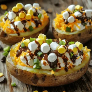 - 4 large russet potatoes - 1 cup sour cream - 1 cup shredded cheddar cheese - 4 tablespoons unsalted butter, melted - 1/4 cup crispy bacon bits - 1/2 cup green onions, chopped - 1/2 teaspoon garlic powder - 1/2 teaspoon smoked paprika - Salt and pepper to taste - 1 cup mini marshmallows - 1/2 cup chocolate chips In this recipe, we start with russet potatoes. They are perfect because they are fluffy. I use four large potatoes, which serve my family well. Next, I add sour cream and shredded cheddar cheese. These ingredients make the filling creamy and rich. Melted butter adds flavor and helps everything stick together. If you want to make it special, add crispy bacon bits and chopped green onions. They give a nice crunch and a fresh taste. For seasoning, I use garlic powder and smoked paprika. These spices enhance the flavor without overpowering it. Don't forget to add salt and pepper to taste. Finally, the fun part: toppings! I use mini marshmallows and chocolate chips. They create a sweet surprise on top of the savory potatoes. The combination of flavors makes each bite exciting. For the full recipe, check out the detailed steps to make these delicious Mississippi Mud Potatoes. - Preheat the oven to 375°F (190°C). - Wash and scrub the russet potatoes, then pierce with a fork. First, I set my oven to 375°F. This is the perfect heat to bake our potatoes. I wash the russet potatoes well. A good scrub is key; it helps remove dirt. Then, I pierce each potato with a fork. This step is important. It lets steam escape while they bake. - Place the potatoes directly on the oven rack and bake for 45-60 minutes. - Check for tenderness with a fork. Next, I place the potatoes on the oven rack. I bake them for about 45 to 60 minutes. I check for tenderness with a fork. If it slides in easily, they are done. The potatoes should feel soft when I press them gently. - Combine the sour cream, melted butter, cheese, green onions, bacon bits, garlic powder, smoked paprika, salt, and pepper in a bowl. - Mix well before proceeding to the next steps. While the potatoes bake, I prepare the filling. In a bowl, I combine sour cream, melted butter, cheese, green onions, bacon bits, garlic powder, smoked paprika, salt, and pepper. I mix it all well. This makes a creamy and tasty filling for our potatoes. - Cut each baked potato in half and scoop out the flesh. - Mix with the sour cream mixture and refill the potato skins. Once the potatoes cool, I cut each one in half. I scoop out the inside, leaving some for structure. I take the scooped-out potato and mix it with the creamy filling. Then, I refill the potato skins with this tasty mixture. - Top with mini marshmallows and chocolate chips. - Bake for an additional 15-20 minutes until marshmallows are golden. Now, I top each potato half with mini marshmallows and sprinkle chocolate chips on top. I return them to the oven for another 15 to 20 minutes. I watch for the marshmallows to turn golden. This sweet touch makes the dish special. You can find the Full Recipe for all these steps and more. To know if your potatoes are perfectly cooked, poke them with a fork. If the fork goes in easily, they are ready. Leaving some potato flesh inside helps keep the shape. It also adds a nice texture to the filling. To kick up the flavor, try adding spices like onion powder or cayenne pepper. You can also mix in different cheeses. Gouda or pepper jack can add a fun twist. For family gatherings, serve the potatoes on a large platter. This makes them easy to share. Garnish with extra green onions or crispy bacon on top. A sprinkle of fresh herbs adds a pop of color and taste. {{image_2}} You can easily make this dish vegetarian. Simply swap out the bacon for more veggies. Try adding bell peppers, mushrooms, or spinach. These options add color and flavor. They also keep the dish hearty. You still get a rich taste without meat. For a fun twist, explore sweet variations. Top your potatoes with different items. You might use caramel sauce or peanut butter. These toppings add a unique flavor that contrasts the savory base. You can even sprinkle nuts or coconut on top. Experimenting with sweet flavors can surprise your family. You can cook these potatoes in a microwave or an air fryer. For the microwave, poke holes in the potatoes first. Cook them for about 10-12 minutes. Check if they're soft and adjust time as needed. If using an air fryer, set it to 400°F (200°C). Cook for 35-40 minutes for a crispy skin. Both methods save time while still delivering great taste. To keep your Delicious Mississippi Mud Potatoes fresh, store them in the fridge. Use an airtight container to prevent any odors from seeping in. These potatoes last about 3 to 5 days in the fridge. If you want them to taste great later, try to eat them within this time. You can freeze these loaded potatoes if you have leftovers. First, let them cool completely. Then, wrap each potato tightly in plastic wrap. Place them in a freezer-safe bag or container. They can last up to 3 months in the freezer. When ready to eat, thaw them overnight in the fridge. For the best taste, reheat the potatoes in the oven. Preheat your oven to 350°F (175°C). Place the potatoes on a baking sheet and cover them with foil to keep them moist. Heat for about 20 minutes or until warm. You can also microwave them, but the oven gives a better texture. Enjoy your tasty meal! I recommend using large russet potatoes. They have a fluffy texture after baking. This makes them perfect for holding the creamy filling. You can also try Yukon Gold potatoes. They have a buttery flavor and work well too. Yes, you can prepare them ahead of time. Bake the potatoes and mix the filling. Store them in the fridge. When you're ready to eat, just assemble and bake them. This meal is great for busy days. To make it gluten-free, use gluten-free bacon bits if you choose to add them. All other ingredients are naturally gluten-free. Check your sour cream and any toppings for gluten-free labels. This ensures a safe dish for everyone. Yes, you can use Greek yogurt instead of sour cream. It adds creaminess and a bit of tang. You could also try cream cheese for a richer flavor. Just mix it well with the other ingredients. Yes, you can use regular marshmallows. Just cut them into smaller pieces. This will help them melt evenly on top of the potatoes. The mini marshmallows are easier, but regular ones work too. For the best results, keep an eye on them while baking. For the full recipe, check out the details above. Delicious Mississippi Mud Potatoes mix sweet and savory in a fun way. You start with russet potatoes, bake them, and then fill them with tasty toppings. Here’s how to make these tasty treats. 1. What potatoes should I use? Use large russet potatoes. They have a fluffy texture when baked. This makes them perfect for loading with creamy goodness. 2. How do I prepare the potatoes? Preheat your oven to 375°F (190°C). Wash the russet potatoes well. Pierce each potato several times with a fork. This helps steam escape while baking. 3. How long do I bake the potatoes? Place the potatoes directly on the oven rack. Bake for 45-60 minutes. Check if they are soft by poking them with a fork. 4. What goes in the filling? In a bowl, mix sour cream, melted butter, shredded cheddar cheese, and chopped green onions. For fun, add crispy bacon bits if you like. Season with garlic powder, smoked paprika, salt, and pepper. 5. What do I do after baking? Let the baked potatoes cool a bit. Cut each potato in half lengthwise. Scoop out the insides, leaving a thin layer for support. Mix the scooped potato with your filling until smooth. 6. How do I assemble the potatoes? Spoon the filling back into each potato half. Make it nice and mounded. Top with mini marshmallows and sprinkle chocolate chips on top. 7. Final baking step? Return the filled potatoes to the oven for another 15-20 minutes. Bake until the marshmallows are golden and the tops are crispy. This recipe is simple and fun. Try it for a family meal or a get-together. Enjoy your Delicious Mississippi Mud Potatoes! For the complete recipe, check out the [Full Recipe]. You learned how to make Mississippi Mud Potatoes, mixing tasty ingredients like cheese and marshmallows. We covered each step, from baking the potatoes to adding optional flavors. Remember, you can change this recipe by using different cheeses or spices. With careful storage tips, your leftovers will stay fresh. Try these tips to impress friends and family at your next meal. Enjoy exploring new flavors and make this recipe your own. Make eating fun while enjoying each bite of these loaded potatoes!
