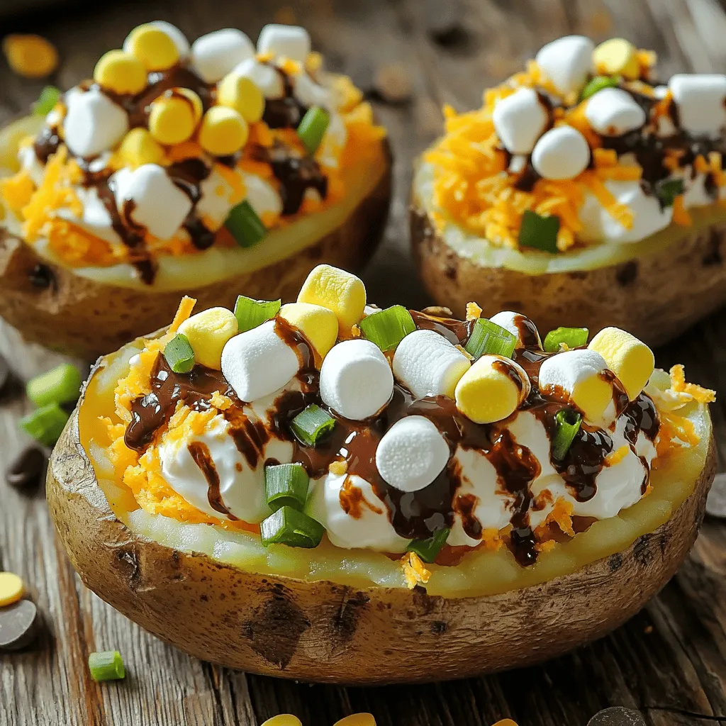 - 4 large russet potatoes - 1 cup sour cream - 1 cup shredded cheddar cheese - 4 tablespoons unsalted butter, melted - 1/4 cup crispy bacon bits - 1/2 cup green onions, chopped - 1/2 teaspoon garlic powder - 1/2 teaspoon smoked paprika - Salt and pepper to taste - 1 cup mini marshmallows - 1/2 cup chocolate chips In this recipe, we start with russet potatoes. They are perfect because they are fluffy. I use four large potatoes, which serve my family well. Next, I add sour cream and shredded cheddar cheese. These ingredients make the filling creamy and rich. Melted butter adds flavor and helps everything stick together. If you want to make it special, add crispy bacon bits and chopped green onions. They give a nice crunch and a fresh taste. For seasoning, I use garlic powder and smoked paprika. These spices enhance the flavor without overpowering it. Don't forget to add salt and pepper to taste. Finally, the fun part: toppings! I use mini marshmallows and chocolate chips. They create a sweet surprise on top of the savory potatoes. The combination of flavors makes each bite exciting. For the full recipe, check out the detailed steps to make these delicious Mississippi Mud Potatoes. - Preheat the oven to 375°F (190°C). - Wash and scrub the russet potatoes, then pierce with a fork. First, I set my oven to 375°F. This is the perfect heat to bake our potatoes. I wash the russet potatoes well. A good scrub is key; it helps remove dirt. Then, I pierce each potato with a fork. This step is important. It lets steam escape while they bake. - Place the potatoes directly on the oven rack and bake for 45-60 minutes. - Check for tenderness with a fork. Next, I place the potatoes on the oven rack. I bake them for about 45 to 60 minutes. I check for tenderness with a fork. If it slides in easily, they are done. The potatoes should feel soft when I press them gently. - Combine the sour cream, melted butter, cheese, green onions, bacon bits, garlic powder, smoked paprika, salt, and pepper in a bowl. - Mix well before proceeding to the next steps. While the potatoes bake, I prepare the filling. In a bowl, I combine sour cream, melted butter, cheese, green onions, bacon bits, garlic powder, smoked paprika, salt, and pepper. I mix it all well. This makes a creamy and tasty filling for our potatoes. - Cut each baked potato in half and scoop out the flesh. - Mix with the sour cream mixture and refill the potato skins. Once the potatoes cool, I cut each one in half. I scoop out the inside, leaving some for structure. I take the scooped-out potato and mix it with the creamy filling. Then, I refill the potato skins with this tasty mixture. - Top with mini marshmallows and chocolate chips. - Bake for an additional 15-20 minutes until marshmallows are golden. Now, I top each potato half with mini marshmallows and sprinkle chocolate chips on top. I return them to the oven for another 15 to 20 minutes. I watch for the marshmallows to turn golden. This sweet touch makes the dish special. You can find the Full Recipe for all these steps and more. To know if your potatoes are perfectly cooked, poke them with a fork. If the fork goes in easily, they are ready. Leaving some potato flesh inside helps keep the shape. It also adds a nice texture to the filling. To kick up the flavor, try adding spices like onion powder or cayenne pepper. You can also mix in different cheeses. Gouda or pepper jack can add a fun twist. For family gatherings, serve the potatoes on a large platter. This makes them easy to share. Garnish with extra green onions or crispy bacon on top. A sprinkle of fresh herbs adds a pop of color and taste. {{image_2}} You can easily make this dish vegetarian. Simply swap out the bacon for more veggies. Try adding bell peppers, mushrooms, or spinach. These options add color and flavor. They also keep the dish hearty. You still get a rich taste without meat. For a fun twist, explore sweet variations. Top your potatoes with different items. You might use caramel sauce or peanut butter. These toppings add a unique flavor that contrasts the savory base. You can even sprinkle nuts or coconut on top. Experimenting with sweet flavors can surprise your family. You can cook these potatoes in a microwave or an air fryer. For the microwave, poke holes in the potatoes first. Cook them for about 10-12 minutes. Check if they're soft and adjust time as needed. If using an air fryer, set it to 400°F (200°C). Cook for 35-40 minutes for a crispy skin. Both methods save time while still delivering great taste. To keep your Delicious Mississippi Mud Potatoes fresh, store them in the fridge. Use an airtight container to prevent any odors from seeping in. These potatoes last about 3 to 5 days in the fridge. If you want them to taste great later, try to eat them within this time. You can freeze these loaded potatoes if you have leftovers. First, let them cool completely. Then, wrap each potato tightly in plastic wrap. Place them in a freezer-safe bag or container. They can last up to 3 months in the freezer. When ready to eat, thaw them overnight in the fridge. For the best taste, reheat the potatoes in the oven. Preheat your oven to 350°F (175°C). Place the potatoes on a baking sheet and cover them with foil to keep them moist. Heat for about 20 minutes or until warm. You can also microwave them, but the oven gives a better texture. Enjoy your tasty meal! I recommend using large russet potatoes. They have a fluffy texture after baking. This makes them perfect for holding the creamy filling. You can also try Yukon Gold potatoes. They have a buttery flavor and work well too. Yes, you can prepare them ahead of time. Bake the potatoes and mix the filling. Store them in the fridge. When you're ready to eat, just assemble and bake them. This meal is great for busy days. To make it gluten-free, use gluten-free bacon bits if you choose to add them. All other ingredients are naturally gluten-free. Check your sour cream and any toppings for gluten-free labels. This ensures a safe dish for everyone. Yes, you can use Greek yogurt instead of sour cream. It adds creaminess and a bit of tang. You could also try cream cheese for a richer flavor. Just mix it well with the other ingredients. Yes, you can use regular marshmallows. Just cut them into smaller pieces. This will help them melt evenly on top of the potatoes. The mini marshmallows are easier, but regular ones work too. For the best results, keep an eye on them while baking. For the full recipe, check out the details above. Delicious Mississippi Mud Potatoes mix sweet and savory in a fun way. You start with russet potatoes, bake them, and then fill them with tasty toppings. Here’s how to make these tasty treats. 1. What potatoes should I use? Use large russet potatoes. They have a fluffy texture when baked. This makes them perfect for loading with creamy goodness. 2. How do I prepare the potatoes? Preheat your oven to 375°F (190°C). Wash the russet potatoes well. Pierce each potato several times with a fork. This helps steam escape while baking. 3. How long do I bake the potatoes? Place the potatoes directly on the oven rack. Bake for 45-60 minutes. Check if they are soft by poking them with a fork. 4. What goes in the filling? In a bowl, mix sour cream, melted butter, shredded cheddar cheese, and chopped green onions. For fun, add crispy bacon bits if you like. Season with garlic powder, smoked paprika, salt, and pepper. 5. What do I do after baking? Let the baked potatoes cool a bit. Cut each potato in half lengthwise. Scoop out the insides, leaving a thin layer for support. Mix the scooped potato with your filling until smooth. 6. How do I assemble the potatoes? Spoon the filling back into each potato half. Make it nice and mounded. Top with mini marshmallows and sprinkle chocolate chips on top. 7. Final baking step? Return the filled potatoes to the oven for another 15-20 minutes. Bake until the marshmallows are golden and the tops are crispy. This recipe is simple and fun. Try it for a family meal or a get-together. Enjoy your Delicious Mississippi Mud Potatoes! For the complete recipe, check out the [Full Recipe]. You learned how to make Mississippi Mud Potatoes, mixing tasty ingredients like cheese and marshmallows. We covered each step, from baking the potatoes to adding optional flavors. Remember, you can change this recipe by using different cheeses or spices. With careful storage tips, your leftovers will stay fresh. Try these tips to impress friends and family at your next meal. Enjoy exploring new flavors and make this recipe your own. Make eating fun while enjoying each bite of these loaded potatoes!
