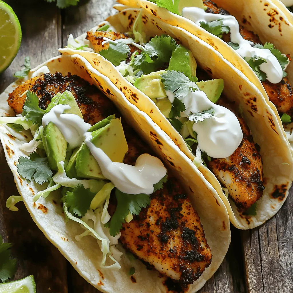 Here’s what you need to make tasty blackened fish tacos: - 1 lb white fish fillets (tilapia or cod recommended) - Spices for blackening: - 2 tablespoons paprika - 1 tablespoon cayenne pepper - 1 tablespoon garlic powder - 1 tablespoon onion powder - 1 teaspoon dried thyme - 1 teaspoon dried oregano - Salt and pepper to taste - 2 tablespoons olive oil for cooking - 8 small corn tortillas - Fresh toppings: - 1 cup shredded cabbage - 1 avocado, sliced - 1/2 cup cilantro, chopped - Optional toppings: - 1/2 cup sour cream or Greek yogurt - 1 lime, cut into wedges This list has all you need to create a flavor-packed meal. Using fresh ingredients makes a big difference. You can find all these items at your local grocery store. For a full recipe with detailed steps, check out the Full Recipe. - In a bowl, combine the spices: - 2 tablespoons paprika - 1 tablespoon cayenne pepper - 1 tablespoon garlic powder - 1 tablespoon onion powder - 1 teaspoon dried thyme - 1 teaspoon dried oregano - Salt and pepper to taste Mix well until all spices blend. Next, take your fish fillets. I use tilapia or cod. Pat them dry with paper towels. This helps the spice stick. Rub the spice mix evenly on both sides of the fillets. Let them sit for about 15 minutes to absorb all the nice flavors. - Heat 2 tablespoons of olive oil in a skillet over medium-high heat. - When the oil is hot, carefully add the fish fillets. Cook the fillets for about 3-4 minutes on each side. You want them golden brown and cooked through. A slight char on the outside adds great flavor. When done, remove the fish from the skillet and let it rest for a minute. - While the fish rests, warm 8 small corn tortillas. - I do this in a separate pan for about 30 seconds on each side. Now, flake the cooked fish into bite-sized pieces with a fork. It’s fun to do! Next, grab your warm tortillas. Place a good amount of shredded cabbage on each. Add pieces of blackened fish on top. Don’t forget to add a few slices of avocado and a sprinkle of fresh cilantro. For extra creaminess, drizzle some sour cream or Greek yogurt on top. Squeeze fresh lime juice for that zesty kick. Serve these tasty tacos right away. You can find the Full Recipe for more details! To get that great blackened flavor, marinate the fish for at least 15 minutes. This helps the spices sink in. If you have more time, let it sit longer for richer taste. Use high heat when cooking. Aim for medium-high on your stove. This gives the fish a nice crust without overcooking it. For sides, serve blackened fish tacos with fresh corn salad or rice. These balance the fish's bold flavors. You can also add a fresh salsa for a zesty touch. For drinks, enjoy a light beer or a refreshing margarita. Both pair well with the tacos’ spices. If you have leftovers, store the fish in an airtight container. It can stay good for up to three days in the fridge. To reheat, use a skillet over low heat. This keeps the fish moist and tasty. Avoid microwaving to prevent drying out. For the full recipe, check out the detailed steps and tips! {{image_2}} You can use many kinds of fish for blackened tacos. If you want a richer taste, try salmon. Salmon’s natural oils add flavor and keep the fish moist. Snapper is another great option. It has a mild taste and flakes nicely when cooked. Both choices work well with the spices. Not everyone eats fish, and that’s okay! You can make tasty tacos with black beans or jackfruit. Black beans offer protein and a creamy texture. Simply mash them or leave them whole for a hearty filling. Jackfruit is a fun choice, too. Shred it to mimic the texture of fish. Season it with the same spices for great flavor. Sauces and salsas can make your tacos even better. Try a zesty lime sauce to brighten the dish. A mango salsa adds sweetness and freshness. You might also enjoy a spicy chipotle sauce for a kick. These toppings enhance the flavors and add variety to your meal. Explore the [Full Recipe](#) for more tips on making your blackened fish tacos shine! Each serving of blackened fish tacos offers: - Calories: Approximately 400 - Protein: Around 25 grams - Fats: About 15 grams - Carbohydrates: Roughly 45 grams This makes them a balanced meal. You get a good mix of protein and carbs from the fish and tortillas. The key ingredients in these tacos provide many health perks: - White fish: Rich in lean protein and omega-3 fatty acids, which help heart health. - Cabbage: Full of fiber and vitamins, it aids digestion and boosts immunity. - Avocado: Provides healthy fats and potassium, good for heart health. - Spices: Paprika and cayenne pepper may help with metabolism and add antioxidants. These tacos can fit many diets: - Gluten-free: Use corn tortillas, which are naturally gluten-free. - Dairy-free: Skip the sour cream or Greek yogurt, or use a dairy-free alternative. With these choices, you can enjoy blackened fish tacos while meeting your dietary needs. For the complete cooking guide, check out the Full Recipe. To make your blackened fish tacos spicy, add more cayenne pepper to the spice mix. Start with an extra teaspoon and taste it. You can also serve with a spicy salsa or hot sauce on the side. This adds heat without overpowering the dish. Yes, you can prepare the blackening seasoning ahead of time. Just mix the spices in a bowl and store them in an airtight container. This makes cooking easier and saves time. You can use this blend for other recipes too! The best fish for blackening includes white fish like tilapia or cod. They have a mild flavor that absorbs the spices well. Other good options are catfish or snapper. Choose fish that cooks quickly and has a firm texture. Blackened fish tacos last about 2-3 days in the refrigerator. Store the fish and toppings separately to keep everything fresh. When ready to eat, warm the fish in a skillet. This keeps the flavor and texture just right. Yes, you can freeze blackened fish tacos. Wrap the cooked fish tightly in plastic wrap and place it in a freezer bag. They can last about 2 months. Just thaw them in the fridge overnight before reheating. You can enjoy them later without losing flavor! For a delightful experience, check out the [Full Recipe](#) for detailed instructions and visual aids. Blackened fish tacos are quick and easy to make. You will love the burst of flavors in every bite. Let’s dive into the main steps to prepare this tasty dish. First, gather your ingredients. You will need: - 1 lb white fish fillets (tilapia or cod recommended) - 2 tablespoons paprika - 1 tablespoon cayenne pepper - 1 tablespoon garlic powder - 1 tablespoon onion powder - 1 teaspoon dried thyme - 1 teaspoon dried oregano - Salt and pepper to taste - 2 tablespoons olive oil - 8 small corn tortillas - 1 cup shredded cabbage - 1 avocado, sliced - 1/2 cup cilantro, chopped - 1 lime, cut into wedges - 1/2 cup sour cream or Greek yogurt (for topping) Start by making your blackening spice mix. Mix paprika, cayenne pepper, garlic powder, onion powder, thyme, oregano, salt, and pepper in a bowl. This spice mix creates rich flavors. Next, pat your fish fillets dry. Coat both sides with the spice mix. Let them sit for 15 minutes. This time helps the fish absorb the spices. Now, heat olive oil in a skillet over medium-high heat. When the oil is hot, add the fish. Cook for 3-4 minutes on each side. Look for a golden brown color with a charred edge. While the fish cooks, warm your corn tortillas in another pan. Heat them for about 30 seconds on each side. This step makes them soft and easy to fold. Once the fish is done, take it off the heat. Let it rest for a minute. Then, flake the fish into bite-sized pieces. This makes it easy to add to your tacos. To build your tacos, start with a layer of shredded cabbage on each tortilla. Add the flaky fish on top. Then, add avocado slices and a sprinkle of cilantro. Finish your tacos with a drizzle of sour cream or Greek yogurt. Squeeze fresh lime juice on top. The lime adds a bright flavor that ties everything together. Serve your tacos right away with lime wedges on the side. Enjoy the fresh, zesty flavors in this fun meal! In this post, we covered blackened fish tacos from ingredients to cooking tips. Start with fresh fish, blend your spices, and grill to golden perfection. We explored ways to customize these tacos, including vegetarian options and storage tips. Remember, blackened fish tacos are fun to make and taste great. They are a healthy choice packed with flavor. Try these ideas and enjoy a delicious meal that everyone will love. Happy cooking!