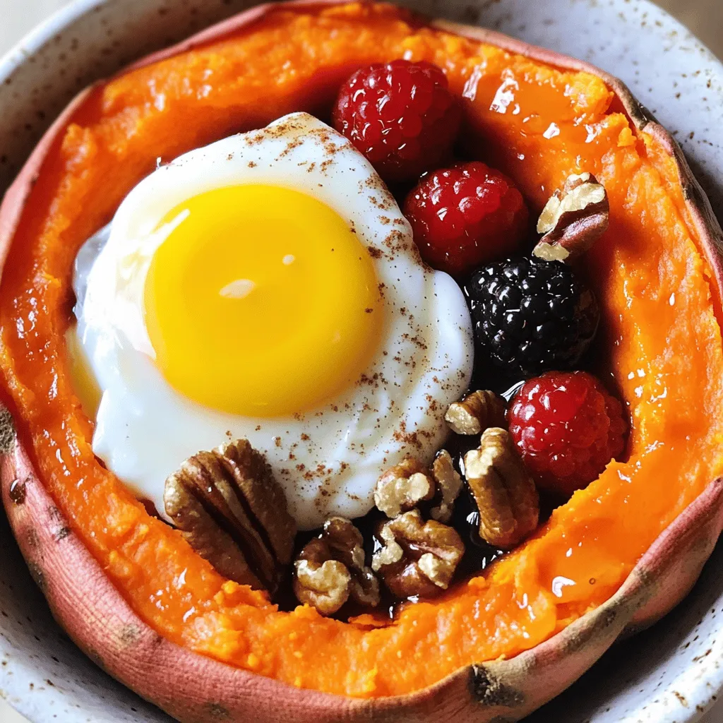 To make this tasty dish, gather these main ingredients: - 2 medium sweet potatoes - 4 large eggs - 1 tablespoon coconut oil - 1 teaspoon ground cinnamon - 1 tablespoon maple syrup - 1/4 cup Greek yogurt (or dairy-free alternative) - 1/4 cup chopped pecans (or nuts of choice) - Fresh berries (strawberries, blueberries, or raspberries) for topping - Pinch of salt Sweet potatoes provide a hearty base. They are sweet and full of vitamins. Eggs add protein and richness. Coconut oil gives a nice flavor while cooking. Cinnamon adds warmth and sweetness. Maple syrup brings a touch of natural sweetness. Greek yogurt adds creaminess and tang. Pecans add crunch, and fresh berries give bright flavor. You can add a few optional toppings to enhance the dish: - Sliced bananas - Chia seeds - Shredded coconut - Honey or agave syrup - Nut butter (like almond or peanut) These toppings allow you to mix flavors and textures. Feel free to get creative with what you love. This recipe serves 2 people. Each person can enjoy a sweet potato half and two eggs. If you're serving more guests, you can easily double the recipe. You can also adjust the toppings based on personal taste. For a family breakfast, make extra sweet potatoes and toppings. This dish is filling, fun, and perfect for sharing. For the full recipe, check out Breakfast Sweet Potato Delight! Start by preheating your oven to 400°F (200°C). Next, scrub the sweet potatoes until they are clean. Use a fork to poke holes in each potato. This helps steam escape while they cook. Place the sweet potatoes on a baking sheet. Roast them in the oven for 45-50 minutes. You want them to be tender when done. Once cooked, take them out and let them cool for a few minutes. Cut each sweet potato in half lengthwise. Gently scoop out some flesh to make a small well for toppings. Save this flesh for later use. While the sweet potatoes roast, heat 1 tablespoon of coconut oil in a skillet over medium heat. Crack four large eggs into the skillet. Cook them how you like—sunny side up or scrambled. Add a pinch of salt to bring out their flavor. Keep an eye on them to avoid overcooking. Once the sweet potatoes are ready, it is time to assemble your dish. Drizzle maple syrup over the sweet potato halves. Sprinkle ground cinnamon on top for added warmth. Now, spoon a dollop of Greek yogurt into each well of the sweet potato. Place the cooked eggs on top next. Finish by adding chopped pecans and fresh berries. Serve warm, and drizzle with more maple syrup if you wish. Enjoy this easy and wholesome dish! For the complete recipe, check out the [Full Recipe]. To roast sweet potatoes well, start by selecting medium-sized ones. You want them fresh and firm. Scrub them clean and poke holes with a fork. This helps steam escape during roasting. Preheat your oven to 400°F (200°C) and place the potatoes on a baking sheet. Roast for 45-50 minutes. They should be soft when you poke them with a fork. This method gives you a sweet, tender inside with a slightly crisp skin. Cooking eggs is simple, yet there are many ways to do it. For this recipe, I like sunny-side up eggs. Start by heating coconut oil in a skillet over medium heat. Crack the eggs gently into the pan. Let them cook until the whites are firm but the yolks stay runny. If you prefer scrambled, beat the eggs in a bowl. Pour them into the hot skillet and stir gently until they are just set. Both methods add great taste to your dish. You can enhance your Breakfast Sweet Potato Delight with fun toppings. Consider adding a sprinkle of ground cinnamon for warmth. Drizzle extra maple syrup for sweetness. Fresh berries like strawberries or blueberries provide a burst of flavor and color. Chopped pecans or other nuts add a nice crunch. You can also try a dollop of Greek yogurt for creaminess. These toppings make each bite exciting and delicious. For the complete recipe, check the Full Recipe section. {{image_2}} You can easily make this dish dairy-free and gluten-free. For a dairy-free option, swap Greek yogurt for coconut yogurt. This keeps it creamy and delicious. Use gluten-free oats or a gluten-free flour blend for any flour needs. You can also add nut milk if you like it creamier. These changes keep the flavors while making it suitable for more diets. If you want a twist, try a sweet potato hash. Dice the sweet potatoes and cook them with bell peppers, onions, and spinach. This mix adds texture and color. Fry them in coconut oil until golden and crisp. Top with fried or poached eggs for a filling meal. This version gives you a savory spin on the classic sweet potato delight. For a fun breakfast, make sweet potato pancakes. Mash the cooked sweet potatoes and mix them with eggs and flour. Add a pinch of cinnamon for flavor. Cook them on a skillet until golden on both sides. Serve with maple syrup or fresh fruit. This transforms sweet potatoes into a fun pancake dish that kids will love. You can find more ideas in the [Full Recipe] section. After you make Breakfast Sweet Potato Delight, you may have leftovers. Store them in an airtight container. Place the container in the fridge. Leftover sweet potatoes will stay fresh for up to four days. If you have cooked eggs, add them to the same container. Keep the toppings separate to maintain texture and taste. To reheat sweet potatoes, you can use the oven or microwave. For the oven, preheat it to 350°F (175°C). Wrap the sweet potatoes in foil and heat for about 15 minutes. If using a microwave, place the sweet potato halves on a plate. Heat for 1-2 minutes, checking often. Avoid overheating, as this can dry them out. Sweet potatoes last about a week in a cool, dark place. Eggs can last 3-5 weeks in the fridge. Maple syrup remains good for about a year unopened. Greek yogurt lasts 1-3 weeks after opening. Always check for signs of spoilage before using any ingredient. Yes, you can use leftover sweet potatoes. They add great flavor and save time. Just make sure they are cooked and cool. Cut them in half and scoop out a bit of the flesh. This creates space for your toppings. The rest of the recipe stays the same. You can still drizzle maple syrup and add your favorite toppings. Sweet potatoes are very versatile for breakfast. Try making sweet potato hash by dicing them and cooking with onions and peppers. You can also mash them with spices and serve them on toast. Another idea is to blend them into smoothies for a creamy texture. Sweet potato pancakes are a fun option too. They are sweet and filling, perfect for any morning. To make this recipe vegan, swap the eggs for tofu or chickpea scramble. Use a dairy-free yogurt instead of Greek yogurt. You can still use sweet potatoes, coconut oil, maple syrup, and pecans. Follow the same steps for roasting sweet potatoes and assembling your dish. Your Breakfast Sweet Potato Delight will taste just as good! Check out the Full Recipe for more details. This blog post covers how to make a tasty breakfast sweet potato. You learned about key ingredients, optional toppings, and serving sizes. I shared easy steps to prep your sweet potatoes and cook eggs. You also found tips for roasting and added flavor ideas. With variations for health needs and storage tips, you can enjoy this dish in many ways. Now, you have all the tools to create a delicious breakfast. Try it out and make it your own!